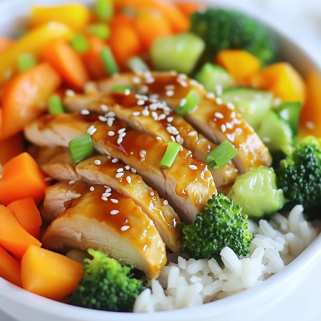 To make a tasty chicken rice bowl, gather these items: - 2 cups cooked jasmine rice - 2 boneless, skinless chicken breasts - 4 cloves garlic, minced - 2 tablespoons olive oil - 1 tablespoon soy sauce - 1 tablespoon honey - 1 teaspoon ginger, grated - 1 teaspoon sesame oil - 2 green onions, chopped - 1 cup mixed vegetables (like bell peppers, broccoli, and carrots) - Salt and pepper to taste - Sesame seeds for garnish You will need some basic tools: - A mixing bowl for marinating - A non-stick skillet for cooking - A sharp knife for slicing - A cutting board for prep - Measuring spoons for accuracy Add some flair with these garnishes: - Extra chopped green onions - Sliced red chili for heat - A drizzle of extra soy sauce - Fresh cilantro for a pop of flavor {{ingredient_image_1}} To start, we need to make the chicken marinade. Grab a bowl and add these ingredients: - 2 cloves of minced garlic - 2 tablespoons olive oil - 1 tablespoon soy sauce - 1 tablespoon honey - 1 teaspoon grated ginger - 1 teaspoon sesame oil Mix them well. This blend adds great flavor. Now, add the two boneless, skinless chicken breasts. Make sure they are coated fully in the marinade. Cover the bowl and let it sit for at least 30 minutes. If you have time, let it marinate for up to 2 hours in the fridge. The longer it sits, the better the flavor. Once your chicken is marinated, it's time to cook it. Heat a non-stick skillet over medium-high heat. When hot, add the chicken breasts. Cook each side for about 6-7 minutes. Look for a golden-brown color. You want the chicken fully cooked. To check, slice into the thickest part. If the juices run clear, you are good to go. Once cooked, take it off the heat. Let the chicken rest for a few minutes before slicing. This helps keep it juicy. Now, letâs move on to the vegetables. In the same skillet, add any remaining minced garlic. Stir it for about 30 seconds. This brings out its flavor. Then add 1 cup of mixed vegetables like bell peppers, broccoli, and carrots. Stir-fry them for about 5 minutes. They should be tender but still crisp. Season with salt and pepper to taste. This adds a nice touch. To get juicy chicken, use boneless, skinless breasts. Marinate them for 30 minutes. For more flavor, let them sit up to 2 hours. Heat your skillet to medium-high. Cook chicken for 6-7 minutes on each side. Look for a golden brown color. Use a meat thermometer to check if itâs 165°F. Let the chicken rest before slicing. This keeps it moist and tender. Garlic is key in this dish. Use fresh garlic for the best taste. Add ginger for a nice kick. The mix of soy sauce and honey gives a sweet and salty flavor. Donât skip the sesame oil; it adds a nutty taste. You can also add a splash of lime juice for brightness. Experiment with your favorite herbs, like cilantro or basil, to add freshness. Start with a scoop of jasmine rice in a bowl. Lay the sliced chicken on top. Add the stir-fried veggies for color and crunch. Drizzle any leftover garlic sauce from the pan over everything. Finish with chopped green onions and sesame seeds. For a fun twist, serve with pickled vegetables. Enjoy this dish warm for the best flavor! Pro Tips Marinate for Maximum Flavor: Allowing the chicken to marinate for at least 1 hour will deepen the flavors. If time permits, marinate overnight for even better results. Perfectly Cooked Chicken: Use a meat thermometer to check for doneness. The chicken should reach an internal temperature of 165°F (75°C) for safety and optimal juiciness. Customize Your Vegetables: Feel free to mix and match your favorite veggies. Seasonal vegetables or frozen mixes can also work well in this dish. Garnish for Presentation: A sprinkle of sesame seeds and freshly chopped green onions not only adds flavor but also enhances the visual appeal of your dish. {{image_2}} You can swap chicken for other proteins. Try using shrimp, beef, or pork. Each protein brings a new flavor. For shrimp, cook them quickly to keep them tender. Beef should be thinly sliced and marinated for the best taste. Pork can be used in a similar way to chicken. The key is to adjust cooking times for each protein. If you want a meatless meal, there are great options. Tofu works wonderfully in this dish. Press the tofu to remove excess water. Then, cut it into cubes, marinate, and cook as you would chicken. Tempeh is another tasty choice. It absorbs flavors well and adds a hearty texture. You can also use mushrooms for a rich, umami flavor. The sauce can change the whole dish. A spicy Sriracha sauce adds heat. You can mix it with soy sauce for a kick. For a sweet twist, try teriyaki sauce. It adds a sticky sweetness that complements the rice. You can also go for a citrus marinade with orange or lime juice. This gives a fresh taste and brightens the meal. Feel free to mix and match sauces based on your mood! After your meal, let the chicken rice bowl cool. Use an airtight container to keep leftovers fresh. Store in the fridge for up to three days. This helps keep the flavors intact and the chicken juicy. If you have extra garlic sauce, store it separately in a small container. To reheat, place your chicken rice bowl in the microwave. Heat it for one to two minutes. Stir halfway through for even warmth. You can also heat it on the stove. Just add a splash of water to keep it moist. Stir over low heat until everything is hot. If you want to save for later, freeze the chicken and rice separately. Use freezer-safe bags or containers. The rice can last up to a month in the freezer. The chicken stays good for about three months. When ready to eat, thaw in the fridge overnight before reheating. I recommend jasmine rice for this chicken rice bowl. Its fluffy and fragrant texture pairs well with the tender chicken and garlic sauce. Jasmine rice cooks nicely and absorbs flavors well. If you prefer, you can also use basmati rice or brown rice as alternatives. Each type offers a unique taste and texture that can enhance your meal. Yes, you can prepare chicken rice bowls in advance. Cook the chicken and vegetables, then store them in the fridge. Keep the rice separate to avoid sogginess. You can assemble the bowls when ready to eat. This method saves time and is great for meal prep. Just reheat everything before serving, and enjoy your tasty dish! To add heat, include more garlic or ginger in your marinade. You can also add red pepper flakes or sriracha for a spicy kick. Another option is to serve the dish with a spicy sauce on the side. Adjust the spice level to match your taste. Experiment to find the right balance that makes your chicken rice bowl exciting! The chicken rice bowl is easy to make and full of flavor. We covered all the key ingredients, from chicken to garnishes. You learned step-by-step how to marinate chicken, cook it well, and stir-fry vibrant veggies. I shared tips for perfect chicken and fun serving ideas. Donât forget the tasty variations and storage tips I listed. This dish allows you to get creative and enjoy fresh meals. Keep experimenting to find your favorite twist on this recipe!