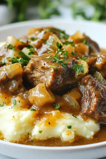 - 2 pounds beef stew meat - 1 onion, diced - 3 cloves garlic, minced - 1 cup beef broth - 1 cup cream of mushroom soup - 2 tablespoons Worcestershire sauce - 2 teaspoons dried thyme - 1 teaspoon paprika - Salt and pepper to taste - 4 tablespoons cornstarch - ¼ cup water In this recipe, the beef stew meat forms the heart of the dish. I use 2 pounds of tender beef. I cut it into 1-inch cubes for even cooking. The onion adds sweetness and depth. Dice it well to blend into the dish. I also add 3 cloves of minced garlic for a robust flavor. For the sauce, I choose 1 cup of beef broth. This gives a rich base. I add 1 cup of cream of mushroom soup. It brings creaminess and umami. Worcestershire sauce adds a tangy kick with just 2 tablespoons. For seasoning, I use dried thyme and paprika. Each adds its own unique touch. I sprinkle salt and pepper to taste, so you can adjust it as needed. To thicken the gravy, I mix 4 tablespoons of cornstarch with ¼ cup of water. This slurry gives the sauce a nice consistency. Gather these ingredients and get ready for a hearty dinner delight! {{ingredient_image_1}} Searing the beef First, heat a large skillet over medium-high heat. Add one tablespoon of olive oil. Once hot, add 2 pounds of beef stew meat. Sear the beef for about 5 to 7 minutes. Make sure to brown all sides. This step gives the beef a rich flavor. After browning, transfer the beef to the crock pot. Sautéing aromatics In the same skillet, add 1 diced onion and 3 minced garlic cloves. Sauté for 2 to 3 minutes. Cook until the onions look soft and slightly clear. This adds a nice depth of flavor to the dish. Creating the sauce In a bowl, mix together 1 cup of beef broth, 1 cup of cream of mushroom soup, and 2 tablespoons of Worcestershire sauce. Add 2 teaspoons of dried thyme, 1 teaspoon of paprika, salt, and pepper to taste. Stir well. Pour this mixture over the seared beef in the crock pot. Cooking the beef tips Cover the crock pot. Cook on low for 6 to 8 hours or on high for 3 to 4 hours. The beef should become tender during this time. Thickening the gravy In the last 30 minutes, mix 4 tablespoons of cornstarch with ¼ cup of water. This creates a slurry. Stir the slurry into the gravy in the crock pot. This will help thicken the sauce nicely. Final touches before serving Once the beef is tender, taste the gravy. Adjust seasonings if needed. Stir gently to coat the beef in the thick gravy. You are now ready to serve your hearty dish! Why is searing important? Searing beef adds a rich flavor and color. It locks in juices, making your beef tender. This step helps create a mouthwatering crust, making each bite more enjoyable. If you're short on time, skip searing. You can place the raw beef directly in the Crock Pot. It will still cook well, but you miss the deep flavors that searing brings. To elevate your dish, consider adding more seasonings. You might try garlic powder, onion powder, or even black pepper. Each will add depth to the gravy. Always taste during cooking. Adjust seasonings as needed. If you find it needs a little more kick, add some hot sauce or red pepper flakes. Remember, it's all about personal taste. What should you serve with beef tips and gravy? Mashed potatoes or rice are great choices. They soak up the tasty gravy perfectly. You could also try egg noodles or polenta for something different. Present your meal nicely by garnishing with fresh parsley. Even a sprinkle of black pepper can add a nice touch. Creating a beautiful plate makes your meal feel special. Pro Tips Pat the Beef Dry: Before searing, make sure to pat the beef cubes dry with paper towels. This helps achieve a better sear, enhancing the flavor. Use Quality Beef Broth: Opt for a low-sodium beef broth or homemade broth for a richer flavor. This will elevate the overall taste of your gravy. Add Vegetables: Consider adding carrots or mushrooms to the crock pot for additional flavor and nutrition. They complement the beef perfectly. Let it Rest: After cooking, let the beef tips rest for about 10 minutes before serving. This allows the juices to redistribute for a more tender bite. {{image_2}} If you want to switch things up, consider using different cuts of beef. Chuck roast is a great choice if you can't find stew meat. It is tender and full of flavor. You can also try using venison for a unique twist. For those who need a dairy-free option, use a dairy-free cream of mushroom soup. You can find many brands that offer this. Alternatively, you can make your own by blending sautéed mushrooms with coconut milk. If you prefer using an Instant Pot, you can cook this dish much quicker. Sear the beef as usual, then add all ingredients. Cook on high pressure for about 35 minutes. Let the pressure release naturally for best results. For stovetop cooking, use a heavy pot. Cook the beef on medium heat for about 1-1.5 hours. Keep an eye on it, and stir often to prevent sticking. Adjust the cooking time based on how tender you like your beef. Different slow cooker models may have varying heat levels. If your slow cooker runs hot, check the beef after 4 hours on low. You want it tender but not overcooked. You can easily change up the flavor of your beef tips. For an Asian-inspired twist, add soy sauce, ginger, and sesame oil. You can also throw in some broccoli or bell peppers for extra color and taste. If you like bold flavors, try adding cumin, chili powder, or smoked paprika for a Southwestern flair. You can even toss in some black beans and corn for a full meal. Each variation allows you to make this dish your own while keeping it delicious. Enjoy experimenting with these ideas! To store leftovers in the fridge, let the beef tips cool. Place the beef and gravy in an airtight container. This keeps the dish fresh and tasty. You can store it for up to three days. If you want to enjoy it later, remember to label the container with the date. For freezing portions, use freezer-safe bags or containers. Make sure to remove as much air as possible. This helps prevent freezer burn. You can freeze the beef tips for up to three months. When you’re ready to eat, thaw it in the fridge overnight before reheating. You can reheat beef tips on the stovetop or in the microwave. On the stovetop, heat it gently over low heat. Stir often to keep it from sticking. In the microwave, use a microwave-safe dish and cover it loosely. Heat in short bursts to avoid overcooking. To keep the flavor and texture, add a splash of beef broth if it seems dry. Enjoy your delicious meal! Cooking beef tips in a Crock Pot takes about 6-8 hours on low and 3-4 hours on high. The low setting gives a more tender result since the beef cooks slowly. If you are short on time, the high setting can work too. Yes, you can skip searing the beef. However, searing adds a nice flavor and color. When you sear, you lock in the juices. The meat also develops a deeper taste. If you don't sear, the dish may taste milder. You can serve beef tips and gravy with many sides. Traditional options include mashed potatoes or rice. These absorb the gravy well. For a twist, try egg noodles or bread. You can also add a side of steamed veggies or a fresh salad for balance. This blog post offers a guide to making delicious beef tips and gravy. We covered key ingredients, including beef stew meat, broth, and seasonings. The step-by-step instructions detail preparation and cooking methods. I shared helpful tips for enhancing flavor and variations to try. Additionally, I provided storage advice to keep leftovers fresh. In the end, exploring this recipe can bring warmth and flavor to your meals. Enjoy the process and make it your own!