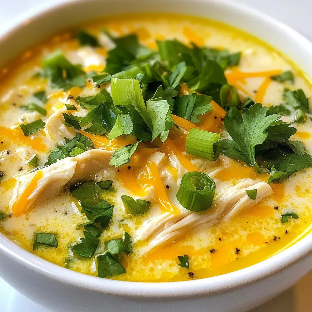- 1 lb boneless, skinless chicken breasts - 4 cups chicken broth (low sodium) - 1 cup cream cheese, softened - 1 cup shredded cheddar cheese - 1 tablespoon ranch seasoning mix - ¼ teaspoon black pepper I love using boneless, skinless chicken breasts for this soup. They cook fast and shred easily, making them perfect for a creamy dish. Chicken broth adds rich flavor and keeps the soup light. Cream cheese gives the soup its creamy texture, while shredded cheddar cheese adds a nice cheesy kick. Ranch seasoning brings all the flavors together, while black pepper adds just the right amount of heat. - ½ cup green onions, chopped - 2 cloves garlic, minced - 1 tablespoon olive oil - ¼ teaspoon cayenne pepper (optional for heat) Adding green onions gives the soup a fresh taste. Garlic adds depth to the flavor. Olive oil is great for sautéing garlic before adding chicken. If you like heat, a pinch of cayenne pepper works wonders. Adjust the amount to suit your taste. - Fresh parsley, chopped Fresh parsley is a lovely touch. It adds color and a burst of freshness. Just sprinkle it on top before serving. It makes the soup look even more inviting. {{ingredient_image_1}} 1. Start by heating 1 tablespoon of olive oil in a large pot over medium heat. The oil helps add flavor and prevents sticking. 2. Add 2 cloves of minced garlic to the pot. Sauté for about 1 minute until it smells great, but be careful not to brown it. 3. Next, raise the heat to medium-high and add 1 pound of boneless, skinless chicken breasts. Sear each side for about 3-4 minutes until they are lightly golden. This step gives the chicken a nice flavor. 1. Pour in 4 cups of low-sodium chicken broth. Bring the mixture to a gentle boil. The broth adds a rich taste and keeps the soup comforting. 2. Once boiling, reduce the heat and cover the pot. Let it simmer for 20-25 minutes. This makes sure the chicken is cooked through and tender. 3. After cooking, remove the chicken from the pot. Use two forks to shred it into bite-sized pieces. Return the shredded chicken back to the pot, mixing it with the broth. 1. Now, it’s time to make it creamy! Stir in 1 cup of softened cream cheese. Mix until it combines well with the broth and melts. 2. Add 1 tablespoon of ranch seasoning, 1 cup of shredded cheddar cheese, and ½ cup of chopped green onions. Also, sprinkle in ¼ teaspoon of black pepper and ¼ teaspoon of cayenne pepper if you like it spicy. 3. Stir well until the cheese melts and the soup is creamy and flavorful. Taste the soup and adjust the seasoning if needed. 4. Let it simmer for an extra 5-10 minutes to heat everything through. The result is a warm, comforting soup ready to enjoy! To make the best Keto Crack Chicken Soup, you need to balance the flavors. Start by tasting as you go. If the soup needs more depth, add a bit more ranch seasoning. Since cream cheese adds richness, it helps create that creamy texture you want. If you like it extra creamy, try adding more cream cheese. Mix it well to ensure it's fully blended. Searing chicken before adding broth builds flavor. This step gives the soup a nice depth. Sear the chicken for about 3-4 minutes on each side. Once it’s golden, pour in the chicken broth. After that, simmer it on low heat. This gentle cook keeps the chicken juicy. To avoid overcooking, check the chicken at 20 minutes. If it’s cooked through, shred it right away. This soup pairs well with simple sides. A fresh salad or steamed veggies works great. You can also serve it with low-carb bread for dipping. For a fun twist, try topping it with crispy bacon bits or extra cheese. Fresh parsley adds a nice touch when serving. You can even serve it in a bread bowl for a special treat. Pro Tips Use Bone-In Chicken: For an even richer flavor, consider using bone-in chicken breasts or thighs. The bones add depth to the broth as it simmers. Pre-Cube Cream Cheese: Cube your cream cheese before adding it to the pot. This helps it melt more evenly and prevents clumping in the soup. Customize the Heat: Adjust the cayenne pepper to suit your taste. Start with a pinch, and add more if you prefer your soup spicier. Fresh Herbs for Garnish: Enhance the flavor and presentation by garnishing with fresh herbs like dill or cilantro, in addition to parsley. {{image_2}} You can switch up the cream cheese for sour cream or Greek yogurt. This change adds a nice tang. For cheese, use mozzarella or pepper jack. These will give a different taste. You can also add more veggies for extra nutrition. Try spinach, kale, or cauliflower. They blend well and boost the soup’s health benefits. Just chop them small and add them in with the chicken broth. Want it spicier? You can add more cayenne pepper. Start with a pinch and taste. If you want more heat, add a little more until it’s just right. You can also use herbs for flavor. Try thyme, oregano, or basil. These fresh herbs can brighten the soup and give it a new twist. If you want a dairy-free version, swap the cream cheese for coconut cream. This keeps it creamy without dairy. You can also use nutritional yeast for a cheesy flavor. To make it paleo-friendly, skip the cream cheese and cheddar. Use more veggies and broth instead. This keeps the soup rich but fits into a paleo diet. Keto Crack Chicken Soup stays fresh in the fridge for about 3 to 4 days. To keep it tasty, cool the soup to room temperature before storing. This helps avoid condensation in the container, which can make the soup watery. Use airtight containers for best results. Label containers with the date so you know when to enjoy it! You can freeze this soup for up to 3 months. For freezing, let the soup cool down fully. Then, pour it into freezer-safe containers. Leave some space at the top for expansion. You can also use freezer bags, removing as much air as possible. When you’re ready to eat, thaw it overnight in the fridge. To reheat, gently warm the soup on the stove over low heat. Stir often to keep the texture smooth. If the soup thickens too much, add a splash of chicken broth or water. You can also microwave it in short bursts, stirring in between. This ensures the soup heats evenly and stays creamy. Yes, you can use frozen chicken breasts. Just remember to adjust the cooking time. If they are frozen, add an extra 10 to 15 minutes to make sure they cook through. This soup is still tasty even with frozen chicken. To add more spice, you can add extra cayenne pepper. Start with a little, then taste as you go. You can also mix in other spices like red pepper flakes or hot sauce. This way, you can make it as spicy as you want! Yes, this soup is great for meal prep. It stores well in the fridge for up to four days. You can reheat it in a pot on the stove or in the microwave. Just make sure to stir well to keep it creamy. Enjoy it for lunch or dinner all week! In this blog post, we explored making Keto Crack Chicken Soup. We covered the essential ingredients like chicken, cream cheese, and broth. I shared tips for perfecting flavor and serving ideas. We also discussed variations and how to adapt the recipe for specific diets. This soup is easy to prepare, versatile, and perfect for meal prep. You can enjoy its creamy goodness while staying true to your diet. Try it today and make it your own!