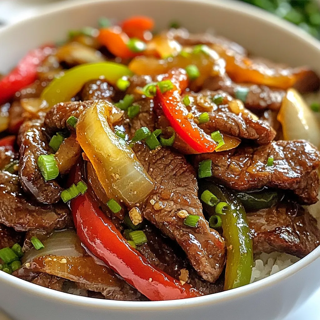 To make Chinese Pepper Steak with Onions, gather these fresh items: - 1 lb flank steak, sliced thinly against the grain - 2 tablespoons soy sauce - 1 tablespoon cornstarch - 1 tablespoon sesame oil - 1 bell pepper (red or green), sliced thinly - 1 large onion, thinly sliced - 3 cloves garlic, minced - 1 teaspoon ginger, minced - 1 tablespoon oyster sauce - 1 teaspoon black pepper - 2 tablespoons vegetable oil - Green onions, chopped (for garnish) If you can't find an ingredient, here are some swaps: - Flank steak can be replaced with sirloin or skirt steak. - Soy sauce can be swapped for tamari for a gluten-free option. - Sesame oil may be replaced with olive oil if needed. - Bell peppers can be any color, or you can use snow peas for a crunch. - Oyster sauce can be omitted or replaced with soy sauce for a lighter flavor. Using fresh ingredients makes a big difference in flavor. Here's what to look for: - Choose flank steak that is bright red with a bit of marbling. - Pick bell peppers that are firm and shiny with no blemishes. - Select onions that are heavy for their size with dry, papery skins. - Fresh garlic should be firm and plump, while ginger should be smooth and unblemished. - Always check the expiration dates on sauces and oils for the best taste. {{ingredient_image_1}} First, take your flank steak and slice it thinly. Cutting against the grain helps it stay tender. Place the sliced steak in a bowl. Add 2 tablespoons of soy sauce and 1 tablespoon of cornstarch. Mix well so all the pieces get coated. Let it marinate for about 15 to 20 minutes. This step adds flavor and helps tenderize the meat. Next, heat 1 tablespoon of sesame oil in a large skillet or wok over medium-high heat. Once hot, add the marinated steak. Spread it out in a single layer. Let it sear for 2 to 3 minutes until it turns brown. This step locks in the juices and gives a nice flavor. After browning, remove the steak from the skillet and set it aside. In the same skillet, add 2 tablespoons of vegetable oil. Once the oil is hot, toss in the sliced onions and bell pepper. Add 3 cloves of minced garlic and 1 teaspoon of minced ginger. Sauté these for 4 to 5 minutes. You want the veggies to become tender but still crisp. This stage adds color and texture to your dish. Now, it’s time to bring everything together. Return the cooked steak to the skillet with the veggies. Pour in 1 tablespoon of oyster sauce and sprinkle 1 teaspoon of black pepper. Stir-fry for another 2 minutes. This ensures the steak is cooked through and the sauce coats everything well. Once done, remove it from the heat and garnish with chopped green onions. Enjoy your delicious Chinese pepper steak with onions! To get the best steak, choose flank steak. Slice it thinly against the grain. This makes the meat tender. Marinate it for at least 15 minutes. Use soy sauce and cornstarch in your marinade. The cornstarch helps keep the steak juicy. When cooking, make sure the skillet is hot. Sear the steak for 2-3 minutes. Don't overcrowd the pan; this helps it brown nicely. Add depth to your dish by using fresh ingredients. Minced garlic and ginger bring great taste. Using sesame oil gives a nice nutty flavor. For more umami, oyster sauce is a must. Feel free to mix in other veggies, like carrots or snap peas. A splash of vinegar can brighten the dish too. Don't forget to finish with chopped green onions for freshness. One mistake is not marinating long enough. This can lead to bland steak. Another error is cooking the steak too long. Overcooked meat becomes tough. Make sure to use high heat when searing. Avoid using too much oil; it can make the dish greasy. Lastly, don't skip the green onions. They add color and flavor to your meal. Pro Tips Marinate for Flavor: Allow the steak to marinate for at least 20 minutes to enhance the flavor and tenderness of the meat. High Heat for Searing: Ensure your skillet or wok is hot enough before adding the steak; this will help achieve a nice sear and lock in the juices. Veggie Crunch: Don’t overcook the vegetables; they should remain slightly crisp for the best texture and flavor contrast with the beef. Garnish for Freshness: Finish the dish with freshly chopped green onions; they add a pop of color and a fresh flavor that brightens the meal. {{image_2}} You can easily change the protein in this dish. Instead of flank steak, you can use chicken, pork, or shrimp. Each protein will bring its own flavor and texture. - Chicken: Use boneless, skinless chicken breast, cut into thin strips. Marinate it just like the steak. - Pork: Thinly slice pork tenderloin. It cooks fast and gets tender quickly. - Shrimp: Use peeled, deveined shrimp. Add them to the skillet last, cooking just until pink. If you want a meat-free meal, there are great veggie options. Tofu is a perfect choice. - Tofu: Use firm tofu for a hearty texture. Press it to remove extra moisture, then cut into cubes. Marinate like steak and follow the same cooking steps. - Mushrooms: Try using a mix of shiitake and button mushrooms for depth of flavor. Sauté them until tender. - Seitan: This wheat-based protein has a chewy texture. Slice it thin and treat it like meat in the recipe. You can adjust the flavors in this dish to fit your taste. - Spicy: Add sliced jalapeños or a dash of chili flakes for heat. - Sweet: Mix in a splash of honey or add some sliced carrots for natural sweetness. - Herbs: Fresh cilantro or basil can add a fresh touch. Sprinkle them on top just before serving. These variations keep the dish fun and exciting for everyone at your table. After you cook your Chinese pepper steak, let it cool down. Place it in an airtight container. This keeps it fresh. Store it in the fridge for up to three days. Make sure to eat it within this time for the best taste. To reheat, you can use a microwave or a skillet. If using a microwave, place the steak in a bowl. Cover it with a lid or a damp paper towel. Heat on medium power for 1-2 minutes. Stir halfway through. If using a skillet, heat it on medium heat. Add a splash of water or oil to keep it moist. Stir until it's hot. This helps keep the flavors intact. You can freeze your pepper steak if you want to save some for later. Allow it to cool completely. Place it in a freezer-safe bag or container. Squeeze out any air before sealing. It can stay in the freezer for up to three months. When ready to eat, thaw it in the fridge overnight before reheating. This keeps the taste fresh and delicious. You can serve this dish with plain white rice or fried rice. The rice soaks up the sauce well. You might also enjoy it with steamed broccoli or sautéed bok choy. If you want something different, try serving it with noodles. This adds a nice twist and extra flavor. To make this dish gluten-free, use tamari instead of soy sauce. Tamari is a great substitute that still provides the same salty flavor. You should also check your oyster sauce for gluten. Some brands offer gluten-free options. Always read the label to be sure. Yes, you can make this dish ahead of time. Cook the steak and vegetables, then cool them down. Store them in the fridge for up to three days. When you’re ready to eat, just reheat it in a skillet. This saves you time on busy days and still tastes great! This blog post covered the key steps to make Chinese Pepper Steak with Onions. We discussed ingredients, marinating and cooking methods, and tips for a perfect dish. I shared ways to customize your recipe and how to store leftovers. Remember, using fresh ingredients and avoiding common mistakes boosts flavor. Whether you're a beginner or experienced cook, you can impress with this dish. Enjoy your cooking journey and make it your own!