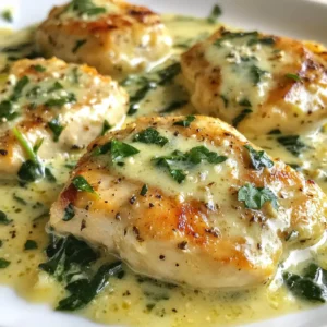 - 4 boneless, skinless chicken breasts - 2 tablespoons olive oil - 4 cloves garlic, minced - 1 cup fresh spinach, chopped For this dish, chicken breasts are the star. They provide a great base for the creamy sauce. I use boneless and skinless chicken to keep it simple and healthy. Olive oil helps to cook the chicken perfectly. Garlic delivers a strong flavor that pairs well with spinach. Fresh spinach adds color and nutrition to the meal. - 1 cup heavy cream - 1/2 cup grated Parmesan cheese Heavy cream gives the sauce its rich and creamy texture. You want a nice balance of creaminess and flavor. Parmesan cheese adds a salty and nutty taste that enhances the overall dish. These two creamy elements create a sauce that clings to the chicken perfectly. - 1 teaspoon Italian seasoning - Salt and pepper - Fresh parsley for garnish Italian seasoning brings warmth and aroma to the dish. Salt and pepper enhance the flavors, making the meal pop. Fresh parsley adds a bright touch on top, making the dish look inviting. This simple combination of seasonings elevates the creamy spinach garlic chicken to a new level. {{ingredient_image_1}} Seasoning the chicken Start by seasoning the chicken breasts. Sprinkle salt and pepper on both sides. This simple step adds great flavor. Cooking the chicken Heat two tablespoons of olive oil in a large skillet over medium heat. Once hot, add the seasoned chicken. Cook for about 6-7 minutes on each side. Look for a golden brown color. When cooked through, remove the chicken from the skillet and set it aside. Sautéing garlic and spinach In the same skillet, add four minced garlic cloves. Sauté for about one minute. Be careful not to burn the garlic, as it can taste bitter. Next, reduce the heat to low and add one cup of chopped fresh spinach. Cook for 2-3 minutes until the spinach wilts down. Incorporating heavy cream and cheese Pour in one cup of heavy cream and stir well. Then, add half a cup of grated Parmesan cheese along with one teaspoon of Italian seasoning. Mix until the cheese melts and the sauce becomes creamy. Returning chicken to the skillet Return the cooked chicken breasts to the skillet. Spoon the creamy sauce over the chicken. This step coats the chicken in rich flavor. Simmering and adjusting seasoning Let the dish simmer for 3-4 minutes to heat through. Taste the sauce and adjust the seasoning if needed. Add more salt or pepper for extra flavor. - Avoiding burnt garlic: Keep an eye on the garlic. It cooks quickly. When you add it to the pan, stir often. If it turns brown, it will taste bitter. Remove it from heat as soon as it smells good. - Properly cooking chicken breasts: Cook chicken over medium heat. This keeps it juicy. If you cook on high heat, the outside may burn. Flip the chicken after 6-7 minutes. It should be golden brown. Make sure it is cooked through by checking the center. - Suggested additional seasonings: You can add a pinch of red pepper flakes for heat. A dash of lemon juice brightens the dish. Fresh thyme or basil also adds great flavor. Try different herbs to find your favorite mix. - Pairing options for sides: Creamy Spinach Garlic Chicken goes well with rice or pasta. A side salad adds freshness. You can serve it with garlic bread for a hearty meal. Roasted vegetables also make a great choice. - Garnishing ideas: Fresh parsley adds color and freshness. Chop it finely and sprinkle on top. You can also use lemon wedges for a pop of color. Consider adding a sprinkle of extra Parmesan for a rich look. - Serving suggestions: Serve the chicken on a large platter. Pour the creamy sauce over the chicken. Arrange the sides around it for a beautiful spread. This makes the meal look inviting and delicious. Pro Tips Perfectly Cooked Chicken: Ensure your chicken breasts are of even thickness for uniform cooking. You can pound them slightly if needed. Fresh Spinach Substitute: If fresh spinach is not available, you can use frozen spinach. Just make sure to thaw and drain it well before adding it to the skillet. Make It Lighter: For a lighter version, substitute heavy cream with half-and-half or a low-fat cream alternative. Flavor Boost: To enhance the flavor, consider adding a splash of white wine or lemon juice to the sauce before adding the cream. {{image_2}} You can easily swap ingredients in this dish. Try using different greens. Kale and Swiss chard are great options. They add unique flavors and nutrients. For proteins, you can switch to shrimp or tofu. Both work well with the creamy sauce. Shrimp cooks fast and adds a nice touch. Tofu is a great choice for a vegan meal. To change the flavor, consider adding sun-dried tomatoes. They bring a sweet and tangy taste. Just chop them and stir them in with the spinach. Mushrooms also make a tasty addition. They add a meaty texture and earthy flavor. Sauté them with the garlic for the best result. If you need a dairy-free version, use coconut cream instead of heavy cream. This keeps it creamy while adding a hint of coconut flavor. For low-carb options, skip the heavy cream and use cauliflower puree. It still gives a rich, creamy texture without the carbs. You can enjoy a lighter meal that still tastes great. You can store leftovers in the fridge. First, let the chicken cool down. Place it in an airtight container. This helps keep the dish fresh. Glass or plastic containers work well. They keep moisture in and flavors strong. If you want to freeze the chicken, it's easy. Wrap the cooked chicken tightly in foil or plastic wrap. Place it in a freezer-safe bag. Press out excess air to prevent freezer burn. When you're ready to eat, thaw it in the fridge overnight. Reheat the chicken in a skillet over low heat. Add a splash of cream to keep it moist. You can also use the microwave. Heat it in short bursts, stirring often. In the fridge, this dish lasts about 3-4 days. Make sure to check for signs of spoilage. If it smells strange or looks off, it's best to discard it. In the freezer, it can last up to 3 months. After that, the quality may decline. Always trust your senses when it comes to food safety. Yes, you can use frozen spinach. Just make sure to thaw and drain it well. Frozen spinach can save time and still taste great. However, it may release more water. Adjust the sauce if needed to keep it creamy. This dish pairs well with several sides. Here are some ideas: - Rice or quinoa for a hearty base - Mashed potatoes for a creamy touch - Pasta to soak up the sauce - Steamed vegetables for a healthy crunch - Salad for a fresh contrast To add heat, try these methods: - Add red pepper flakes when cooking the garlic. - Mix in a dash of hot sauce with the cream. - Use spicy Italian sausage instead of chicken. - Incorporate jalapeños or fresh chili peppers into the sauce. Feel free to experiment to find your perfect spice level! This blog post covers a tasty Creamy Spinach Garlic Chicken recipe. You learned about key ingredients like chicken, garlic, and cream, and how to cook them step by step. I shared helpful tips for cooking, flavor boosts, and ways to switch things up with variations. Remember to store leftovers properly and check for spoilage signs. This dish is not just simple; it’s also adaptable for different tastes and diets. Enjoy creating this meal, and make it your own!