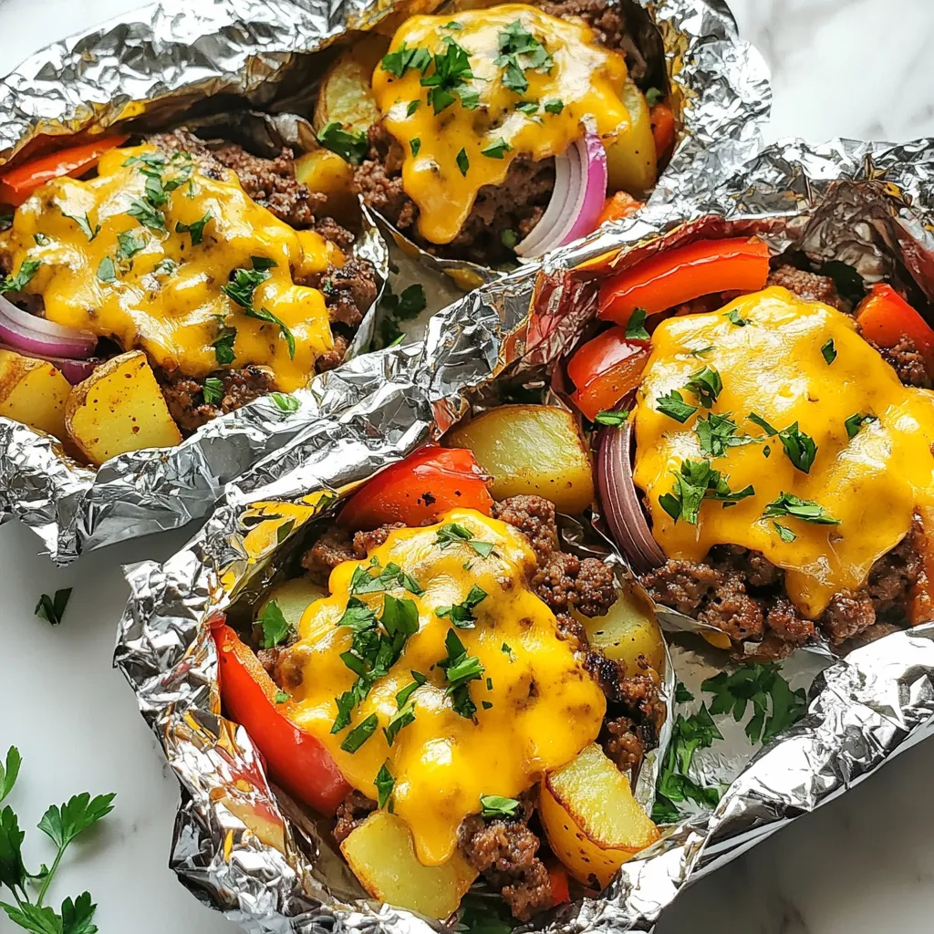 - 1 lb ground beef - 1 cup diced bell peppers (mix of colors) - 1 cup diced red onion - 1 cup small potato cubes (pre-cooked if desired for faster cooking) - 1 cup shredded cheddar cheese - 2 tablespoons Worcestershire sauce - 1 teaspoon garlic powder - 1 teaspoon onion powder - Salt and pepper to taste - Fresh parsley Gathering the right ingredients is key to making great Burger Dinner Foil Packets. You can start with one pound of ground beef, which serves as the base. I like to mix in diced bell peppers for color and crunch. Use a mix of red, yellow, and green for a vibrant dish. A cup of diced red onion adds a sweet bite, and a cup of small potato cubes helps fill you up. For flavor, Worcestershire sauce gives a nice umami boost. Garlic and onion powders enhance the taste without extra prep. Don't forget salt and pepper; they bring all the flavors together. Finally, I always add a cup of shredded cheddar cheese on top. It melts beautifully and adds creaminess. If you want to make it look nice, sprinkle some fresh parsley on top before serving. It adds color and a fresh taste. These ingredients come together to create a simple and tasty meal that everyone will love. {{ingredient_image_1}} - Mixing the beef mixture Start by taking a large mixing bowl. Add 1 pound of ground beef into the bowl. Then, pour in 2 tablespoons of Worcestershire sauce. Next, sprinkle 1 teaspoon of garlic powder and 1 teaspoon of onion powder into the mix. Add salt and pepper to taste. Use your hands or a spoon to mix everything until just combined. Be careful not to over-mix; this keeps the burgers tender. - Chopping vegetables and potatoes Now, grab your knife and cutting board. Dice 1 cup of colorful bell peppers and 1 cup of red onion into small pieces. Then, take your pre-cooked potatoes and cut them into small cubes. This step makes sure all your ingredients cook evenly. - Cutting aluminum foil sheets Take 4 large sheets of aluminum foil. Each sheet should be big enough to hold all your tasty fillings. Lay them flat on your work surface. - Portioning the beef mixture Place about ÂŒ pound of the beef mixture in the center of each foil sheet. Make sure to spread it out a bit. Next, add equal amounts of the chopped bell peppers, red onion, and potato cubes on top of the beef. - Preheating the grill or oven Before cooking, preheat your grill or oven to 400°F (200°C). This step helps everything cook quickly and evenly. - Cooking time and temperature Once your grill or oven is hot, place the foil packets inside. Cook them for about 25-30 minutes. You want the beef to be fully cooked. The internal temperature should reach 160°F (70°C). After cooking, carefully open the packets to release steam. Sprinkle 1 cup of shredded cheddar cheese on top of each packet. Close the packets again and let them sit for another 5 minutes to melt the cheese. To make the best burger mixture, avoid over-mixing. If you mix too much, your burgers can become tough. Just blend until the ingredients are combined. It should feel soft but not sticky. You can customize your seasoning to taste. Add more garlic powder or Worcestershire sauce if you want extra flavor. Don't be afraid to taste the raw mixture. This helps you find the right balance. You can grill or bake these packets. If you grill, heat it to 400°F. Place the packets on the grill and close the lid. For the oven, preheat to 400°F as well. Cooking time can vary. Thicker cuts of beef may need a few extra minutes. Always check the internal temperature. It should reach 160°F for safe eating. These burger packets pair well with sides and sauces. Try serving them with a fresh salad or some crispy fries. You can also add your favorite dipping sauce. Ketchup, mustard, or ranch dressing works great. For a special touch, add sliced pickles or avocado on top before serving. Enjoy your meal with a cold drink for the perfect finish. Pro Tips Choose Your Beef Wisely: For the juiciest burgers, opt for ground beef with a fat content of around 80/20. This will keep your patties moist and flavorful. Pre-cook Potatoes for Faster Cooking: Using pre-cooked potato cubes will not only speed up the cooking time but also ensure that your potatoes are perfectly tender. Seal the Packets Tightly: Make sure your foil packets are sealed well to trap in the steam, which helps cook the ingredients evenly and keeps them juicy. Experiment with Seasonings: Donât hesitate to add your favorite spices or herbs to the beef mixture for an extra flavor boost. Try adding smoked paprika or Italian seasoning! {{image_2}} You can switch up the meat in your burger packets. Ground turkey or chicken works great. They are leaner and still tasty. If you want a vegetarian meal, try using black bean or lentil patties. These alternatives add a nice twist and are full of flavor. Spices can take your packets to the next level. Try adding chili powder or hot sauce for some heat. You can also mix in different cheeses. Gouda or pepper jack can give a nice kick. Experiment with flavors and find what you like best! Use seasonal veggies to change the taste. Fresh zucchini or squash adds a nice crunch. You can also add corn for sweetness. This keeps your meal fresh and colorful. Feel free to get creative with the veggies you choose! After your meal, let the foil packets cool down. Place any leftovers in an airtight container. Store them in the fridge for up to three days. To reheat, I suggest using the oven. Preheat it to 350°F (175°C) and heat for about 15 minutes. You can also use the microwave. Just make sure to remove any foil before microwaving. You can freeze the cooked packets if you want to save some for later. First, let them cool completely. Then wrap each packet tightly in plastic wrap. Place them in a freezer-safe bag or container. They can last up to three months in the freezer. To thaw, move them to the fridge overnight. If you want to cook from frozen, preheat your oven to 400°F (200°C) and add 10 extra minutes to the cooking time. In the fridge, your burger dinner foil packets will stay fresh for about three days. If you freeze them, they will keep well for up to three months. Always check for any signs of spoilage before using leftovers. Yes, you can make these packets ahead. Assemble them and store in the fridge for up to 24 hours. This saves time on busy days. Just remember to cook them within a day for best taste and safety. If you lack aluminum foil, try parchment paper. It can hold moisture well. You can also use reusable silicone bags or baking dishes with lids. Each option works but may change cooking times. Check the internal temperature with a meat thermometer. It should reach 160°F (70°C). If you donât have one, cut into the burger. It should be brown inside, with no pink showing. Yes! Swap potatoes for cauliflower or zucchini. Both add flavor and texture without the carbs. You can also use lean ground turkey or chicken to lower fat content. Absolutely! Preheat your oven to 400°F (200°C). Place the foil packets directly on the oven rack or a baking sheet. Cook as directed for 25-30 minutes. Enjoy the same tasty results! In this post, we covered how to make simple foil packets using ground beef and veggies. You learned about the main ingredients, seasonings, and steps to create perfect packets. We also discussed tips for cooking and storing leftovers. Mix and match ingredients to suit your taste. With these easy pointers, you can enjoy delicious meals any time. Remember, these packets are all about fun and flavor! Enjoy your cooking adventure ahead.