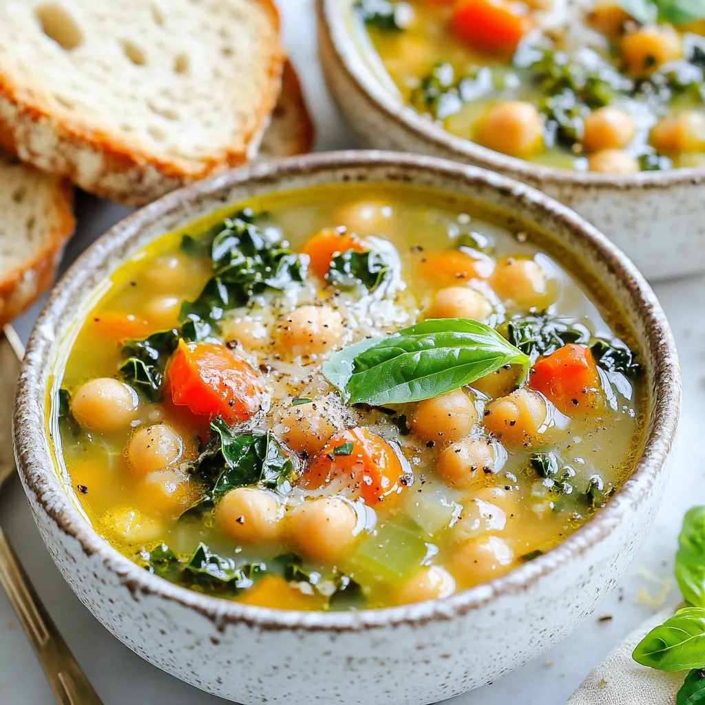 To make a delicious Tuscan Chickpea Soup, gather these fresh ingredients: - 1 can (15 oz) chickpeas, drained and rinsed - 2 tablespoons olive oil - 1 medium onion, chopped - 2 cloves garlic, minced - 2 carrots, diced - 2 celery stalks, diced - 1 can (14 oz) diced tomatoes, with juice - 4 cups vegetable broth - 1 cup kale, chopped - 1 teaspoon dried oregano - 1 teaspoon dried thyme - Salt and pepper to taste - Fresh basil leaves for garnish - Grated Parmesan cheese (optional for serving) Each ingredient plays a key role in creating a flavorful dish. The chickpeas add protein and creaminess. Olive oil brings richness and depth. The onion and garlic provide a strong base of flavor. Carrots and celery add sweetness and crunch. Diced tomatoes bring acidity and color. Vegetable broth gives the soup its heartiness. Kale not only adds nutrition but also a lovely green color. Spices like oregano and thyme elevate the dish. Lastly, fresh basil and Parmesan add a beautiful touch when serving. Gather these ingredients, and you are ready to create a warm bowl of Tuscan Chickpea Soup! {{ingredient_image_1}} Start by heating the olive oil in a large pot over medium heat. Once it's hot, add the chopped onion. Sauté it for about 3 to 4 minutes. You want the onion to become soft and clear. Next, stir in the minced garlic, diced carrots, and diced celery. Cook these for another 5 minutes. This mix will start to soften and smell great. Now, add the rinsed chickpeas and the can of diced tomatoes, juice included. Stir everything well to combine. Then, pour in the vegetable broth. Bring the mixture to a boil. Once it bubbles, reduce the heat and let it simmer. Add chopped kale, dried oregano, and thyme. Season with salt and pepper to taste. Let it simmer for 20 to 25 minutes. This time helps all the flavors mix together well. In this soup, the chickpeas are a star. They add protein and make the soup filling. The diced tomatoes add a nice sweetness and acidity. The vegetable broth binds everything together, giving a rich base. As you stir in the chickpeas and tomatoes, you create a hearty mixture. Each bite will burst with flavor, thanks to the herbs and veggies. After simmering, it's time to taste the soup. Adjust the seasonings if needed. Adding more salt or pepper can enhance the flavor. When ready to serve, ladle the soup into bowls. Top each bowl with fresh basil leaves. If you like, sprinkle some grated Parmesan cheese on top. This extra touch makes the soup even more special. Enjoy your warm, flavorful bowl of Tuscan Chickpea Soup! To get the best taste from your Tuscan chickpea soup, use fresh ingredients. Start by heating olive oil in a large pot. Cook the onion for 3-4 minutes until it softens. Add garlic, carrots, and celery next. Sauté these for 5 minutes. This builds a strong base flavor. When you add the chickpeas and tomatoes, stir well to mix. Pour in vegetable broth and bring it to a boil. This step is vital for a rich taste. After boiling, lower the heat to simmer. Let it cook for 20-25 minutes. This slow cooking helps flavors blend. Serve your soup in rustic bowls for a cozy feel. Top with fresh basil leaves for a pop of color and taste. A sprinkle of grated Parmesan cheese adds richness. Pair your soup with crusty bread for a complete meal. A light white wine like Pinot Grigio works well too. This combination enhances the flavors of the soup and makes your meal special. You need a few simple tools to make this soup. A large pot is essential for cooking. A good knife helps with chopping veggies. Use a cutting board to keep your workspace tidy. A ladle makes serving easy. Lastly, store leftovers in airtight containers. This keeps your soup fresh for later. Pro Tips Fresh Ingredients: Always use fresh vegetables and herbs for the best flavor. Fresh kale, in particular, can elevate the dish significantly. Adjusting Consistency: If you prefer a thicker soup, blend a portion of the chickpeas and return them to the pot to create a creamier texture. Flavor Enhancements: Experiment with spices like smoked paprika or a pinch of red pepper flakes for an extra kick in flavor. Make Ahead: This soup tastes even better the next day! Prepare it in advance and store it in the refrigerator to let the flavors meld. {{image_2}} If you want a twist, you can swap chickpeas for other beans. White beans or lentils work well. They both add great texture. For the broth, try chicken broth or even water if you're in a pinch. Just remember, the flavor may change a bit. To make the soup heartier, add proteins. You can stir in cooked chicken or sausage. These meats blend well with the chickpeas. For a veggie option, add tofu. Cut it into small cubes and let it soak up the broth's flavor. You can customize the taste with herbs and spices. If you like it spicy, add red pepper flakes. Fresh herbs like rosemary or parsley can give a bright flavor. You can also try adding a splash of lemon juice for a citrus kick. Experiment until you find your perfect mix! To store leftover Tuscan Chickpea Soup, let it cool first. Then, place it in an airtight container. It will stay fresh in the fridge for about 3 to 4 days. Make sure to label the container with the date. This way, you know when to enjoy it again. For best taste, eat it within the first few days. If you want to save the soup for later, freezing is a great option. Use a freezer-safe container or freezer bags for best results. Leave some space at the top of the container. This allows the soup to expand when it freezes. You can freeze it for up to 3 months. When you're ready to eat, just thaw it in the fridge overnight. When it’s time to heat up the soup, you have a few options. The best way is on the stove. Pour the soup into a pot over low heat. Stir it often until it's hot. This keeps the flavor and texture nice. You can also use a microwave. Just put the soup in a microwave-safe bowl. Heat it in short bursts, stirring in between, until it's warm. Enjoy it with fresh basil and a sprinkle of cheese! What is Tuscan Chickpea Soup? Tuscan Chickpea Soup is a hearty dish made with chickpeas, vegetables, and spices. It brings together the rich flavors of Italy. The soup usually includes tomatoes, kale, and herbs. This dish is warm, filling, and perfect for any meal. Can I make this soup vegetarian? Yes, this soup is already vegetarian. It uses vegetable broth instead of meat broth. You can enjoy it with peace of mind knowing it’s plant-based. How long does it take to cook? The total cooking time is about 40 minutes. You need 15 minutes for prep and 25 minutes for simmering the soup. It’s quick and easy for a busy day. Chickpeas are a great source of protein and fiber. One can of chickpeas has around 210 calories. They help keep you full and satisfied. Chickpeas also provide iron and magnesium, which are good for your health. Eating chickpeas can support heart health and digestion. Plus, they are low in fat. If your soup is too thick, add more vegetable broth or water. If it’s too salty, add a bit of sugar to balance the taste. If you want a different flavor, try adding lemon juice. For extra texture, blend part of the soup and mix it back in. This gives a creamy touch without using cream. In this blog post, we covered how to make Tuscan Chickpea Soup, starting with key ingredients, step-by-step cooking instructions, and useful tips. We explored flavor variations, storage options, and answered common questions. This soup is not just tasty; it’s also healthy and easy to make. With a few simple steps, you can enjoy a warm bowl of comfort. So, grab your ingredients and start cooking this delicious dish today!