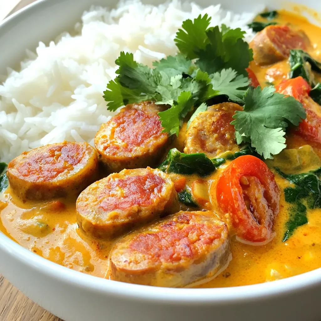 - 4 spicy chicken sausages, sliced - 1 tablespoon olive oil - 1 medium onion, diced - 2 cloves garlic, minced - 1 tablespoon fresh ginger, grated - 2 medium tomatoes, diced - 1 can (400ml) coconut milk - 2 teaspoons curry powder - 1 teaspoon garam masala - 1 teaspoon turmeric - 1 cup spinach leaves, roughly chopped - Salt and pepper to taste - Fresh cilantro for garnish - Cooked rice or naan for serving You will need a large skillet for cooking. A sharp knife helps with slicing sausages and dicing veggies. A cutting board is essential for prep work. A wooden spoon or spatula is great for stirring. Feel free to add more spices to suit your taste. A pinch of chili flakes can add heat. You might try lime juice for a fresh twist. Peas or bell peppers can boost color and flavor. {{ingredient_image_1}} Start by heating olive oil in a large skillet over medium heat. Add the diced onion. Sauté the onion for about five minutes until it is soft and clear. Next, add the minced garlic and grated ginger. Cook for one more minute to bring out their flavors. Now, stir in the sliced sausages. Cook these until they are brown on all sides. This should take about seven to eight minutes. Once browned, mix in the diced tomatoes. Then, pour in the coconut milk. Add the curry powder, garam masala, and turmeric. Stir everything well and let it simmer for ten minutes. This helps the flavors blend nicely. Lastly, taste the mixture and add salt and pepper as needed. Toss in the chopped spinach. Cook for another two to three minutes until the spinach wilts. For the best flavor, don't rush the browning of the sausages. This step adds a nice depth to the dish. Make sure to spread the sausages in a single layer in the pan. This allows them to brown evenly. If your pan is crowded, the sausages will steam instead of brown, which is not what you want. Simmering is key to making the flavors pop. After adding the coconut milk and spices, keep the heat low. This allows the spices to infuse into the dish. Stir occasionally to prevent sticking. Letting it simmer for ten minutes gives the dish a rich taste. Be patient; good things take time! To boost the taste of your curried sausages, use fresh ingredients. Fresh garlic and ginger add a punch. You can also try different spices. Adding more curry powder or garam masala can change the flavor. For a richer taste, add a splash of lime juice. A sprinkle of fresh cilantro on top brightens the dish. You can also make it creamier by stirring in more coconut milk. One big mistake is cooking too fast. Sausages should brown slowly for the best taste. Don’t skip the onion; it adds sweetness. Avoid adding too much salt at first. Taste as you go to find the right balance. Another mistake is not letting it simmer long enough. This step helps the flavors mix well. If you’re short on time, prep your ingredients ahead. You can chop onions and garlic the night before. Also, using pre-cooked sausages can cut down cooking time. One-pot meals save on cleanup too. Cook everything in the same skillet to keep it easy. Lastly, serve curried sausages over instant rice or with store-bought naan. Pro Tips Use Fresh Spices: Freshly ground spices will enhance the flavor profile of your curry, making it more aromatic and vibrant. Adjust Spice Level: Feel free to add more chili or a pinch of cayenne pepper if you like your curry extra spicy! Let It Simmer: Allowing the curry to simmer for a bit longer can deepen the flavors, so don't rush this step. Garnish for Freshness: A sprinkle of fresh cilantro not only adds color but also enhances the overall taste with its bright flavor. {{image_2}} You can use many types of sausages for curried sausages. Try pork, beef, or turkey sausages. Each type brings its own flavor. For a milder taste, use chicken sausages. For a spicier kick, look for chorizo or Andouille. The key is to choose sausages that you enjoy. Each type will change the dish slightly, adding your own twist. You can easily make this dish vegetarian or vegan. Use plant-based sausages made from soy or pea protein. These options mimic the texture of meat sausages well. Instead of coconut milk, try cashew cream for a dairy-free choice. You can also add more vegetables, like bell peppers or zucchini, to enhance the dish. This way, you keep the meal hearty while sticking to plant-based ingredients. Adjusting the spices changes the flavor of curried sausages. If you love heat, add more curry powder or fresh chili peppers. For a milder version, reduce the spices or use sweet curry powder. You can also add different spices like cumin or coriander for a unique taste. Experimenting with these flavors lets you personalize the dish. Enjoy discovering your perfect balance of spices! Store leftover curried sausages in an airtight container. Let them cool first. Refrigerate within two hours of cooking. They will stay fresh for about three days. Label your container with the date. This helps you remember when to eat them. To reheat, place the curried sausages in a skillet. Add a splash of water or coconut milk to keep them moist. Heat on medium-low until warm. Stir often to avoid burning. You can also use a microwave. Heat in a bowl for 1-2 minutes. Cover with a lid or wrap to keep steam in. You can freeze curried sausages for later meals. First, cool completely and store in a freezer-safe container. Use freezer bags for easy storage. Remove as much air as possible. Label the bag with the date and contents. They can last up to three months in the freezer. To cook, thaw in the fridge overnight before reheating. Yes, you can use different sausages. Try pork, turkey, or even vegetarian options. Each type brings its own flavor. Just make sure to cook them until they are browned. This adds depth to your dish. Curried sausages pair well with rice or naan. The rice absorbs the sauce nicely. You can also serve it with a simple salad or steamed veggies. These sides add freshness and balance to the meal. To adjust the spice level, use mild sausages or reduce curry powder. You can also add a touch of sugar to balance heat. If you like it spicy, add more curry powder or red pepper flakes. Taste as you go to find your perfect level. Yes, you can make this dish ahead of time. Store it in the fridge for up to three days. Reheat gently on the stove or in the microwave. The flavors may deepen, making it even more tasty! Curried sausages are easy and fun to make. You learned about the key ingredients and needed tools. I shared how to cook them step-by-step, with tips for great flavor. We covered variations for everyone, whether you prefer meat or plant-based options. Plus, I provided advice on storage and reheating. Now, you can enjoy curried sausages that suit your taste. With practice, you will create a dish that impresses every time!