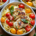 - Chicken and Pasta Components - 2 chicken breasts, boneless and skinless - 8 ounces fettuccine pasta - Sauce Ingredients - 1 cup cherry tomatoes, halved - 1 cup heavy cream - ½ cup parmesan cheese, grated - 2 tablespoons olive oil - 3 cloves garlic, minced - Seasoning and Garnish - 1 teaspoon dried basil - 1 teaspoon oregano - Salt and pepper to taste - Fresh basil leaves for garnish The ingredients for Marry Me Chicken Pasta are simple yet flavorful. You will need chicken breasts and fettuccine pasta as the base. The sauce shines with heavy cream and parmesan, making it rich and creamy. Cherry tomatoes add sweetness and brightness to the dish. Fresh garlic gives it a lovely aroma. For seasoning, dried basil and oregano bring out the Italian flavors. You can adjust the salt and pepper to your taste. Finally, use fresh basil leaves as a garnish for a pop of color and extra flavor. Gather these ingredients, and you're ready to make a dish that will impress anyone! {{ingredient_image_1}} To cook the fettuccine, follow the package directions. This usually takes about 10-12 minutes. You want the pasta to be al dente, which means it should still have a slight bite to it. Before you drain the pasta, remember to reserve ½ cup of the pasta water. This water adds flavor and helps the sauce cling to the pasta. While the pasta cooks, season your chicken breasts. Use salt, pepper, dried basil, and oregano. Rub these seasonings all over the chicken for great flavor. Next, heat 2 tablespoons of olive oil in a large skillet over medium-high heat. Once hot, place the chicken breasts in the skillet. Sear them for 5-7 minutes on each side. Look for a golden brown color and ensure they are cooked through. After cooking, remove the chicken and let it rest. This keeps it juicy. In the same skillet, add 3 cloves of minced garlic. Sauté for about 1 minute until it smells great. Then, add 1 cup of halved cherry tomatoes. Cook them for 3-4 minutes. You want them to soften but not fall apart. Now, lower the heat and pour in 1 cup of heavy cream. Gently bring it to a simmer. Whisk in ½ cup of grated parmesan cheese. Keep stirring until the sauce is creamy and smooth. If it seems too thick, add some of that reserved pasta water. This will help reach your desired consistency. Once your sauce is ready, toss the cooked fettuccine into the skillet. Mix well to coat the pasta in the creamy sauce. For a lovely presentation, slice the rested chicken breasts and lay them over the pasta. To finish, garnish with fresh basil leaves. This adds a nice touch and flavor. Serve the dish in deep bowls, and consider adding extra parmesan and a drizzle of olive oil on top. Enjoy your meal! - Ensuring Juicy Chicken Breasts: Start by brining the chicken for 15 to 30 minutes. Use salt water to help keep the meat moist. Always let the chicken rest for a few minutes after cooking. This helps the juices stay inside. - Avoiding Overcooking: Use a meat thermometer to check the chicken. Aim for an internal temperature of 165°F. Cook on medium heat to prevent burning while ensuring it cooks through. - How to Avoid Sticky Pasta: Stir the pasta often while cooking. Add a little salt to the water before boiling. This helps keep the pasta from sticking together. - Tips for Choosing the Right Pasta: Fettuccine works best for this dish. It holds sauce well. You can try penne or rigatoni if you prefer. - Flavor Boosts with Additional Ingredients: Add spinach or mushrooms for extra flavor and nutrition. You can also include crushed red pepper for a spicy kick. - Adjusting Consistency for Personal Preference: If the sauce is too thick, whisk in some reserved pasta water. For a thicker sauce, add more cheese. Adjust until it feels just right for you. Pro Tips Marinating the Chicken: For extra flavor, marinate the chicken breasts in olive oil, garlic, and herbs for at least 30 minutes before cooking. Choosing the Right Pasta: You can substitute fettuccine with other pasta types like penne or farfalle if you prefer a different shape. Adjusting Creaminess: If you like a lighter sauce, substitute half of the heavy cream with chicken broth for a delicious, creamy yet lighter dish. Fresh Basil Substitute: If you don’t have fresh basil, dried basil can work in a pinch, but use less since it's more concentrated in flavor. {{image_2}} You can make a tasty vegetarian version of Marry Me Chicken Pasta. Simply swap the chicken for plant-based proteins like tofu or tempeh. These options add protein and flavor to your dish. For the sauce, you can use vegetable broth in place of chicken. This change keeps the creamy texture while adding a fresh taste. You can also use cashew cream for a nutty flavor. While fettuccine is great, you can explore other types of pasta too. Try penne, rigatoni, or even spaghetti. Each shape holds sauce differently and can change the dish's vibe. If you need gluten-free options, you can use rice pasta or chickpea pasta. Both are widely available and provide a satisfying texture. To make your dish more exciting, think about adding spices or vegetables. Bell peppers, spinach, or mushrooms can boost the flavor and nutrition. Add them to the sauce as it cooks for a tasty twist. You can also mix in different cheeses. While parmesan gives a nice flavor, try mozzarella or goat cheese for a creamy touch. These variations let you customize your dish to suit your taste! To keep your Marry Me Chicken Pasta fresh, follow these simple steps: - Let the pasta cool down to room temperature. - Store it in an airtight container to keep moisture out. - Place the container in the fridge. This way, it can last for up to 3 days. Use glass or plastic containers that seal well. They help keep flavors intact. When it is time to enjoy leftovers, reheat them properly: - Place the pasta in a skillet over low heat. - Add a splash of water or cream to prevent drying out. - Stir gently until warmed through. For a quick fix, you can use the microwave. Heat it in short bursts of 30 seconds. Stir in between to ensure even heat. Want to save some for later? Freezing is a great option: - Make sure the pasta is completely cool. - Use freezer-safe containers or bags. Remove as much air as possible. - Label the container with the date. It can last for about 2 months. When you are ready to eat, thaw it in the fridge overnight. To reheat, use the same method as above, adding liquid if needed. Enjoy your delicious pasta anytime! Marry Me Chicken Pasta is a creamy dish that features tender chicken and fettuccine. It combines rich flavors with fresh ingredients, like cherry tomatoes and basil. The sauce is made with heavy cream and parmesan, creating a delightful taste that many love. People often say this dish is so good it could inspire a marriage proposal! The recipe likely originated from home cooks wanting to impress their loved ones with a special meal. Yes, you can prepare Marry Me Chicken Pasta in advance. To do this, cook the pasta and chicken but keep the sauce separate. This way, you can mix everything just before serving. For meal prep, store the chicken and pasta in airtight containers in the fridge. You can keep it for 3 to 4 days. When ready to eat, just reheat the chicken and sauce together, then toss with the pasta. To lighten up Marry Me Chicken Pasta, swap heavy cream for half-and-half or milk. You can also use less cheese or choose a lower-fat version. For a healthier touch, add more vegetables, like spinach or zucchini. Modifying cooking techniques can help, too. Try grilling the chicken instead of pan-frying it in oil. This keeps the flavor while reducing calories. This article covered how to make Marry Me Chicken Pasta step by step. We explored all the key ingredients, cooking methods, and seasoning tips. I shared ways to enhance your dish and suggested tasty variations as well. Remember, perfecting this recipe takes practice and patience. Don’t hesitate to get creative with flavors. You can even customize it to suit your taste. Whether you are cooking for yourself or someone special, enjoy the process. Cooking is all about love and joy, after all!