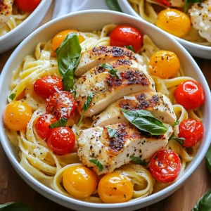 - Chicken and Pasta Components - 2 chicken breasts, boneless and skinless - 8 ounces fettuccine pasta - Sauce Ingredients - 1 cup cherry tomatoes, halved - 1 cup heavy cream - 1/2 cup parmesan cheese, grated - 2 tablespoons olive oil - 3 cloves garlic, minced - Seasoning and Garnish - 1 teaspoon dried basil - 1 teaspoon oregano - Salt and pepper to taste - Fresh basil leaves for garnish The ingredients for Marry Me Chicken Pasta are simple yet flavorful. You will need chicken breasts and fettuccine pasta as the base. The sauce shines with heavy cream and parmesan, making it rich and creamy. Cherry tomatoes add sweetness and brightness to the dish. Fresh garlic gives it a lovely aroma. For seasoning, dried basil and oregano bring out the Italian flavors. You can adjust the salt and pepper to your taste. Finally, use fresh basil leaves as a garnish for a pop of color and extra flavor. Gather these ingredients, and you're ready to make a dish that will impress anyone! {{ingredient_image_1}} To cook the fettuccine, follow the package directions. This usually takes about 10-12 minutes. You want the pasta to be al dente, which means it should still have a slight bite to it. Before you drain the pasta, remember to reserve 1/2 cup of the pasta water. This water adds flavor and helps the sauce cling to the pasta. While the pasta cooks, season your chicken breasts. Use salt, pepper, dried basil, and oregano. Rub these seasonings all over the chicken for great flavor. Next, heat 2 tablespoons of olive oil in a large skillet over medium-high heat. Once hot, place the chicken breasts in the skillet. Sear them for 5-7 minutes on each side. Look for a golden brown color and ensure they are cooked through. After cooking, remove the chicken and let it rest. This keeps it juicy. In the same skillet, add 3 cloves of minced garlic. Sauté for about 1 minute until it smells great. Then, add 1 cup of halved cherry tomatoes. Cook them for 3-4 minutes. You want them to soften but not fall apart. Now, lower the heat and pour in 1 cup of heavy cream. Gently bring it to a simmer. Whisk in 1/2 cup of grated parmesan cheese. Keep stirring until the sauce is creamy and smooth. If it seems too thick, add some of that reserved pasta water. This will help reach your desired consistency. Once your sauce is ready, toss the cooked fettuccine into the skillet. Mix well to coat the pasta in the creamy sauce. For a lovely presentation, slice the rested chicken breasts and lay them over the pasta. To finish, garnish with fresh basil leaves. This adds a nice touch and flavor. Serve the dish in deep bowls, and consider adding extra parmesan and a drizzle of olive oil on top. Enjoy your meal! - Ensuring Juicy Chicken Breasts: Start by brining the chicken for 15 to 30 minutes. Use salt water to help keep the meat moist. Always let the chicken rest for a few minutes after cooking. This helps the juices stay inside. - Avoiding Overcooking: Use a meat thermometer to check the chicken. Aim for an internal temperature of 165°F. Cook on medium heat to prevent burning while ensuring it cooks through. - How to Avoid Sticky Pasta: Stir the pasta often while cooking. Add a little salt to the water before boiling. This helps keep the pasta from sticking together. - Tips for Choosing the Right Pasta: Fettuccine works best for this dish. It holds sauce well. You can try penne or rigatoni if you prefer. - Flavor Boosts with Additional Ingredients: Add spinach or mushrooms for extra flavor and nutrition. You can also include crushed red pepper for a spicy kick. - Adjusting Consistency for Personal Preference: If the sauce is too thick, whisk in some reserved pasta water. For a thicker sauce, add more cheese. Adjust until it feels just right for you. Pro Tips Marinating the Chicken: For extra flavor, marinate the chicken breasts in olive oil, garlic, and herbs for at least 30 minutes before cooking. Choosing the Right Pasta: You can substitute fettuccine with other pasta types like penne or farfalle if you prefer a different shape. Adjusting Creaminess: If you like a lighter sauce, substitute half of the heavy cream with chicken broth for a delicious, creamy yet lighter dish. Fresh Basil Substitute: If you don’t have fresh basil, dried basil can work in a pinch, but use less since it's more concentrated in flavor. {{image_2}} You can make a tasty vegetarian version of Marry Me Chicken Pasta. Simply swap the chicken for plant-based proteins like tofu or tempeh. These options add protein and flavor to your dish. For the sauce, you can use vegetable broth in place of chicken. This change keeps the creamy texture while adding a fresh taste. You can also use cashew cream for a nutty flavor. While fettuccine is great, you can explore other types of pasta too. Try penne, rigatoni, or even spaghetti. Each shape holds sauce differently and can change the dish's vibe. If you need gluten-free options, you can use rice pasta or chickpea pasta. Both are widely available and provide a satisfying texture. To make your dish more exciting, think about adding spices or vegetables. Bell peppers, spinach, or mushrooms can boost the flavor and nutrition. Add them to the sauce as it cooks for a tasty twist. You can also mix in different cheeses. While parmesan gives a nice flavor, try mozzarella or goat cheese for a creamy touch. These variations let you customize your dish to suit your taste! To keep your Marry Me Chicken Pasta fresh, follow these simple steps: - Let the pasta cool down to room temperature. - Store it in an airtight container to keep moisture out. - Place the container in the fridge. This way, it can last for up to 3 days. Use glass or plastic containers that seal well. They help keep flavors intact. When it is time to enjoy leftovers, reheat them properly: - Place the pasta in a skillet over low heat. - Add a splash of water or cream to prevent drying out. - Stir gently until warmed through. For a quick fix, you can use the microwave. Heat it in short bursts of 30 seconds. Stir in between to ensure even heat. Want to save some for later? Freezing is a great option: - Make sure the pasta is completely cool. - Use freezer-safe containers or bags. Remove as much air as possible. - Label the container with the date. It can last for about 2 months. When you are ready to eat, thaw it in the fridge overnight. To reheat, use the same method as above, adding liquid if needed. Enjoy your delicious pasta anytime! Marry Me Chicken Pasta is a creamy dish that features tender chicken and fettuccine. It combines rich flavors with fresh ingredients, like cherry tomatoes and basil. The sauce is made with heavy cream and parmesan, creating a delightful taste that many love. People often say this dish is so good it could inspire a marriage proposal! The recipe likely originated from home cooks wanting to impress their loved ones with a special meal. Yes, you can prepare Marry Me Chicken Pasta in advance. To do this, cook the pasta and chicken but keep the sauce separate. This way, you can mix everything just before serving. For meal prep, store the chicken and pasta in airtight containers in the fridge. You can keep it for 3 to 4 days. When ready to eat, just reheat the chicken and sauce together, then toss with the pasta. To lighten up Marry Me Chicken Pasta, swap heavy cream for half-and-half or milk. You can also use less cheese or choose a lower-fat version. For a healthier touch, add more vegetables, like spinach or zucchini. Modifying cooking techniques can help, too. Try grilling the chicken instead of pan-frying it in oil. This keeps the flavor while reducing calories. This article covered how to make Marry Me Chicken Pasta step by step. We explored all the key ingredients, cooking methods, and seasoning tips. I shared ways to enhance your dish and suggested tasty variations as well. Remember, perfecting this recipe takes practice and patience. Don’t hesitate to get creative with flavors. You can even customize it to suit your taste. Whether you are cooking for yourself or someone special, enjoy the process. Cooking is all about love and joy, after all!