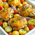 For this easy and tasty dish, you will need: - 4 bone-in, skin-on chicken thighs - 2 tablespoons olive oil - 4 cloves garlic, minced - Juice and zest of 2 lemons - 1 teaspoon dried oregano - 1 teaspoon dried thyme - 1 teaspoon paprika - Salt and pepper to taste - 1 medium red onion, cut into wedges - 1 cup baby potatoes, halved - 1 cup cherry tomatoes - Fresh parsley for garnish These ingredients mix to create a bright and zesty flavor. For extra taste, consider adding: - A pinch of red pepper flakes for heat - Fresh herbs like rosemary or basil - A splash of white wine for depth - Lemon slices for more citrus flavor These extras can take your dish to the next level. You can swap ingredients based on what you have: - Use boneless chicken thighs for quicker cooking. - Replace baby potatoes with sweet potatoes or carrots. - Cherry tomatoes can be swapped for diced bell peppers. - Any fresh herb can replace dried ones. These substitutions keep the dish flexible while still being delicious. {{ingredient_image_1}} First, gather your ingredients. You will need: - 4 bone-in, skin-on chicken thighs - 2 tablespoons olive oil - 4 cloves garlic, minced - Juice and zest of 2 lemons - 1 teaspoon dried oregano - 1 teaspoon dried thyme - 1 teaspoon paprika - Salt and pepper to taste - 1 medium red onion, cut into wedges - 1 cup baby potatoes, halved - 1 cup cherry tomatoes - Fresh parsley for garnish Once you have everything ready, preheat your oven to 425°F (220°C). This step ensures your chicken cooks evenly. Next, chop the red onion and halve the baby potatoes. This makes them easy to cook with the chicken. The onions will add great flavor. The potatoes will soak up all the tasty juices. In a large bowl, mix the olive oil, minced garlic, lemon juice, lemon zest, dried oregano, dried thyme, paprika, salt, and pepper. Stir well to make a marinade. This blend brings zesty flavors to your chicken. Add the chicken thighs to the bowl. Make sure to coat them well with the marinade. Let the chicken marinate for at least 15 minutes. For more flavor, you can marinate it in the fridge for up to 2 hours. Take a large sheet pan and place the marinated chicken thighs in the center. Arrange the red onion wedges and halved baby potatoes around the chicken. Drizzle any leftover marinade over the vegetables. This will help them cook nicely and add flavor. Now, bake the pan in your preheated oven for 30-35 minutes. You want the chicken to reach an internal temperature of 165°F. The skin should turn golden brown. In the last 10 minutes, add the cherry tomatoes to the pan. They will soften and burst with flavor. Once the chicken is done, remove it from the oven. Let it rest for 5 minutes. This step keeps the chicken juicy. Finally, garnish with fresh parsley before serving. Enjoy your easy and delicious meal! To get crispy chicken skin, start with bone-in, skin-on thighs. Pat the skin dry with a paper towel. This removes moisture that can make the skin soggy. Use the right amount of oil in your marinade. Too much oil can make the skin greasy. Bake at a high temperature, like 425°F. This helps the skin crisp up nicely. Avoid covering the pan with foil during baking. Covering traps steam, which makes the skin soft. Marinate your chicken for at least 15 minutes. For a deeper flavor, let it sit for up to 2 hours in the fridge. Make sure to coat the chicken evenly with the marinade. Massaging the marinade into the meat helps it soak in. If you have time, use a zip-top bag for marinating. This allows the chicken to absorb more flavor. Always marinate in the fridge, not at room temperature. This keeps the chicken safe from bacteria. For this recipe, use a large sheet pan. A pan with sides helps catch juices and keeps everything in place. Use a mixing bowl to combine your marinade. A whisk helps mix the ingredients well. A meat thermometer is great for checking chicken doneness. It should read 165°F when the chicken is fully cooked. Lastly, have some parchment paper on hand. It makes for easy cleanup and prevents sticking. Pro Tips Marinate Longer: For an even more flavorful chicken, marinate for at least 2 hours or overnight in the refrigerator. Use a Meat Thermometer: Ensure your chicken is perfectly cooked by checking the internal temperature, which should reach 165°F (75°C). Add Vegetables Wisely: For best results, add quick-cooking vegetables like cherry tomatoes in the last 10 minutes of baking to prevent them from becoming mushy. Rest Before Serving: Let the chicken rest for 5 minutes before serving to allow the juices to redistribute for maximum juiciness. {{image_2}} You can play with the herbs and spices in this dish. Instead of oregano, try rosemary or basil. For a kick, add red pepper flakes. Use fresh herbs if you have them. They add great flavor. Mix and match to find your perfect blend. This recipe is flexible with vegetables. You can swap red onions for yellow or shallots. If you like carrots, toss in some baby carrots instead. Broccoli or zucchini also works well. Pick what you love or what you have at home. This dish will still taste great. Making this dish gluten-free is easy. All the ingredients are already gluten-free! For a low-carb option, skip the baby potatoes. Use cauliflower instead for a tasty twist. The lemon and garlic flavor will shine through, keeping it delicious and healthy. Store leftover chicken in an airtight container. Let the chicken cool first. Place it in the fridge for up to four days. Keep the vegetables with the chicken for best flavor. If you have extra sauce, save that too! To reheat, place the chicken on a baking sheet. Preheat your oven to 350°F (175°C). Heat for about 15-20 minutes. This keeps the chicken juicy and the skin crispy. You can also use a microwave. Heat it on medium. It takes about 2-3 minutes, but the skin may not stay crispy. You can freeze the chicken before or after cooking. If freezing raw, marinate it first. Put it in a freezer bag, and squeeze out the air. It lasts up to three months. For cooked chicken, let it cool completely. Store it in a freezer-safe container. It can last up to four months. When you’re ready to eat, thaw in the fridge overnight. Reheat it in the oven or microwave. Enjoy every bite! To check if your chicken is cooked, use a meat thermometer. Insert it into the thickest part. The safe temperature for chicken is 165°F. If you don’t have a thermometer, cut into the chicken. The meat should be white, with no pink juices. Cooking times may vary. Usually, bone-in chicken thighs take about 30-35 minutes at 425°F. Let your chicken rest for 5 minutes after baking. This helps keep it juicy and flavorful. Yes, you can use boneless chicken thighs! They will cook faster than bone-in pieces. Keep an eye on them. Start checking for doneness at about 20-25 minutes. The internal temperature should still reach 165°F. Boneless thighs will soak up the lemon garlic marinade just as well. You might want to reduce your cooking time. The skin won’t be as crispy, but they’ll still taste great! You can serve this dish with many sides. Here are some ideas: - Rice: Fluffy white rice or lemon rice works well. - Salad: A fresh green salad adds crunch. - Bread: Crusty bread is perfect for soaking up juices. - Veggies: Steamed or roasted vegetables make a colorful plate. You might also add some lemon slices for garnish. This adds brightness and flavor. Enjoy your meal! This blog shared key ingredients, steps, and tips for making sheet pan chicken. You learned how to prep, marinate, and bake your dish to perfection. We covered ways to get crispy skin and swap ingredients to match diets. Store your leftovers right, and reheat them to enjoy later. Cooking should be simple and fun, so try different flavors and variations. With these tips, you can create tasty meals that everyone loves. Enjoy your cooking journey!
