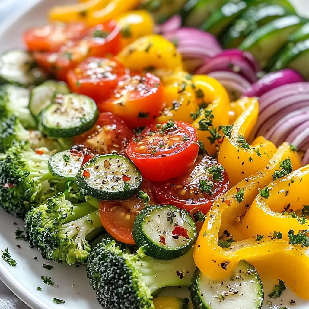 - 1 cup bell peppers (red, yellow, green), sliced - 1 cup zucchini, sliced - 1 cup broccoli florets - 1 cup cherry tomatoes, halved - 1 small red onion, thinly sliced - 2 tablespoons olive oil - 1 teaspoon dried oregano - ½ teaspoon smoked paprika - Salt and pepper to taste - Fresh parsley for garnish When I create my sautéed vegetables, I always choose colorful options. Bell peppers in red, yellow, and green add vibrancy. Zucchini brings a nice texture and flavor. Broccoli florets are not just pretty; they pack a nutritional punch. Cherry tomatoes add sweetness and juiciness to the dish. Red onion gives a subtle sharpness that balances everything out. For cooking, I prefer olive oil. It has heart-healthy fats and adds a nice flavor. Dried oregano gives an earthy taste, while smoked paprika adds a hint of warmth. A pinch of salt and pepper enhances all flavors. If you want to impress, fresh parsley makes a great garnish. It adds a pop of green and freshness. These ingredients not only taste great together; they also create a dish that looks beautiful on your plate. {{ingredient_image_1}} Start by washing all your veggies well. I recommend running them under cold water. This helps remove dirt and any chemicals. For the bell peppers, cut off the tops and slice them into thin strips. For zucchini, slice them into half-moons. Cut the cherry tomatoes in half for even cooking. For the broccoli, break off small florets. Uniform sizes matter. When veggies are the same size, they cook evenly. You don’t want some to be mushy while others are still hard. Next, grab a large skillet and heat it over medium-high heat. Pour in two tablespoons of olive oil. Let the oil warm for a minute. Start with the red onion and minced garlic. Add them first and sauté for 2-3 minutes. Stir them often until the onion looks translucent. This step builds flavor. Then, add the bell peppers and zucchini. Cook these for about 4-5 minutes. Keep stirring so they soften but don't lose their crunch. Finally, toss in the broccoli florets and cherry tomatoes. Add the dried oregano, smoked paprika, salt, and pepper. Cook everything for another 3-4 minutes. You want the broccoli to be bright green and tender. For the perfect texture, keep an eye on the cooking time. Veggies should look vibrant and not mushy. A good rule is to taste as you go. This way, you can stop cooking when they’re just right. If you find they are browning too fast, lower the heat. This will help keep their shape and color. Enjoy your colorful dish! - Minimal oil usage: Use just enough olive oil to coat the pan. About two tablespoons work well for this dish. Too much oil adds extra calories, so stick to this amount. - Avoiding overcooking: Cook the vegetables until they are tender but still bright. Overcooked veggies lose nutrients and crunch. Aim for a total cooking time of about 10 to 12 minutes. - Key spices to try: Dried oregano and smoked paprika pack a punch. Oregano adds earthiness, while smoked paprika gives a nice depth. Feel free to experiment with your favorite spices, too! - Importance of fresh ingredients: Fresh veggies taste better and provide more nutrients. Choose colorful, crisp vegetables for maximum flavor and health benefits. - Serving suggestions: Serve the sautéed vegetables warm, either on their own or over grains like rice or quinoa. This adds texture and heartiness to your meal. - Plate garnishing techniques: Finish with fresh parsley for a pop of color. A small sprinkle can brighten the dish and make it look inviting. Arrange the veggies in a colorful pattern to impress your guests! Pro Tips Colorful Presentation: Arrange the vegetables in a rainbow pattern on the serving plate to enhance visual appeal. Fresh Herbs: Experiment with different herbs like basil or thyme for varied flavors and aromas. Meal Prep Friendly: Chop and store the vegetables in advance to save time during busy weekdays. Leftover Magic: Use any leftover veggies in an omelette or as a topping for pizza for a quick meal. {{image_2}} You can mix different vegetables based on what's in season. Seasonal veggies add freshness to your meal. For a bright dish, use bell peppers, zucchini, and cherry tomatoes. You can also add sturdy vegetables like carrots or cauliflower. They hold up well during cooking. Delicate veggies, like spinach or mushrooms, need less time. Add them in the last few minutes so they don’t wilt too much. For more flavor, think about adding protein. You can toss in cooked chicken, shrimp, or tofu. This makes the dish heartier. You can also explore different cuisines. For a Mediterranean twist, try adding olives or feta cheese. If you want an Asian flair, use soy sauce or sesame oil. These changes keep your meals exciting and full of flavor. You can serve sautéed vegetables in many ways. Pair them with grains like rice, quinoa, or couscous. This adds texture and makes a complete meal. Another fun way is to serve them in a wrap or a taco. You can also make a colorful salad with the sautéed veggies on top. Garnish with fresh parsley for a pop of color and taste. These ideas help you enjoy your healthy sautéed vegetables in new ways. To keep your sautéed vegetables fresh, use airtight containers. Glass or BPA-free plastic works best. Make sure the container seals tightly. Place the cooled veggies in the container, leaving some space at the top. Store them in the fridge. They will stay fresh for up to three days. When reheating, aim to keep the texture nice. Use a skillet over medium heat to heat them. Stir often for even warming. You can also use the microwave. Heat them in short bursts of 30 seconds. Check often to avoid steaming them too much. Aim for a temperature of 165°F to ensure they are safe to eat. Freezing sautéed vegetables is easy. Let them cool completely first. Then, place them in freezer-safe bags or containers. Remove as much air as possible to prevent freezer burn. They can last for up to three months in the freezer. To thaw, place them in the fridge overnight. You can also use the microwave for quick thawing. Just remember, thawing in the microwave can change the texture. You should choose vegetables with a firm texture. Bell peppers, zucchini, broccoli, cherry tomatoes, and red onions work great. - Bell Peppers: They add color and sweetness. They cook quickly and stay crisp. - Zucchini: This veggie softens nicely, adding a lovely texture. - Broccoli: It keeps its bright color and nutrients when sautéed. - Cherry Tomatoes: These burst with flavor and add juiciness. - Red Onion: This onion offers a mild flavor that sweetens when cooked. These veggies create a rainbow of flavors and nutrients in your dish. To keep your sautéed vegetables crisp, focus on moisture control. - Heat the Skillet: Always start with a hot skillet. This cooks the veggies quickly and helps them brown. - Don’t Overcrowd: Cook in batches if needed. This allows steam to escape. - Use a Dry Surface: Make sure your veggies are dry before cooking. Excess water causes sogginess. - Stir Often: Keep stirring to promote even cooking and avoid burning. These tips will help you serve a perfect veggie medley every time. Yes, you can use frozen vegetables! They are convenient and can be just as nutritious as fresh ones. - Thaw First: Thaw your frozen veggies in the fridge overnight or microwave them briefly. This helps remove excess moisture. - Cook on High Heat: Use high heat to cook frozen veggies. This helps them crisp up instead of getting mushy. - Adjust Cooking Time: Frozen veggies may take a bit longer to cook. Keep an eye on them to avoid overcooking. Using frozen veggies can save time while still delivering a tasty dish. Sautéing vegetables is easy with the right ingredients and methods. You learned about essential veggies like bell peppers, zucchini, and broccoli. Using olive oil and key seasonings makes a big difference in flavor. Remember to slice uniformly and avoid overcooking for a perfect texture. Get creative with different veggie mixes and garnishes, too. Proper storage and reheating can keep your dishes tasting fresh. Enjoy your flavorful sautéed veggies any time!