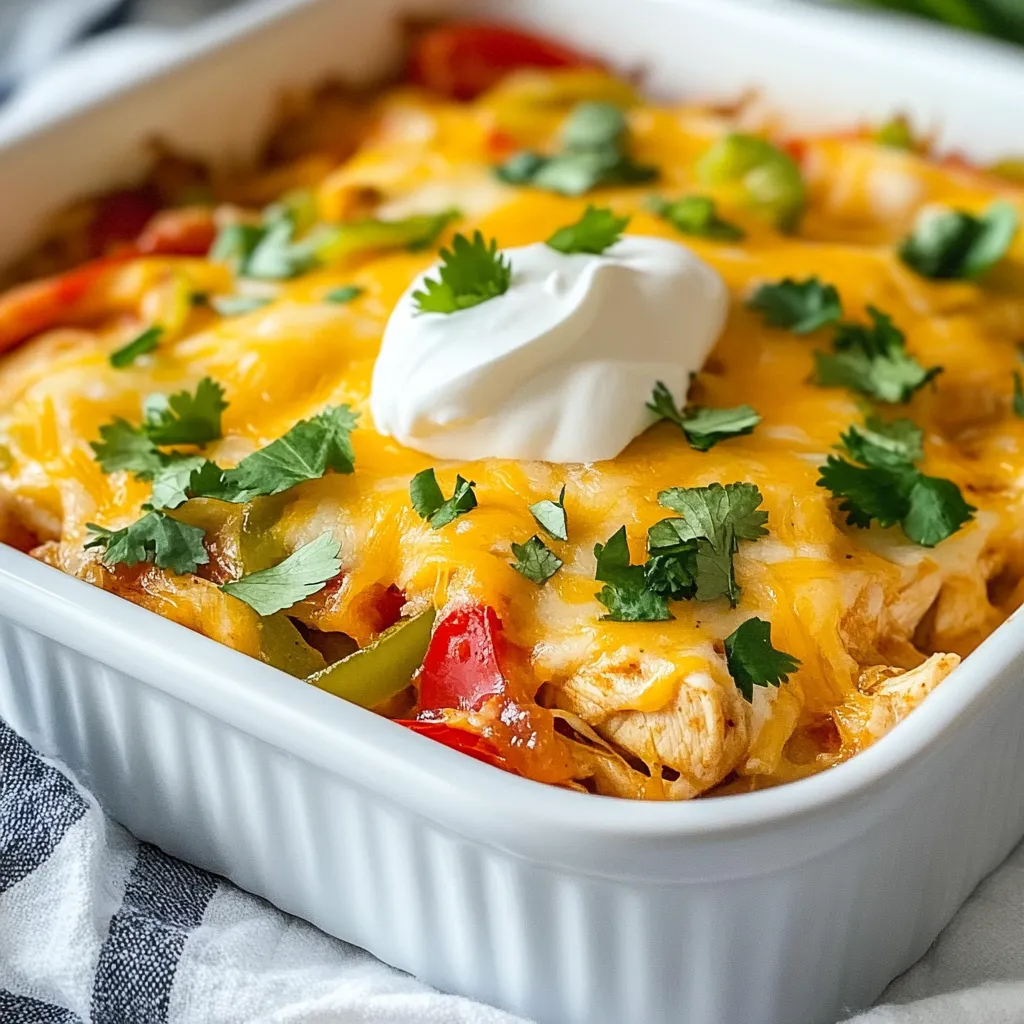 - 1 pound boneless, skinless chicken breasts, diced - 1 large bell pepper (red or green), sliced - 1 medium onion, sliced - 2 cloves garlic, minced - 1 tablespoon olive oil - 1 teaspoon ground cumin - 1 teaspoon smoked paprika - 1 teaspoon chili powder - 1 teaspoon oregano - Salt and pepper to taste - 1 can (14 oz) diced tomatoes, drained - 1 cup shredded cheddar cheese For this low carb chicken fajita casserole, I start with chicken breasts. They provide protein and are great for any meal. Next, I add bell peppers and onions for a fresh crunch and flavor. I love the colors they bring to the dish. Garlic adds a nice aroma, while olive oil helps everything cook well. The spices are key. Ground cumin gives warmth. Smoked paprika adds depth, and chili powder brings a hint of heat. Oregano rounds out the flavors. Salt and pepper enhance everything, making sure it all pops. Finally, I mix in drained diced tomatoes for juiciness and texture. - œ cup sour cream or Greek yogurt (for topping) - Fresh cilantro, chopped (for garnish) - Shredded cheese variations After baking, I like to top the casserole with cheese. Cheddar melts beautifully and adds richness. You can also try other cheese varieties, like Monterey Jack or pepper jack for a kick. For a creamy touch, I choose sour cream or Greek yogurt. Both add tang and coolness to the dish. Fresh cilantro gives a pop of color and flavor. It brightens the meal and makes it look great on the table. {{ingredient_image_1}} 1. Preheat your oven to 375°F (190°C). This step is key for even baking. 2. Prepare the chicken and vegetables. Start by dicing the chicken breasts into small pieces. Then slice the bell pepper and onion. You want these to be bite-sized for easy eating. 3. Cook the fajita mix in a skillet. Heat one tablespoon of olive oil over medium heat. Add the diced chicken. Cook it until browned, which takes about 5-7 minutes. Once browned, add the sliced bell pepper, onion, and minced garlic. SautĂ© for 5-6 minutes until the veggies soften. Next, stir in cumin, smoked paprika, chili powder, oregano, salt, and pepper. Cook for another 2 minutes to wake up the spices. Finally, mix in the drained diced tomatoes. 1. Transfer to the baking dish. Grease a 9x13-inch baking dish and pour in the chicken mixture. Spread it out evenly. Top with one cup of shredded cheddar cheese. 2. Baking time and temperature. Place the dish in your preheated oven. Bake for 20-25 minutes until the cheese is melted and bubbly. Keep an eye on it to avoid burning. 3. Final steps before serving. After baking, let the casserole cool for a few minutes. Then, drizzle a dollop of sour cream or Greek yogurt on top. Garnish with fresh cilantro for a pop of color and flavor. This low carb chicken fajita casserole is simple and full of flavor! - Ensuring the chicken is cooked thoroughly: Cook the chicken until it's no longer pink. Use a meat thermometer to check that it reaches 165°F. This keeps your dish safe and tasty. - Best practices for sautĂ©ing vegetables: Start with a hot skillet and keep stirring. This helps the veggies cook evenly. Wait until the bell peppers and onions are soft but not mushy. - Spice adjustments for personal taste: Feel free to add more chili powder for heat or more cumin for depth. Trust your taste buds to get it just right. - Pairing with sides: Serve with a fresh salad or cauliflower rice. This keeps the meal light and low-carb while adding crunch. - Garnishing ideas: Top with fresh cilantro and a squeeze of lime. This adds a bright flavor that complements the dish. - Presentation tips for serving: Serve in a colorful dish to make it pop. A sprinkle of cheese on top right before serving makes it look even more tempting. Pro Tips Use Fresh Ingredients: Always opt for fresh bell peppers and onions for the best flavor and texture. Fresh veggies enhance the overall taste of your casserole. Don't Overcook the Chicken: Cook the chicken just until browned to avoid drying it out in the oven. It will continue cooking while baking with the other ingredients. Customize Your Spice Level: Adjust the amount of chili powder and smoked paprika to suit your heat preference. You can also add jalapeños for an extra kick! Make Ahead: This casserole can be prepared ahead of time and stored in the fridge. Just bake it when you're ready to serve for a quick and easy meal! {{image_2}} You can swap regular chicken with ground turkey or beef. They work well in this dish. For a meat-free option, try beans or tofu. These choices still pack a good punch of protein. If you want fewer carbs, use zucchini or cauliflower instead of beans. They add texture and soak up flavors. You can also replace the diced tomatoes with fresh tomatoes or tomato sauce. Each choice brings a unique taste to your casserole. Adding more veggies can boost flavor and nutrition. Try corn, spinach, or mushrooms. These will enhance the taste and make your casserole colorful. You can also mix in some black olives for a salty twist. Cheese is key in this dish. If you want a different taste, swap cheddar for Monterey Jack or pepper jack. These cheeses melt well and add a nice kick. For spice lovers, add jalapeños or crushed red pepper flakes. This will give your casserole a fiery kick. Adjust the spice to your liking for a dish that truly fits your taste. To store leftovers, let the casserole cool completely. Then, place it in an airtight container. You can also cover the dish tightly with plastic wrap. This keeps the flavors fresh. The shelf life in the fridge is about 3 to 4 days. Itâs best to eat it within this time for quality and taste. Always check for any signs of spoilage before eating. The best methods for reheating are in the oven or microwave. If using the oven, preheat it to 350°F (175°C). Cover the casserole with foil to keep it moist. Bake for about 15-20 minutes. For the microwave, place a portion in a microwave-safe dish. Heat it on medium power for 2-3 minutes. Stir halfway through to ensure even heating. To avoid drying out, add a splash of water or broth before reheating. This keeps the casserole juicy and tasty. What is the best way to make this casserole low-carb? To keep this casserole low-carb, focus on using fresh vegetables. You can swap out some of the tomatoes for extra bell peppers or zucchini. These veggies add flavor and cut carbs. Use low-carb cheese as well, like mozzarella, for a tasty topping. Can I prep this dish ahead of time? Yes, you can prep this dish ahead! Cook the chicken and veggies, then store them in the fridge. This makes it easy to bake later. You can also assemble the casserole and cover it with foil. Just pop it in the oven when youâre ready to eat. How can I make this recipe dairy-free? To make this casserole dairy-free, skip the cheese and sour cream. Use a dairy-free cheese alternative for topping. For a creamy texture, you can add avocado or use a dairy-free yogurt. This keeps the dish tasty and still low-carb. Carbohydrate count and health benefits This casserole is low in carbs, with about 8 grams per serving. The veggies add fiber and vitamins. This dish helps you feel full without adding extra carbs. It's a smart choice for those on low-carb diets or looking to eat healthier. Macronutrient breakdown Each serving has around 30 grams of protein, 25 grams of fat, and 8 grams of carbs. This balance helps keep your energy steady. The protein from chicken also helps build muscle, while healthy fats support your bodyâs needs. How to incorporate into weekly meal prep You can include this casserole in your meal prep by making a large batch. Divide it into single servings. This makes lunch or dinner easy all week long. Just heat up a portion when you need a quick meal. Freezing options for long-term storage You can freeze this casserole too! Just make sure it cools down first. Place it in an airtight container. It can last up to three months in the freezer. When you're ready to eat, thaw it overnight in the fridge before reheating. In this blog post, we covered everything for making a delicious chicken fajita casserole. You learned about the main ingredients like chicken, peppers, and spices, along with optional toppings. We walked through preparation and baking steps for perfect results. I shared tips for cooking, serving, and even variations to fit your taste. Finally, we discussed storage and meal prep ideas to keep leftovers fresh. Enjoy your cooking journey and try new flavors. With these insights, you can create a dish that satisfies everyone at the table!