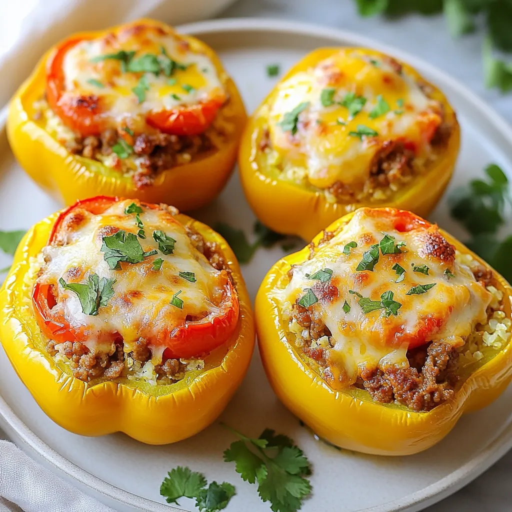 The key to great Keto Stuffed Bell Peppers lies in the right mix of ingredients. Here’s what you need: - 4 large bell peppers (any color) - 1 pound ground turkey or chicken - 1 cup cauliflower rice (fresh or frozen) - 1 cup shredded cheese (cheddar or mozzarella) - 1 small onion, finely chopped - 2 cloves garlic, minced - 1 teaspoon ground cumin - 1 teaspoon smoked paprika - Salt and pepper, to taste - 1 cup diced tomatoes (canned or fresh) - Fresh cilantro or parsley, for garnish Each ingredient plays an important role. The bell peppers serve as a tasty, low-carb vessel. Ground turkey or chicken provides protein. Cauliflower rice keeps this dish keto-friendly while adding texture. Cheese brings creaminess, while onion and garlic add flavor. Cumin and smoked paprika create warmth and depth. Diced tomatoes add moisture and a hint of acidity. Finally, cilantro or parsley brightens the dish with freshness. When you gather these ingredients, you set yourself up for a delicious and satisfying meal that fits perfectly into your keto lifestyle. Enjoy the process of cooking and the joy of eating! {{ingredient_image_1}} 1. Preheat your oven to 375°F (190°C). This helps cook the peppers evenly. 2. Slice the tops off the bell peppers. Make sure to remove all seeds and membranes. This keeps your filling safe and tasty. 1. In a large skillet, add a splash of olive oil over medium heat. 2. Sauté the chopped onion for about 3-4 minutes. You want it to turn translucent. 3. Add minced garlic to the skillet. Stir for about one minute. This releases a great aroma. 4. Now, add the ground turkey or chicken. Cook until it turns brown. This takes about 5-7 minutes. Break it up with a spatula while cooking. 5. Mix in cauliflower rice, diced tomatoes, ground cumin, smoked paprika, salt, and pepper. Stir well and cook for another 3-4 minutes. This warms everything up and blends the flavors. 6. Remove from heat and stir in half of the shredded cheese. Mix until it melts and combines well. 1. Stuff each bell pepper with the meat and cauliflower mix. Press down gently to make sure it fits well. 2. Top each stuffed pepper with the remaining shredded cheese. 3. Cover the baking dish with foil and bake for 25 minutes. 4. After 25 minutes, remove the foil and bake for an additional 10 minutes. This makes the cheese bubbly and golden. 5. Once done, take them out of the oven. Let them cool for a bit. Garnish with fresh cilantro or parsley before serving. To get the best flavor, mix all the filling ingredients well. It helps to combine the ground turkey or chicken, cauliflower rice, and spices. This ensures every bite packs a punch. When you stuff the peppers, pack the filling tightly. This way, the peppers hold their shape and don’t fall apart. For a creamy and melty topping, I recommend cheddar or mozzarella cheese. Both melt nicely and add rich flavor. If you are lactose intolerant, try vegan cheese or nutritional yeast as alternatives. These options give you a cheesy taste without the dairy. Even cooking is key for great stuffed peppers. Make sure your oven is at 375°F (190°C) before baking. This helps the peppers cook evenly. To check if they are done, poke a pepper with a fork. If it feels soft and tender, they are ready to eat. Enjoy your delicious meal! Pro Tips Choose Colorful Peppers: Using a mix of red, yellow, and green bell peppers not only adds visual appeal but also a variety of flavors to your dish. Pre-cook the Filling: For a more flavorful filling, consider pre-cooking the ground turkey or chicken with spices before mixing it with the other ingredients. Experiment with Cheese: Try different types of cheese like pepper jack or feta for a unique twist on the classic stuffed pepper recipe. Serve with a Sauce: Drizzle some avocado sauce or a dollop of sour cream on top before serving to add creaminess and enhance the flavors. {{image_2}} You can swap ground turkey or chicken for other meats. Beef is a tasty choice. It adds a rich flavor to the dish. You can also try pork or lamb. For a light option, turkey is great. If you want a plant-based choice, use lentils or black beans. These options offer unique flavors and texture. Each meat brings its own taste to the stuffed peppers. If you want to replace cauliflower rice, try using shredded zucchini. It keeps your meal light and fresh. Another great swap is riced broccoli. It adds crunch and nutrients. You can also include other low-carb veggies. Think about spinach, mushrooms, or bell pepper bits. These ingredients add color and flavor while keeping it keto-friendly. To spice things up, try adding diced jalapeños. They bring heat and flavor to your dish. You can also use red pepper flakes for a kick. For added depth, mix in fresh herbs like basil or oregano. Garlic powder and onion powder can also enhance the taste. Don't forget to experiment with spices! Cumin and smoked paprika already make the filling great. Adding more spices can create a unique flavor experience. To store leftover stuffed peppers, first let them cool. Place them in an airtight container. This keeps the peppers fresh and tasty. You can safely eat them within three to four days. If you notice any odd smells or colors, it's best to toss them out. Freezing stuffed peppers is simple. Wrap each pepper in plastic wrap, then place them in a freezer bag. This helps keep out air and prevents freezer burn. You can freeze them for up to three months. When you're ready to eat, thaw them in the fridge overnight. Reheat in the oven at 350°F (175°C) for about 20 minutes. This way, they stay warm and keep their flavor. Making stuffed peppers ahead of time is great for busy nights. You can prepare them and store them in the fridge. They stay good for up to three days. When serving, just heat them in the oven or microwave. Pair them with a fresh salad or some avocado for balance. This makes a healthy and filling meal that is also easy to grab. Yes, stuffed peppers are keto-friendly. They are low in carbs and high in protein. Here’s a quick look at the nutritional breakdown per serving: - Calories: Approximately 350 - Carbohydrates: About 8 grams - Fiber: Roughly 3 grams - Protein: Around 30 grams - Fat: About 20 grams These numbers can vary based on the ingredients you use. For example, swapping meats or cheese may change the fat content. But overall, stuffed peppers fit well into a keto diet. Yes, you can make this recipe vegetarian. Here are some great protein options: - Black beans: A good source of plant-based protein. - Lentils: Packed with fiber and protein, lentils work well. - Tofu: Firm tofu can absorb flavors well and adds protein. - Tempeh: A fermented soy product that’s rich in protein. Mix these with your favorite veggies and spices. You can still enjoy a tasty and filling dish! You can tell when your stuffed peppers are done by checking their color and texture. Look for these cues: - Color: The peppers should be bright and slightly wrinkled. - Texture: They should feel tender when pierced with a fork. - Cheese: The cheese on top should be bubbly and golden. If you see these signs, your stuffed peppers are ready to eat! Pairing your keto stuffed bell peppers with the right sides can make your meal complete. Here are some great options: - Salad: A fresh green salad adds crunch and balance. - Zucchini noodles: They are a nice low-carb alternative to pasta. - Cauliflower mash: Creamy and filling, this adds a great texture. - Riced broccoli: Another veggie option that fits well with keto. Choose any of these to create a well-rounded meal! Stuffed peppers are a tasty and healthy meal choice. This blog post covered the main ingredients, step-by-step instructions, and helpful tips. We explored variations for different diets and storage options for meal prep. Remember, you can tweak the recipe to fit your taste and needs. Whether you like spicy, cheesy, or plant-based options, these stuffed peppers are easy to make and satisfying. Give this recipe a try, and enjoy a nutritious dish that your whole family will love!