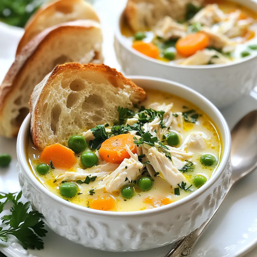 - 2 boneless, skinless chicken breasts - 4 cups chicken broth - 1 cup carrots, diced - 1 cup celery, diced - 1 medium onion, finely chopped - 2 garlic cloves, minced - 1 teaspoon dried thyme - 1 teaspoon dried oregano - ½ teaspoon red pepper flakes (optional) - 1 cup heavy cream - ½ cup frozen peas - Salt and pepper to taste - Fresh parsley, chopped for garnish When I make Marry Me Chicken Soup, I always start with fresh ingredients. The chicken breasts add a rich protein base. I prefer boneless and skinless for easy cooking. Chicken broth brings depth and flavor, making each spoonful comforting. I love to use diced carrots and celery for a sweet crunch. The onion and garlic blend nicely with the other veggies, too. Herbs like thyme and oregano give the soup a warm aroma. I sometimes add red pepper flakes for a hint of spice. Heavy cream adds richness, while frozen peas make the soup vibrant. Don't forget to season with salt and pepper. Lastly, a sprinkle of fresh parsley brightens the dish. Each ingredient plays a part in creating a tasty, heartwarming meal. {{ingredient_image_1}} To make Marry Me Chicken Soup, start by seasoning your chicken breasts with salt and pepper. This simple step adds flavor. Heat a splash of olive oil in a large pot over medium heat. Sear the chicken breasts for about 4-5 minutes on each side. They should turn golden brown. Once done, take them out and set them aside. Next, it’s time for the vegetables. In the same pot, add your chopped onion, diced carrots, and diced celery. Sauté these for about 5-7 minutes. You want them to soften but not lose their crunch. Then, add minced garlic and cook for another minute. This step boosts the soup's flavor. Now, pour in 4 cups of chicken broth. Place the seared chicken breasts back into the pot. Sprinkle in 1 teaspoon of dried thyme, 1 teaspoon of dried oregano, and optional red pepper flakes. Bring the mixture to a boil. Once boiling, reduce the heat and let it simmer. This simmering process helps all the flavors meld together. Let the chicken simmer in the broth for about 20 minutes. This cooking time ensures the chicken is fully cooked and tender. After that, take the chicken out of the pot. To shred it, use two forks. Pull apart the meat carefully until it is in bite-sized pieces. Return the shredded chicken to the pot. Now, stir in 1 cup of heavy cream and ½ cup of frozen peas. Let the soup simmer for another 5-10 minutes. This will make it rich and creamy. Finally, taste the soup and adjust the seasoning with extra salt and pepper as needed. To make Marry Me Chicken Soup sing, focus on the seasonings. You can adjust the thyme and oregano to fit your taste. If you love spice, add more red pepper flakes. For a touch of brightness, a squeeze of lemon juice works wonders. Creating a creamy texture is key. When you add heavy cream, do it slowly. Stir well to blend it into the soup. This helps create that rich, velvety feel. If you want it even creamier, try using half-and-half instead of cream. You need some basic tools to make this soup. A large pot is a must. A heavy-bottomed pot helps distribute heat evenly. This way, your soup cooks perfectly every time. A good set of knives is also important. Use them to chop your veggies quickly and safely. A cutting board is another key tool. Make sure it is sturdy to handle all your chopping. When it comes to serving Marry Me Chicken Soup, think about pairings. A fresh salad with a light dressing goes well. Crusty bread is perfect for dipping. It adds a lovely crunch to each bite. For presentation, serve the soup in rustic bowls. A sprinkle of fresh parsley on top adds color. You can also place a slice of lemon on the side for extra flair. This makes your dish look as good as it tastes! Pro Tips Use Homemade Broth: For an extra depth of flavor, consider using homemade chicken broth instead of store-bought. It makes a significant difference! Perfect Shredding: Allow the chicken to cool slightly before shredding; this helps prevent burns and makes it easier to handle. Adjusting Creaminess: If you prefer a lighter soup, you can substitute half of the heavy cream with milk or a non-dairy alternative. Flavor Enhancements: Add a squeeze of fresh lemon juice before serving to brighten the flavors and add a hint of acidity. {{image_2}} For a lighter version of Marry Me Chicken Soup, swap heavy cream for low-fat milk or unsweetened almond milk. This change reduces the fat but keeps the soup creamy. You can also add leafy greens like spinach or kale. They boost nutrients and add color to your soup. Change up the flavor by using fresh herbs instead of dried ones. Basil or rosemary can add a fresh taste. You can also mix in other spices, like cumin or coriander, for a unique twist. Adding more vegetables, like bell peppers or zucchini, not only adds flavor but also makes your soup heartier and more filling. If you want a different protein, try using turkey or tofu. Shredded turkey works well and is leaner than chicken. For a vegetarian option, use chickpeas or lentils. These options bring protein and fiber to your meal without meat. You can adapt the recipe to be vegan by skipping the cream and using vegetable broth. To keep Marry Me Chicken Soup fresh, store it in an airtight container. Place it in the fridge if you plan to eat it within three days. Make sure to let the soup cool before sealing it. If you want to save the soup for later, freezing is the way to go. Pour the cooled soup into freezer-safe containers or bags. Leave some space at the top, as liquids expand when frozen. The soup can stay good for up to three months in the freezer. When you’re ready to enjoy your soup again, reheating it properly is key. The best way is to use a stove. Pour the soup into a pot and heat it on low. Stir often to keep it from sticking. If the soup seems thick, add a splash of chicken broth or water to thin it out. This keeps the creamy texture intact. You can also microwave it, but stir halfway through to heat evenly. You can keep Marry Me Chicken Soup in the fridge for about three days. After that, the quality may drop. Signs of spoilage include a sour smell or changes in texture. If you see any mold, toss it out. Always trust your senses; if it looks or smells off, it’s best to throw it away. You can use several tasty alternatives for chicken broth. Here are some of the best options: - Vegetable broth for a plant-based option - Beef broth for a richer flavor - Water with a splash of soy sauce or vinegar - Homemade broth from leftover bones or meat These substitutes can give your Marry Me Chicken Soup a unique twist while still keeping it delicious. Yes, you can easily adapt this recipe for a slow cooker! Here’s how: 1. Sear the Chicken: First, sear the chicken breasts in a pan for flavor. 2. Add to Slow Cooker: Place the seared chicken in the slow cooker. 3. Combine Ingredients: Add all the vegetables, seasonings, and chicken broth. 4. Set the Timer: Cook on low for 6-7 hours or high for 3-4 hours. 5. Finish the Soup: Shred the chicken, add cream and peas, and stir well before serving. This method gives you a hands-off approach while still achieving that comforting flavor. Yes, Marry Me Chicken Soup can be gluten-free! To ensure it stays gluten-free, here are some tips: - Use gluten-free chicken broth. - Make sure any seasonings or spices are gluten-free. - If you want to add noodles, choose gluten-free pasta. With these adjustments, you can enjoy this soup without worrying about gluten. If you like some heat in your soup, here are a few ways to kick it up: - Add more red pepper flakes for extra spice. - Incorporate diced jalapeños or serrano peppers. - Include a dash of hot sauce when serving. Each method can add a different level of heat to your soup, making it perfect for spice lovers! In this post, we explored the joys of making Marry Me Chicken Soup. We covered the main ingredients, step-by-step instructions, and tips for perfect flavor. I shared ideas for variations and how to store your soup properly. Making this soup brings warmth and love to your table. It's easy to customize and perfect for any occasion. Enjoy your cooking and the delicious results!