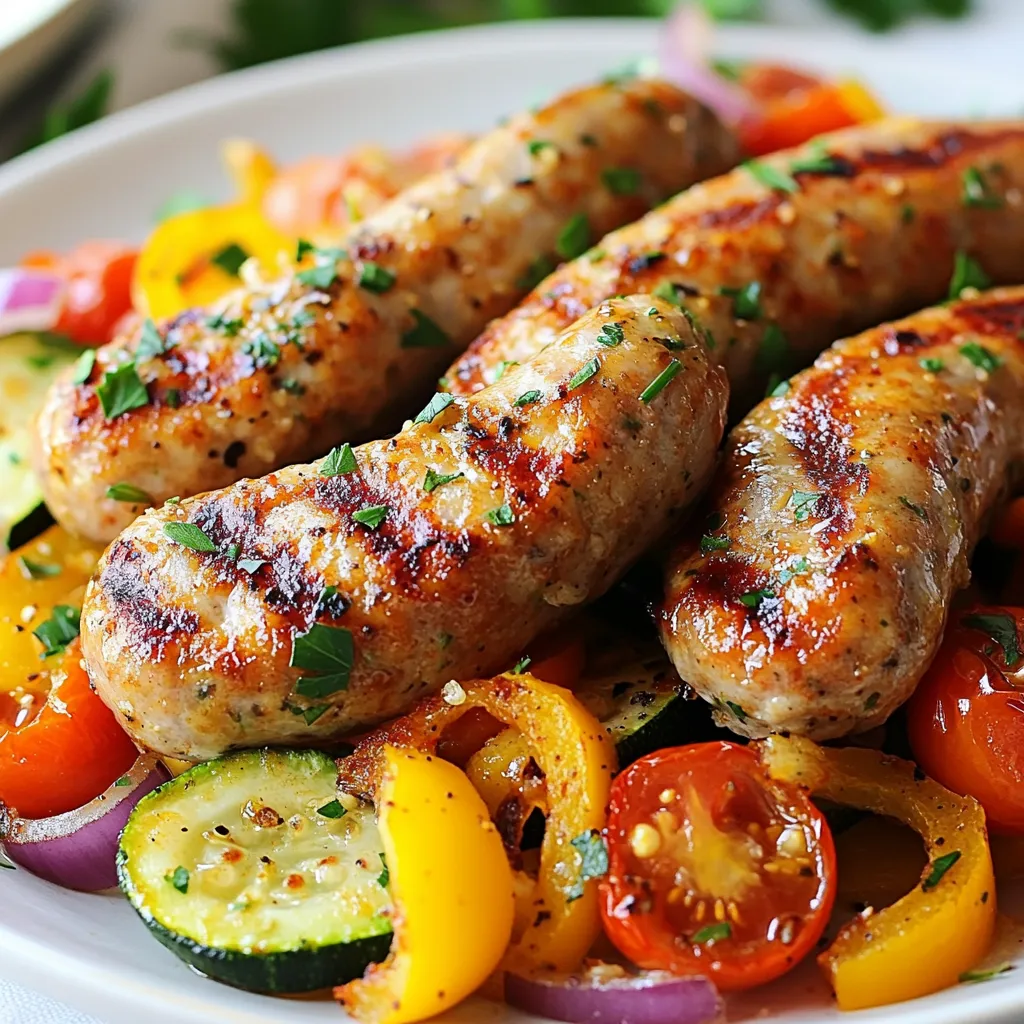- 2 chicken sausages, sliced into rounds - 1 bell pepper (any color), diced - 1 zucchini, sliced into half-moons - 1 red onion, cut into wedges - 1 cup cherry tomatoes, halved - 2 tablespoons olive oil - 1 teaspoon garlic powder - 1 teaspoon paprika - ½ teaspoon dried oregano - Salt and pepper to taste - Fresh parsley for garnish For this dish, I love using chicken sausage. It adds great flavor and protein. Choose your favorite type, whether it's spicy or mild. Fresh vegetables bring color and crunch. I like bell peppers, zucchini, red onion, and cherry tomatoes for this recipe. They mix well with the sausage. Olive oil and seasonings tie it all together. Garlic powder, paprika, and oregano create a tasty blend. Don’t forget salt and pepper to enhance the flavors. Garnish with fresh parsley for a pop of color and freshness. This dish is not only delicious but also very easy to make! {{ingredient_image_1}} First, you need to preheat your air fryer. Set it to 400°F (200°C). Let it warm up for about 5 minutes. This step helps make the chicken sausage and veggies crispy. Next, gather your ingredients. You will need: - 2 chicken sausages, sliced into rounds - 1 bell pepper (any color), diced - 1 zucchini, sliced into half-moons - 1 red onion, cut into wedges - 1 cup cherry tomatoes, halved - 2 tablespoons olive oil - 1 teaspoon garlic powder - 1 teaspoon paprika - ½ teaspoon dried oregano - Salt and pepper to taste - Fresh parsley for garnish In a large bowl, add the sliced chicken sausage, diced bell pepper, sliced zucchini, onion wedges, and halved cherry tomatoes. Now, drizzle the olive oil over the mixture. Sprinkle the garlic powder, paprika, oregano, salt, and pepper on top. Toss everything well to coat evenly. Once your ingredients are ready, it's time to cook. Transfer the mixture to the air fryer basket. Make sure it is spread out in an even layer. This helps all the food cook evenly. Air fry the mixture at 400°F (200°C) for 12 to 15 minutes. Shake the basket halfway through cooking. This step ensures that everything cooks well. After 12 to 15 minutes, check if the sausages are browned and the veggies are tender. If you want them crispier, add 2 more minutes. When it's done, remove the basket. Transfer the food to a serving platter. Finally, garnish with freshly chopped parsley before serving. Enjoy your delightful meal! When picking chicken sausage, look for brands with no fillers. Check the label for simple ingredients. Choose sausages with natural spices for better flavor. Freshness matters! Buy from local markets when you can. To get that perfect crisp, don’t overcrowd the air fryer basket. Spread the sausage and veggies in a single layer. This allows hot air to flow around each piece. Shake the basket halfway through cooking for even browning. If you want them crispier, add 2 more minutes to cooking time. Feel free to change the seasonings to fit your taste. Try adding more garlic powder for extra flavor. If you like heat, sprinkle in some red pepper flakes. For a fresh twist, use fresh herbs instead of dried ones. Always taste as you go, so you get it just right! Pro Tips Use Fresh Ingredients: Fresh vegetables and high-quality chicken sausages will enhance the flavor and texture of your dish. Don’t Overcrowd the Basket: Spreading the mixture in an even layer allows for better air circulation, resulting in crispier vegetables and sausages. Experiment with Seasonings: Feel free to add your favorite herbs and spices to customize the flavor profile to your liking. Garnish for Freshness: Adding fresh parsley or other herbs right before serving brightens the dish and adds a pop of color. {{image_2}} You can change the veggies to suit your taste. Try using broccoli, carrots, or asparagus. Each veggie adds unique flavor and texture. Just keep the cooking time in mind. Harder veggies may need more time. Softer ones, like spinach, cook faster. Aim for a colorful mix for a fun look! Chicken sausage comes in many flavors. You might try apple, spicy, or Italian. Each type can change the dish's taste. If you pick spicy sausage, add a little less paprika. If you choose apple sausage, it pairs well with sweet potatoes. Experiment until you find your favorite combination! Want a low-carb meal? Skip the cherry tomatoes and use more green veggies. Zucchini noodles can replace the regular ones for a fun twist. You can also use cauliflower instead of potatoes. This keeps the dish tasty while cutting carbs. Enjoy your meal without worrying about carbs! To store leftovers, place them in an airtight container. Make sure to cool the dish first. Leftover chicken sausage and veggies stay fresh in the fridge for up to three days. Reheat in the air fryer for best results. Set it to 350°F (175°C) for about 5–7 minutes. This keeps the sausage crispy and the veggies tender. You can also use a microwave, but the air fryer works better for texture. You can freeze leftovers if you want to save them for later. Place the cooled food in a freezer-safe bag or container. Remove as much air as you can before sealing. The dish can last in the freezer for up to three months. When ready to eat, thaw it in the fridge overnight and reheat. Yes, you can. If you don't have an air fryer, use a regular oven. Preheat your oven to 400°F (200°C). Spread the chicken sausage and veggies on a baking sheet. Roast them for about 20–25 minutes. Toss them halfway through to ensure even cooking. You won't get the same crispiness, but it will still taste great. To check if the chicken sausage is done, look for a nice brown color. The sausage should be hot inside. You can use a meat thermometer. Make sure it reads at least 165°F (74°C). This shows that the sausage is safe to eat. If it’s not brown or hot, cook it a bit longer. You have many tasty options! Here are a few ideas: - Quinoa or brown rice - A fresh green salad - Garlic bread or rolls - Mashed potatoes - Couscous or pasta salad These sides complement the flavors and make your meal even better. This blog post outlined how to make a tasty chicken sausage and veggie dish. We covered key ingredients, like chicken sausage and fresh vegetables. You learned easy steps to cook them in an air fryer. I shared tips for crispiness and picking the best sausage. We explored fun variations to keep meals exciting and how to store leftovers. In closing, this recipe is not just simple; it’s versatile and delicious. Enjoy cooking and experimenting with your meals!