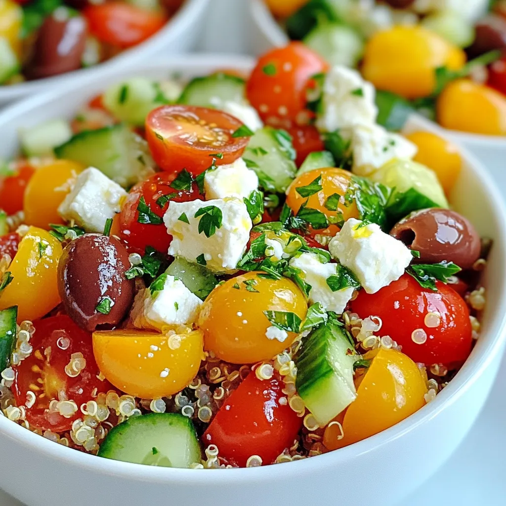 - 1 cup quinoa, rinsed - 2 cups vegetable broth - 1 can (15 oz) chickpeas, drained and rinsed - 1 cup cherry tomatoes, halved - 1 cucumber, diced - ½ red onion, finely chopped - ¼ cup kalamata olives, sliced - ¼ cup feta cheese, crumbled - 3 tablespoons olive oil - 2 tablespoons lemon juice - 1 teaspoon dried oregano - Salt and pepper to taste - Fresh parsley for garnish For this dish, quinoa is the star. It is light and fluffy. Chickpeas add protein and texture. Cherry tomatoes bring sweetness, while cucumber gives crunch. Red onion adds a sharp bite, and olives give a briny taste. Feta cheese adds creaminess and tang. Olive oil and lemon juice make a bright dressing, while oregano adds depth. You can add more flavors with simple toppings. Here are a few ideas: - Avocado slices for creaminess - Roasted red peppers for extra sweetness - Spinach for a nutrient boost - Nuts or seeds for crunch Feel free to mix and match. Each topping offers its own unique taste. To make this bowl, you need a few key tools: - A medium saucepan for cooking quinoa - A large mixing bowl for combining ingredients - A small bowl for whisking the dressing - A fork for fluffing the quinoa These tools help you create a tasty meal in just one pot. Enjoy the ease of clean-up! {{ingredient_image_1}} To make a tasty Mediterranean quinoa bowl, start by cooking the quinoa. Pour 2 cups of vegetable broth into a saucepan. Turn the heat to medium and bring it to a boil. Once it boils, add 1 cup of rinsed quinoa. Stir it well, then cover the pan. Reduce the heat to low. Let it cook for about 15 minutes. The quinoa should absorb all the broth and become fluffy. After 15 minutes, remove it from the heat. Let it sit for 5 minutes with the lid on. This resting time makes it even fluffier. While the quinoa cooks, prepare the veggies. In a large bowl, combine 1 can of drained chickpeas, 1 cup of halved cherry tomatoes, 1 diced cucumber, ½ finely chopped red onion, and ¼ cup of sliced kalamata olives. Add in ¼ cup of crumbled feta cheese. This mix of flavors and colors makes the bowl vibrant and fresh. Next, make the dressing. In a small bowl, whisk together 3 tablespoons of olive oil, 2 tablespoons of lemon juice, 1 teaspoon of dried oregano, salt, and pepper. This dressing adds zest to your bowl. Once the quinoa is ready, fluff it with a fork. Add it to the bowl with the vegetables and chickpeas. Pour the dressing over the top. Gently toss everything together until it blends well. Taste and adjust the seasoning if needed. For a nice touch, sprinkle some fresh parsley on top before serving. Now, your colorful Mediterranean quinoa bowl is ready! To ensure your quinoa is fluffy, always rinse it before cooking. This removes any bitter saponins. Also, use the right ratio of broth to quinoa. Stick to 2 cups of broth for every cup of quinoa. When it cooks, do not lift the lid too early. This keeps the steam inside, which helps cook it evenly. Finally, fluff it with a fork, not a spoon, after cooking. This keeps the grains separate. Making the dressing is simple and quick. Use a small bowl for this task. Start by adding the olive oil and lemon juice. Whisk them together until they blend well. Then, add the dried oregano, salt, and pepper. Taste it to see if it needs more seasoning. The dressing should balance the flavors of the quinoa and veggies. This step is key for a delicious meal. To save time, rinse your quinoa in advance. You can do this while prepping other ingredients. Use a quick-cooking method. Instead of boiling, use a microwave. Combine quinoa and broth in a microwave-safe bowl. Cook for about 10 minutes. This speeds up your meal prep. Use canned chickpeas for instant protein. You won’t need to cook them at all. You can change this bowl to fit your taste. Swap quinoa for brown rice or couscous. Add your favorite veggies like bell peppers or spinach. You can even mix in fruits like avocado or mango for a twist. Try different cheeses too, like goat cheese or vegan cheese. This way, every bowl can be unique. Garnish your bowl with extra feta and parsley. This adds more color and taste. For a spicy kick, add red pepper flakes. You can also drizzle balsamic glaze for sweetness. Serve with warm pita bread or a side salad. These small touches make your meal feel special. Pro Tips Perfectly Cooked Quinoa: To ensure your quinoa is fluffy and not mushy, rinse it well before cooking to remove saponins, which can give a bitter taste. Chill for Flavor: For an even more refreshing taste, let the quinoa bowl chill in the refrigerator for 30 minutes before serving. This allows the flavors to meld beautifully. Customize Your Veggies: Feel free to add or substitute your favorite vegetables like bell peppers or spinach to make the bowl your own. Extra Zing: Add a pinch of red pepper flakes or a splash of balsamic vinegar to the dressing for an extra kick of flavor! {{image_2}} You can easily make this dish vegan and gluten-free. Quinoa is already gluten-free. Just skip the feta cheese or use a vegan version. For added creaminess, try mashed avocado. This keeps your meal rich and satisfying without dairy. You can also swap chickpeas with black beans for a different taste. If you want to add protein, consider grilled chicken or shrimp. These options add flavor and substance. You can also use baked tofu for a plant-based boost. Simply cube the tofu and toss it into the mix. Each option will change the flavor, making it unique every time. Using seasonal ingredients can make your dish fresh and fun. In summer, add bell peppers or zucchini for crunch. In fall, try roasted sweet potatoes or pumpkin for warmth. Each season brings new flavors to explore. This not only keeps the meal exciting but also supports local farms. After making your Mediterranean quinoa bowl, let it cool down. Transfer any leftovers to an airtight container. This keeps your food fresh and tasty. Store it in the fridge. It is best to eat leftovers within three days. If you want to save it longer, consider freezing it. Just be sure to use a freezer-safe container. To reheat, you can use the microwave or the stove. For the microwave, put your quinoa bowl in a safe dish. Heat it for about one to two minutes. Stir halfway through to heat evenly. If using the stove, add a splash of water to a pan. Heat over low heat, stirring until warmed through. This helps keep the quinoa fluffy. Most of the ingredients in your quinoa bowl have great shelf lives. Quinoa can last for a long time in a cool, dry cupboard. Chickpeas in a can are good for years if unopened. Fresh veggies like tomatoes and cucumbers should be used within a week. Feta cheese lasts about a week once opened. Always check for any signs of spoilage before using. Quinoa takes about 15 minutes to cook. First, bring vegetable broth to a boil. Then, add rinsed quinoa and cover. Lower the heat and let it simmer. After 15 minutes, the quinoa should be fluffy. Yes, you can use other grains. Brown rice, farro, or couscous work well. Just adjust the cooking time. Each grain has its own cooking needs, so check the package. You can use ricotta or goat cheese instead of feta. If you want a dairy-free option, try using tofu or a nut-based cheese. These will give a nice creaminess to your dish. Yes, this recipe is great for meal prep. You can make it in advance and store it. Just keep the dressing separate until you are ready to eat. This keeps everything fresh. Absolutely! You can add grilled chicken, shrimp, or beef. Just cook the meat separately and mix it in. This will add more protein and flavor to your bowl. This blog post covered how to create a Mediterranean quinoa bowl with ease. We discussed main ingredients and fun toppings, plus essential cooking tools. The step-by-step guide helps you cook fluffy quinoa and whip up tasty dressings. I shared handy tips and tricks for saving time and customizing your bowl. We explored variations for vegan and gluten-free options, along with storage tips to keep leftovers fresh. In short, you can enjoy a nutritious and delicious meal that suits your tastes and lifestyle. Happy cooking!