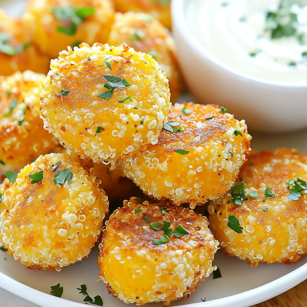 - 1 cup pumpkin puree (fresh or canned) - ½ cup cooked quinoa - ¼ cup all-purpose flour (or chickpea flour for gluten-free) - ¼ cup grated Parmesan cheese (or nutritional yeast for vegan option) - ¼ teaspoon garlic powder - ¼ teaspoon onion powder - 1 teaspoon smoked paprika - ½ teaspoon salt - ¼ teaspoon black pepper - 1 egg (or flax egg for vegan option) - 2 tablespoons olive oil - Fresh parsley, chopped (for garnish) The key to great Baked Pumpkin Fritter Bites is using fresh, quality ingredients. Pumpkin puree brings a sweet and creamy base. Cooked quinoa adds protein and texture. You can use all-purpose flour for a classic taste or chickpea flour for a gluten-free option. For a savory touch, grated Parmesan cheese enhances flavors, while nutritional yeast suits a vegan diet. Seasoning is vital; garlic powder, onion powder, smoked paprika, salt, and black pepper create a delightful taste. - Dipping sauces recommendations: tzatziki or spicy aioli - Variations on cheese: feta or mozzarella can change the flavor profile Dipping sauces can elevate your fritters. Tzatziki adds a cool, creamy twist. Spicy aioli gives a kick. If you want to mix up the cheese, try feta for a tangy bite or mozzarella for a gooey texture. These options let you explore flavors and create a unique dish every time. {{ingredient_image_1}} 1. Preheat the oven and prepare the baking sheet Start by preheating your oven to 400°F (200°C). This step is vital for even cooking. Next, line a baking sheet with parchment paper. This keeps the fritters from sticking. 2. Mixing wet and dry ingredients In a large bowl, combine the pumpkin puree, cooked quinoa, flour, Parmesan cheese, garlic powder, onion powder, smoked paprika, salt, and black pepper. Mix well until all ingredients blend together. In another bowl, whisk the egg. If you want a vegan option, mix 1 tablespoon of ground flaxseed with 2.5 tablespoons of water. Let it sit for 5 minutes to thicken. Add the egg mixture to the pumpkin mix and stir until fully combined. The mix should be thick and easy to scoop. 1. Shaping the fritter mixture Use a tablespoon or a small cookie scoop to form the mixture into bite-sized balls. Place them evenly spaced on your prepared baking sheet. 2. Drizzling with olive oil Drizzle the tops of the fritters with olive oil. This helps them become golden and crispy while baking. 3. Baking instructions Bake the fritters in your preheated oven for 20-25 minutes. Flip them halfway through to ensure they cook evenly. They are done when they are golden brown and firm to touch. 1. Garnishing with parsley After baking, remove the fritters from the oven and let them cool slightly. Sprinkle fresh chopped parsley on top for a pop of color and flavor. 2. Recommended dipping sauces Serve the fritters warm with your favorite dipping sauce. Tzatziki or spicy aioli pairs nicely and adds a tasty kick. To get the best fritter texture, you need the right mixture thickness. Your mixture should feel thick and scoopable. If it’s too runny, add a bit more flour. If it’s too thick, add a little water or more pumpkin puree. Bake your fritters at 400°F (200°C) for 20 to 25 minutes. Flip them halfway through. This helps them cook evenly. You want them golden brown and firm to the touch. Adding spices can take your fritters to the next level. Try adding a pinch of nutmeg or a dash of cayenne for extra kick. Fresh herbs like thyme or rosemary can also add great flavor. If you want to experiment with cheese, try using feta or goat cheese. They will add a different taste and creaminess. For vegan adaptations, use a flax egg instead of a regular egg. Just mix one tablespoon of ground flaxseed with 2.5 tablespoons of water. Let it sit for five minutes to thicken. For gluten-free options, swap all-purpose flour for chickpea flour. This will keep your fritters tasty and safe for those avoiding gluten. Pro Tips Use Fresh Pumpkin: For the best flavor, consider using fresh pumpkin instead of canned. Roast a small pumpkin, scoop out the flesh, and puree it for maximum freshness. Texture Matters: If your mixture seems too wet, add more flour gradually until it's thick enough to hold its shape. This will help ensure your fritters hold together during baking. Experiment with Spices: Feel free to adjust the spices to your liking. Adding a pinch of cayenne pepper can give your fritters a delightful kick! Storage Tips: These fritters can be stored in an airtight container in the refrigerator for up to 3 days. Reheat in the oven for a couple of minutes to regain their crispiness. {{image_2}} You can switch things up with a sweet potato alternative. Sweet potatoes bring a rich taste and creamy texture. Simply replace pumpkin puree with equal parts sweet potato mash. This makes a tasty twist on the classic. Adding herbs can also boost flavor. Fresh herbs like thyme or rosemary enhance the taste of your fritters. You only need a tablespoon of chopped herbs mixed into the batter. This makes the fritters bright and fresh. When plating, use a colorful dish to make your fritters pop. A white plate works well to show off the golden color. Garnish with fresh parsley for a nice touch. You can also sprinkle some paprika for extra flair. For dipping sauces, think outside the box. Tzatziki is a cool and creamy choice. It pairs well with the warm fritters. Try a spicy aioli for a kick. Both sauces add a fun element to your dish. In fall, consider adding seasonal ingredients. Chopped apple or nutmeg can give your fritters a cozy vibe. These flavors make them perfect for autumn gatherings. For holidays, serve your fritters as appetizers. They are easy to share and look great on a platter. You could even place them next to a festive dip. This makes them a hit at any holiday party. To keep your baked pumpkin fritter bites fresh, follow these tips: - Refrigeration: Place leftover fritters in an airtight container. Store in the fridge for up to 3 days. To keep them crisp, avoid stacking them. Separate layers with parchment paper if needed. - Freezing: For longer storage, freeze the fritters. Allow them to cool completely. Then, place them in a single layer on a baking sheet. Freeze them for about an hour. Once frozen, transfer to a freezer-safe bag. They can last up to 3 months in the freezer. Reheating your fritters can be done in a few ways: - Oven Method: Preheat your oven to 350°F (175°C). Place fritters on a baking sheet. Heat for about 10-15 minutes. This method keeps them crispy. - Microwave Method: You can use the microwave for quick reheating. Place fritters on a microwave-safe plate. Heat for 30 seconds to 1 minute. Note that they may not stay crispy with this method. For the best results, I recommend the oven! Can I use fresh pumpkin instead of canned? Yes, you can use fresh pumpkin. Just roast it first. Cut the pumpkin into pieces, bake it until soft, and then puree it. This gives your fritters a fresh flavor. How do I prevent my fritters from falling apart? To keep your fritters from falling apart, make sure the mixture is thick. The right amount of flour and egg helps bind it. If it feels too loose, add a bit more flour. What can I substitute for quinoa? You can use cooked rice or even mashed beans. Both options give a nice texture. If you go with mashed beans, make sure they are well-drained for the best results. Baked pumpkin fritter bites are easy and fun to make. We covered key ingredients, steps, and pro tips. Remember to experiment with flavors and sauces to make them your own. Whether you serve them at a party or enjoy them as a snack, they will impress. Don't forget to store leftovers properly, so you can enjoy them later. With the right tricks, you’ll create tasty bites every time. Enjoy your cooking journey with these delicious fritters!