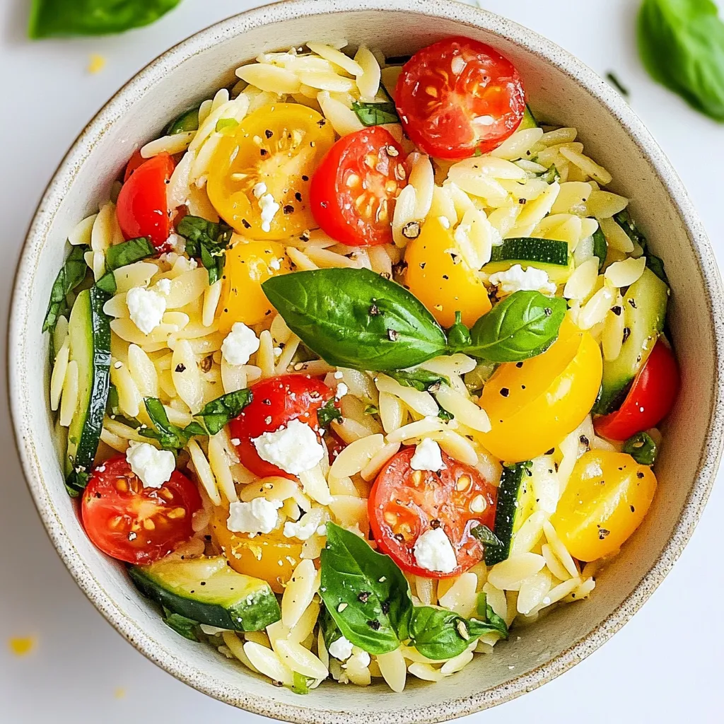 To make the Zesty Lemon Orzo Bowl, you will need the following: - 2 cups orzo pasta - 4 cups vegetable broth - 1 cup cherry tomatoes, halved - 1 cup baby spinach - 1 small zucchini, diced - 1 bell pepper (any color), diced - ¼ cup red onion, finely chopped - 2 cloves garlic, minced - 2 tablespoons olive oil - Juice and zest of 1 lemon - Salt and pepper to taste - Fresh basil leaves for garnish - Optional: Feta cheese for topping You can easily swap some ingredients to suit your taste or what you have on hand. Here are a few ideas: - If you don’t have orzo, try using any small pasta, like ditalini or couscous. - Vegetable broth can be replaced with chicken broth for extra flavor. - Spinach can be swapped with kale or arugula. Both add great taste and texture. - Any bell pepper works, but you can also use asparagus or broccoli for crunch. - If you lack fresh basil, try dry herbs like oregano or thyme instead. - For a creamy touch, substitute feta with goat cheese or a dairy-free option. Toppings can elevate your dish. Here are a few suggestions: - Crumbled feta cheese adds a tangy flavor. - Toasted pine nuts or walnuts add crunch. - A sprinkle of red pepper flakes for heat can enhance the dish. - Sliced olives or capers bring a briny flavor. - Add a dollop of Greek yogurt for creaminess. These options let you customize your meal and make it truly yours. Enjoy experimenting! {{ingredient_image_1}} To start, grab a medium saucepan. Pour in 4 cups of vegetable broth and bring it to a boil over medium heat. Once it's bubbling, add 2 cups of orzo pasta. Cook it for about 8-10 minutes. You want it to be al dente, which means it should still have a little bite. After cooking, drain the orzo and set it aside. Now, take a large skillet and heat up 2 tablespoons of olive oil over medium heat. Add in ¼ cup of finely chopped red onion and 2 cloves of minced garlic. Sauté them for 2-3 minutes until the onion looks clear. Next, toss in 1 small diced zucchini and 1 diced bell pepper. Cook these veggies for about 5 minutes until they get tender. Then, add 1 cup of halved cherry tomatoes and 1 cup of baby spinach. Cook for another 2-3 minutes until the spinach wilts down. Now it’s time to bring everything together! Add the cooked orzo to the skillet with your sautéed veggies. Squeeze in the juice and zest of 1 lemon for that zesty flavor. Mix everything well. Season with salt and pepper to taste. After stirring, remove it from the heat. Let it rest for a minute to let the flavors mix. Serve warm and top with fresh basil leaves and optional crumbled feta cheese if you like. Enjoy your delicious weeknight orzo dinner! To get the best orzo, cook it in vegetable broth. This adds depth to the flavor. Follow the cooking time on the package. Aim for al dente, which means firm to the bite. After cooking, make sure you drain it well. A little extra moisture can make it mushy. Fresh herbs can change the whole dish. Basil is a great choice here. Add it just before serving to keep its taste bright. You can also use dried herbs if fresh is not available. Try oregano or thyme for an extra kick. A pinch of red pepper flakes adds a fun heat too. Prep your ingredients ahead. Chop the veggies the night before. Store them in the fridge for quick access. You can also cook the orzo in advance. Just warm it up when you’re ready to cook. Using frozen veggies is another great time-saver. They cook fast and taste fresh. Pro Tips Use Fresh Ingredients: Always opt for fresh vegetables and herbs to enhance the flavor and nutrients of your dish. Don’t Overcook the Orzo: Keep an eye on the cooking time to prevent the orzo from becoming mushy; it should be al dente. Customize Your Veggies: Feel free to substitute your favorite vegetables or whatever you have on hand for a personal touch. Make It a Meal: Add protein such as grilled chicken, shrimp, or chickpeas to turn this bowl into a hearty meal. {{image_2}} If you want to keep it vegetarian, this dish shines! Use all your favorite veggies. Add more spinach or toss in kale for a nutrient boost. Try artichoke hearts or roasted red peppers for extra flavor. You can even add a can of chickpeas for protein and texture. This dish is about what you like! To make this meal heartier, add protein. Grilled chicken is a great choice. Simply slice it and mix it in at the end. Shrimp adds a nice seafood twist. Sauté shrimp in olive oil until pink, then fold them into the orzo. If you prefer plant-based options, tofu works well too. Just cube it and sauté until golden before adding it to the mix. Feel free to switch up the veggies! Broccoli, carrots, or peas can add color and crunch. If you like a bit of spice, add diced jalapeños or banana peppers. Don’t shy away from frozen veggies; they work well too and save time. The key is to keep it fresh and fun! After you enjoy your zesty lemon orzo bowl, store leftovers in an airtight container. Let the dish cool to room temperature before sealing. This helps keep the orzo fresh. Store it in the fridge for up to three days. Keep in mind, the longer it sits, the softer the orzo becomes. When you want to enjoy your orzo again, heat it on the stove for best results. Add a splash of vegetable broth or water to keep it moist. Heat over low to medium heat until warm. You can also use a microwave. Place the orzo in a bowl, add a splash of broth, and cover it. Heat for one to two minutes, stirring halfway through. If you want to save some orzo for later, freezing is a great option. First, let the dish cool completely. Then, divide it into single servings. Use freezer-safe bags or containers. Remember to remove as much air as possible. You can freeze the orzo for up to three months. When ready to eat, thaw it overnight in the fridge before reheating. Yes, you can use whole wheat orzo. Whole wheat orzo adds more fiber and nutrients. It has a slightly nuttier taste than regular orzo. It cooks in the same time, so no need to adjust your cooking. Just make sure to watch it closely for the right texture. To make this dish gluten-free, choose gluten-free orzo. Many brands offer rice or corn-based options. These alternatives cook similarly to regular orzo. Check the package for timing, as it may vary slightly. This way, you can enjoy a tasty meal without gluten. You can add many veggies to your orzo bowl. Consider using peas, carrots, or broccoli. These options add color and flavor. You can also try mushrooms or asparagus for a different taste. Feel free to mix and match based on what you like. This blog covered the key points for a great orzo dish. You learned about the ingredients, how to prepare them, and tips for the best flavor and texture. We also explored fun variations and storage tips your meals. Remember, orzo is versatile and easy to customize. Use what you have on hand and make it your own. Enjoy creating delicious meals that fit your needs!