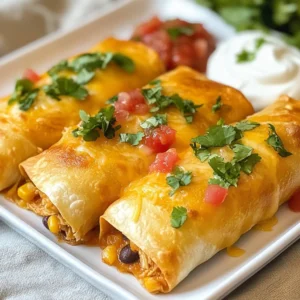 - 2 cups cooked chicken, shredded - 1 cup black beans, drained and rinsed - 1 cup corn kernels (fresh or frozen) - 1 cup shredded cheese (cheddar or Monterey Jack) - 1 small onion, finely chopped - 2 cloves garlic, minced - 1 teaspoon ground cumin - 1 teaspoon chili powder - 1/2 teaspoon smoked paprika - 1/4 teaspoon salt - 1/4 teaspoon black pepper - 4 large flour tortillas - 2 tablespoons olive oil - 1/4 cup fresh cilantro, chopped (for garnish) - Salsa and sour cream (for serving) Each serving of baked chicken chimichangas contains about: - Calories: 450 - Protein: 30g - Carbohydrates: 40g - Fat: 20g - Fiber: 8g These numbers can vary based on your specific ingredients. To make these chimichangas, you will need: - Large mixing bowl - Baking sheet - Parchment paper - Brush for oil - Knife and cutting board - Measuring cups and spoons With these ingredients and tools, you're set for a tasty cooking adventure! These baked chicken chimichangas are easy to make and full of flavor. Enjoy the process! {{ingredient_image_1}} Start by preheating your oven to 400°F (200°C). This temperature helps the chimichangas get nice and crispy. While the oven heats, line a baking sheet with parchment paper. This makes for easy clean-up and keeps the chimichangas from sticking. In a large mixing bowl, combine 2 cups of shredded chicken, 1 cup of drained black beans, and 1 cup of corn. Add 1 cup of shredded cheese, such as cheddar or Monterey Jack. Next, mix in 1 small finely chopped onion and 2 minced garlic cloves. For flavor, add 1 teaspoon of ground cumin, 1 teaspoon of chili powder, 1/2 teaspoon of smoked paprika, 1/4 teaspoon of salt, and 1/4 teaspoon of black pepper. Stir everything until it is mixed well. Take a large flour tortilla and lay it flat on a clean surface. Place a generous scoop of the chicken filling in the center. Fold the sides of the tortilla in, then roll it from the bottom up. This will help keep the filling inside. Repeat this process with the remaining tortillas and filling. Carefully place the rolled chimichangas seam-side down on the lined baking sheet. Brush the tops with about 2 tablespoons of olive oil. This step is key for getting that golden, crispy texture you want. Bake the chimichangas in the oven for 20-25 minutes. Flip them halfway through so they brown evenly. When they are golden brown, take them out and let them cool for a minute. Add a sprinkle of fresh chopped cilantro on top for flavor. Serve these warm with salsa and sour cream on the side for dipping. Enjoy your tasty creation! To get your chimichangas really crispy, brush them well with olive oil. Use a pastry brush for even coverage. Flip them halfway through baking for even crispness on all sides. You can also bake them on a wire rack set over a baking sheet. This lets air flow around them, making them crispier. If you want to change things up, try using ground turkey or beef instead of chicken. You can also use different beans, like pinto or kidney beans. Adding diced bell peppers or jalapeños gives a nice kick. For cheese, mix in pepper jack for extra flavor. Fresh avocado or guacamole makes a great topping too! One common mistake is overfilling the tortillas. Use just enough filling to wrap snugly. If the tortillas are too dry, they may crack. Warm them slightly in the microwave to make them flexible. Lastly, don’t skip the oil brush! It helps the chimichangas get that golden, crispy finish we all love. Pro Tips Use Leftover Chicken: Utilize leftover rotisserie or grilled chicken to save time and add great flavor to your filling. Customize Your Fillings: Feel free to add other ingredients like diced bell peppers, jalapeños, or different types of beans to suit your taste. Test Crispiness: If you prefer extra crispy chimichangas, broil them for the last 2-3 minutes of baking, watching closely to prevent burning. Make Ahead: Assemble the chimichangas ahead of time, store them in the fridge, and bake them fresh when you're ready to serve. {{image_2}} You can easily make a vegetarian version. Just skip the chicken. Use these ingredients: - 1 cup black beans - 1 cup corn kernels - 1 cup shredded cheese - 1 small onion, finely chopped - 2 cloves garlic, minced - 1 teaspoon ground cumin - 1 teaspoon chili powder - 1/2 teaspoon smoked paprika - 1/4 teaspoon salt - 1/4 teaspoon black pepper Mix these items in a bowl. Follow the same steps for assembly and baking. This option packs a punch with flavor and is meat-free. If you love heat, add spice to your chicken chimichangas. Here’s how to make them spicy: - Add 1-2 diced jalapeños to the filling. - Increase chili powder to 1 1/2 teaspoons. - You can also use pepper jack cheese for extra heat. This variation makes every bite a flavorful thrill. Adjust the spice level to suit your taste. For cheese lovers, a cheese-only version is a great treat. Use these ingredients: - 2 cups shredded cheese (like cheddar or Monterey Jack) - 1 small onion, finely chopped - 2 cloves garlic, minced - 1 teaspoon ground cumin - 1 teaspoon chili powder - 1/4 teaspoon salt - 1/4 teaspoon black pepper Mix the cheese with the onion, garlic, and spices. This option is creamy and cheesy, perfect for a quick meal. To store leftovers, let the chimichangas cool down first. Place them in an airtight container. This keeps them fresh for up to three days in the fridge. If you have extra salsa or sour cream, store those in separate containers. When you're ready to enjoy leftovers, you can reheat them easily. Preheat your oven to 350°F (175°C). Place the chimichangas on a baking sheet and heat for about 15-20 minutes. This method keeps them crispy. You can also use a microwave, but they may lose some crunch. If you want to freeze chimichangas, wrap each one tightly in plastic wrap. Then, place them in a freezer-safe bag. They can stay frozen for up to three months. To cook from frozen, bake them straight from the freezer at 375°F (190°C) for about 30-35 minutes. Enjoy a taste of home-cooked goodness anytime! Yes, you can use different proteins. Ground beef or turkey works well. You can also use shredded pork or even tofu for a vegetarian option. Just cook the protein before adding it to the filling. Baked chicken chimichangas last about three to four days in the fridge. Store them in an airtight container for the best results. If they smell off or look strange, it’s best to toss them. Yes, you can make chimichangas ahead of time. Assemble them and store them in the fridge for up to a day. You can also freeze them before baking. Just make sure to wrap them tightly. You can serve chimichangas with salsa and sour cream for dipping. A simple side salad or some rice also pairs well. Guacamole and tortilla chips make a great addition too. Baked chicken chimichangas are easy to make and taste great. We covered the ingredients, step-by-step cooking, and helpful tips. You can also try variations like vegetarian or spicy options. With the right storage and reheating tips, leftovers stay tasty. Enjoy making this dish for your next meal. You will impress everyone with your skills!