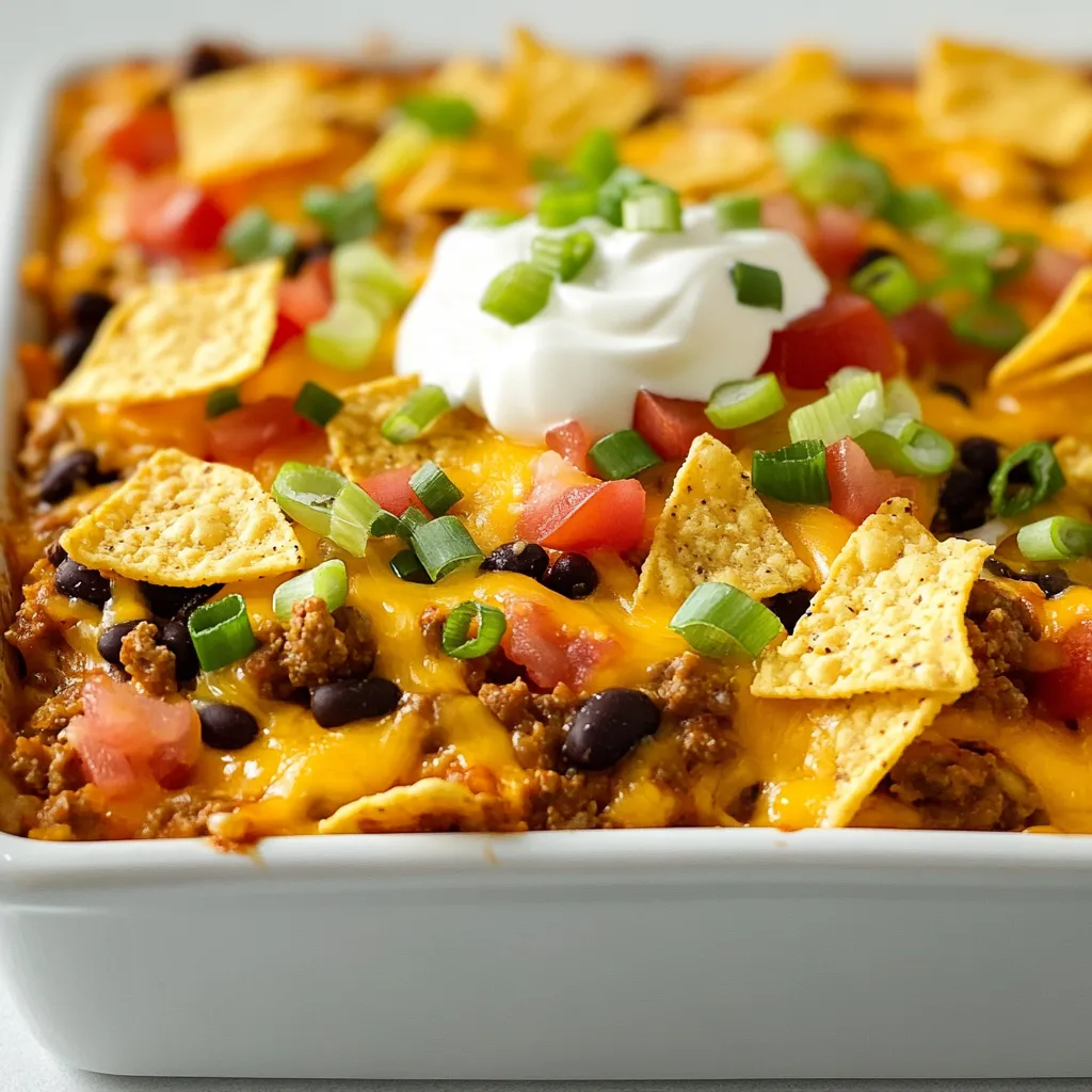 To make your Easy Taco Bake, you will need: - 1 lb ground beef or turkey - 1 can (15 oz) black beans, rinsed and drained - 1 can (10 oz) diced tomatoes with green chilies - 1 packet taco seasoning - 1 cup corn kernels (fresh or frozen) - 1 cup sour cream - 1 cup cheddar cheese, shredded - 1 cup tortilla chips, crushed - ½ cup green onions, chopped - Fresh cilantro for garnish (optional) - Salt and pepper to taste You can easily swap ground beef for ground turkey. This change makes it lighter but still tasty. If you want a vegetarian option, use lentils or mushrooms instead of meat. You can also switch black beans for kidney beans or pinto beans. Each option gives a unique twist to the dish. Toppings can elevate your Taco Bake. Try adding sliced avocado for creaminess. You can also add salsa for a fresh kick. If you like heat, jalapeños bring a spicy punch. Other great options include chopped tomatoes or extra cheese. Mix and match to create your perfect bite! {{ingredient_image_1}} First, gather all your ingredients. You need: - 1 lb ground beef or turkey - 1 can (15 oz) black beans, rinsed and drained - 1 can (10 oz) diced tomatoes with green chilies - 1 packet taco seasoning - 1 cup corn kernels (fresh or frozen) - 1 cup sour cream - 1 cup cheddar cheese, shredded - 1 cup tortilla chips, crushed - ½ cup green onions, chopped - Fresh cilantro for garnish (optional) - Salt and pepper to taste Next, preheat your oven to 350°F (175°C). This step is key. It ensures your taco bake cooks evenly. In a large skillet, heat over medium heat. Add the ground beef or turkey. Cook until it is no longer pink, about 7-10 minutes. If there is excess fat, drain it. Now, stir in the black beans, diced tomatoes (with juices), taco seasoning, corn, salt, and pepper. Mix well. Cook this for another 5 minutes. You want everything heated through and flavors to meld. Grab a baking dish and layer half of the crushed tortilla chips on the bottom. This forms the base. Spread the meat and bean mixture evenly over the chips. Use a spatula for an even layer. Next, dollop the sour cream on top. Spread it gently for a creamy layer. Sprinkle half of the shredded cheese over the sour cream. This adds melty goodness. Add the remaining crushed tortilla chips as a second layer. Then, top with the rest of the meat mixture. Finally, add the rest of the shredded cheese and chopped green onions. Bake in your preheated oven for 25-30 minutes. Look for bubbly cheese as a sign it’s ready. After baking, let your taco bake sit for 5 minutes before serving. This helps with slicing. Enjoy your tasty creation! To get the best bake, preheat your oven to 350°F. This step is key. Even heat helps melt the cheese and warm the filling. Layer the chips well. Start with half the chips at the bottom. This keeps the dish from getting too soggy. Use a glass baking dish for even cooking. Check the bake after 25 minutes. You want the cheese bubbly and golden. One mistake is not draining the meat well. If you leave excess fat, it can make the dish greasy. Another mistake is overloading it with toppings. Too many toppings can lead to a messy bake. Also, don’t skip the resting time. Let it sit for five minutes after baking. This helps the layers stay together when you serve. You can make this dish your own! Swap ground beef for turkey or even plant-based meat. Want more veggies? Add bell peppers or zucchini to the meat mix. You can also change the beans. Black beans are great, but kidney beans work too. For toppings, think outside the box! Try jalapeños for heat, or avocado for creaminess. Each twist adds a new flavor to your taco bake. Enjoy making it your own! Pro Tips Use Lean Meat: Opt for lean ground beef or turkey to reduce the fat content while still enjoying a hearty flavor. Customize Your Toppings: Feel free to add jalapeños, olives, or avocado for extra flavor and texture. Layer Wisely: Ensure even distribution of layers to prevent sogginess; start and finish with cheese for a perfectly melted topping. Make Ahead: Assemble the dish in advance and refrigerate it until you're ready to bake, making meal prep a breeze. {{image_2}} You can easily make this taco bake without meat. Swap the ground beef or turkey for a mix of veggies. Use bell peppers, zucchini, or mushrooms. You can also add tofu for protein. Just chop and sauté your veggies in the skillet until soft. Then follow the same steps to build your layers. This option is tasty and gives you more colors on your plate. To keep this dish gluten-free, use corn tortilla chips instead of regular ones. Check that your taco seasoning is gluten-free too. Many brands offer gluten-free mixes. You can also use gluten-free flour tortillas. Cut them into pieces and layer them just like the chips. These small changes will let everyone enjoy this taco bake. Want more heat? You can add more spice easily. Try using spicy taco seasoning instead of regular. You can also mix in jalapeños or green chilies with the meat. Adding a dash of hot sauce to the sour cream is another great way to boost flavor. If you love heat, don't be shy to experiment with spices. To store your leftover taco bake, let it cool first. Place it in an airtight container. Keep it in the fridge for up to three days. This helps keep the flavors fresh and tasty. If you have a lot left, consider portioning it out for easy meals later. You can freeze taco bake too! First, let it cool completely. Wrap the dish tightly in plastic wrap. Then, cover it with aluminum foil. You can store it in the freezer for up to three months. This way, you have a quick meal ready whenever you want. When it's time to reheat, you have a few options. For the best taste, use the oven. Preheat it to 350°F (175°C). Bake the taco bake for about 20 minutes. This warms it through and keeps the cheese melty. If you’re short on time, you can use the microwave. Heat it in 30-second intervals, stirring in between. Just make sure it’s hot all the way through. Enjoy your delicious, easy taco bake! Yes, you can use different proteins in this recipe. Ground turkey works great as a lean option. You could also try ground chicken or even plant-based meat for a vegetarian twist. Just cook it the same way as ground beef. Make sure to adjust seasonings based on the protein you choose. If using a different meat, keep an eye on cooking times. To make this dish spicier, add diced jalapeños or a splash of hot sauce. You can also pick a spicier taco seasoning. Another option is to mix in some red pepper flakes. If you love heat, don’t shy away from experimenting! Just remember, start small and taste as you go. This way, you can find the perfect level of spice for your taste buds. There are many good sides to pair with Taco Bake. A fresh green salad adds a nice crunch. You can also serve it with Mexican rice for a hearty meal. Tortilla chips with salsa or guacamole are great, too. If you want something lighter, try a simple corn salad. Each side can enhance the meal and make it more fun! This blog covers all you need for a great taco bake. You learned about ingredients, cooking steps, and useful tips. Explore variations like vegetarian or gluten-free options too. Don’t forget storage methods for leftovers. In the end, this dish is easy to customize and share. Enjoy making it your own!