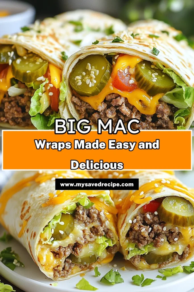 Looking for a fun twist on a classic favorite? Try this Big Mac Wrap Recipe for a quick dinner that the whole family will love! These Easy Beef Wraps are filled with seasoned ground beef, fresh veggies, and creamy dressing, all wrapped in soft tortilla wraps with ground beef. Make Homemade Big Mac Style Wraps in just 30 minutes - perfect for a busy weeknight! Click to save this delicious recipe! #BigMacWrap #QuickDinnerWraps #TortillaWraps #EasyBeefWraps