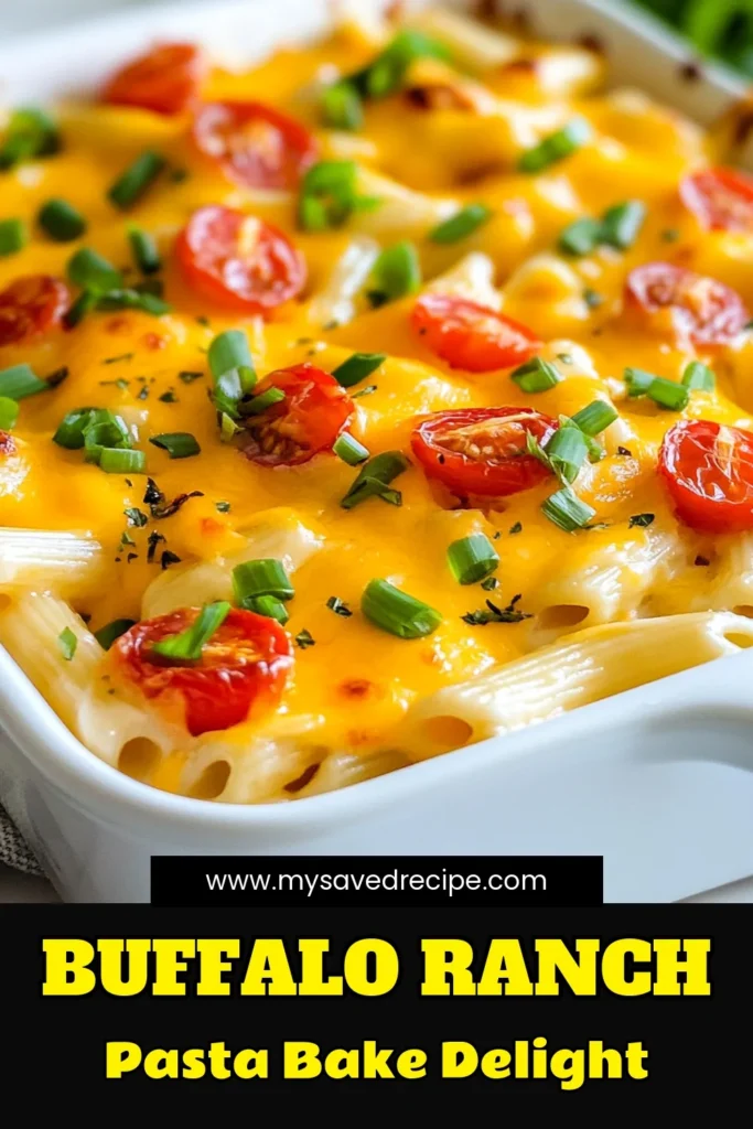 Looking for a delicious twist on dinner? Try this Ranch Buffalo Pasta Bake! This buffalo chicken pasta recipe combines creamy ranch and shredded cheddar for a cheesy pasta bake that’s perfect for any weeknight meal. It's an easy chicken casserole that your family will love. Ready in just 50 minutes, it’s a creamy ranch pasta dish that brings the heat and comfort together. Save and make it tonight! #RanchBuffaloPastaBake #BuffaloChickenPasta #CheesyPastaBake #EasyChickenCasserole