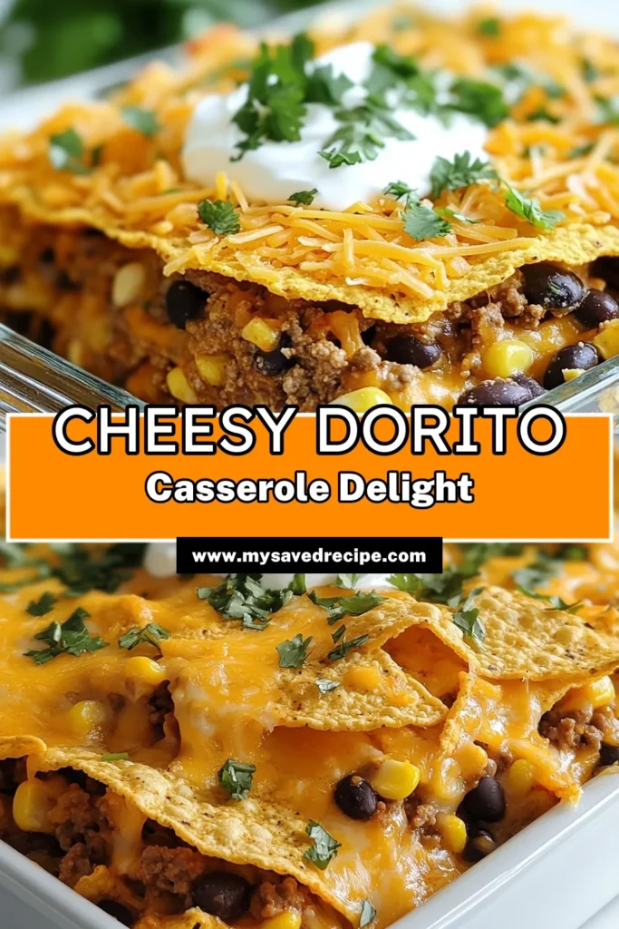 Indulge in a delightful Cheesy Dorito Casserole, a perfect taco casserole recipe that combines layers of flavor with crispy Nacho Cheese Doritos, ground beef, and hearty beans. This Ground Beef Dorito Bake is easy to assemble and bakes to perfection in just 45 minutes, making it a great weeknight meal. Try this Dorito Casserole with Beans for a satisfying dinner tonight. Save the recipe for later! #CheesyDoritoCasserole #TacoCasserole #GroundBeefDoritoBake #DinnerIdeas