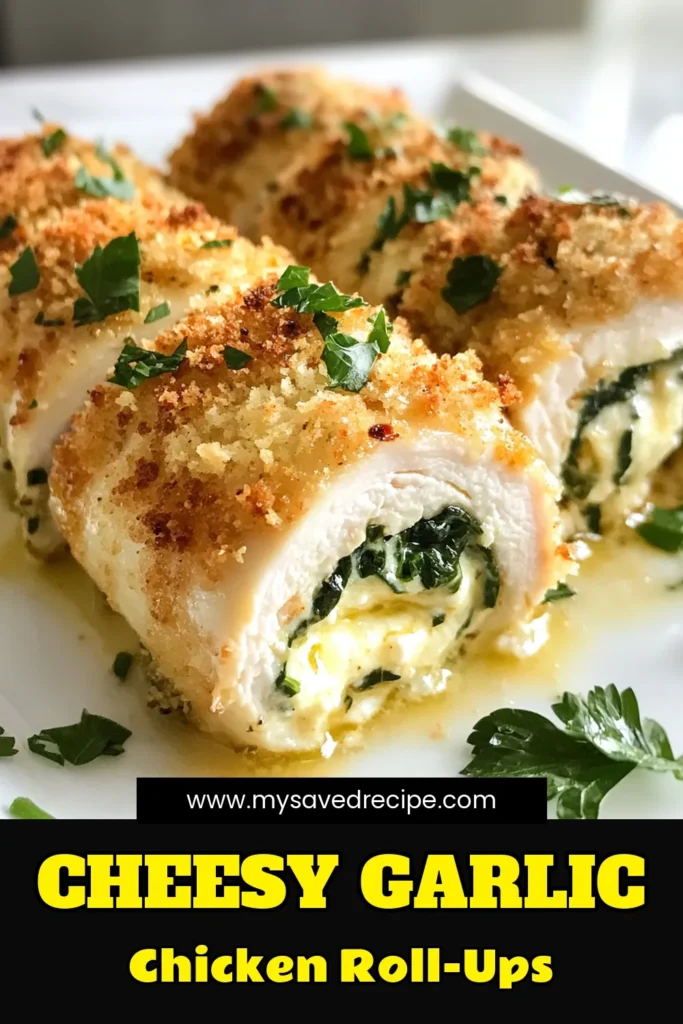 Discover the delicious Garlic Parmesan Chicken Roll-Ups, an easy chicken dinner the whole family will love! This Chicken Roll-Ups recipe combines succulent baked chicken breasts with a creamy spinach ricotta filling and a crunchy breadcrumb coating. Perfect for a weeknight meal, this dish showcases the flavorful Garlic Parmesan Chicken. Try it today and elevate your baked chicken breast recipes! Save this recipe and impress your guests! #GarlicParmesanChicken #ChickenRollUpsRecipe #EasyChickenDinner #BakedChickenBreastRecipes