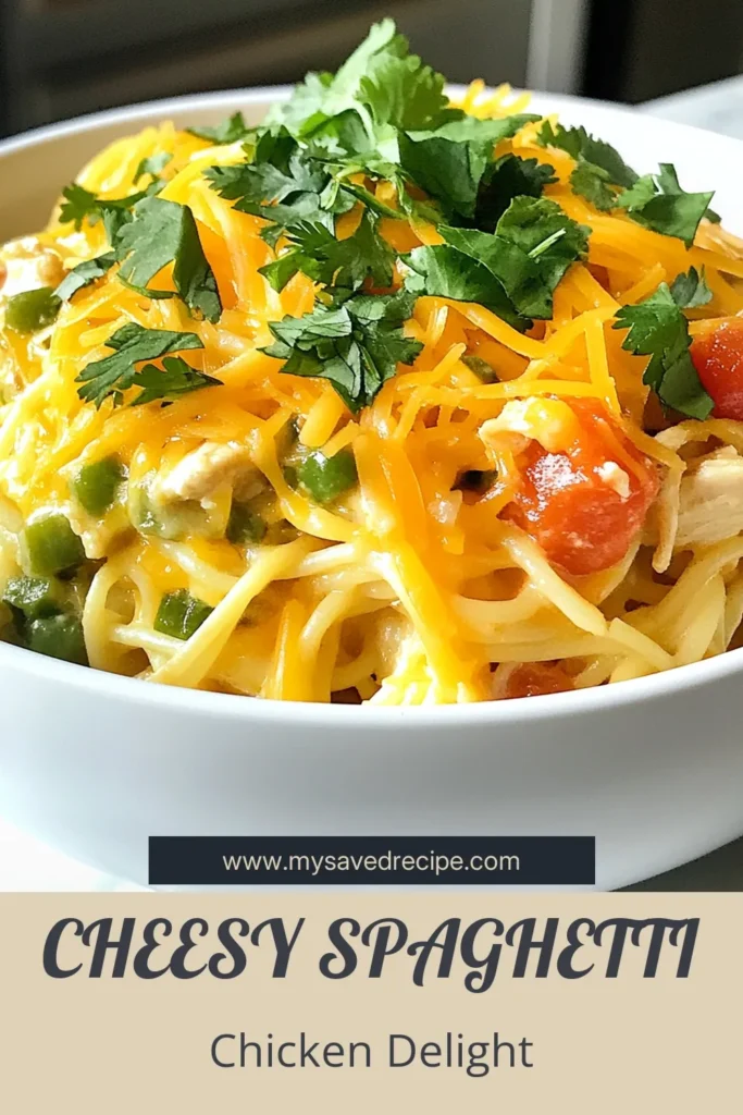 Dive into this cheesy chicken spaghetti that brings a spicy kick to your dinner table! This easy chicken pasta dish features shredded chicken, Rotel tomatoes, and plenty of melted cheese for a deliciously baked spaghetti with cheese. Perfect for busy weeknights, this spicy chicken spaghetti recipe will be a family favorite. Try it now and save this recipe for later! #CheesyChickenSpaghetti #RotelChickenSpaghetti #EasyDinner #PastaRecipes