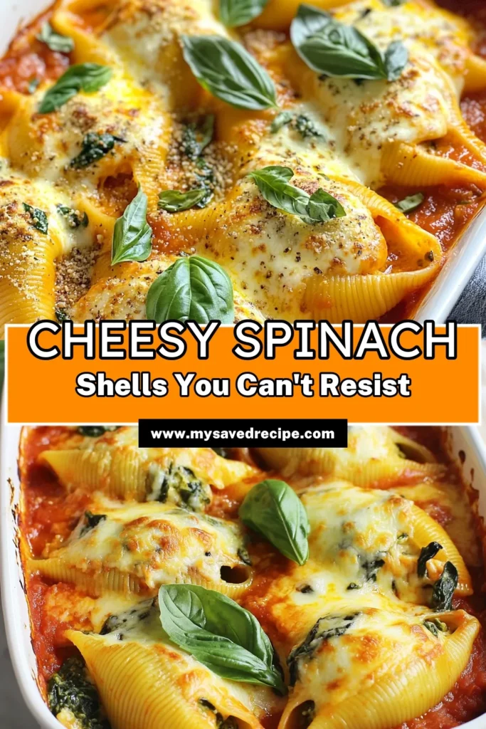 Discover the ultimate comfort food with this Cheesy Spinach Ricotta Shells recipe! Packed with creamy ricotta, fresh spinach, and a blend of cheeses, these baked spinach ricotta shells make an easy pasta dish that's perfect for any night. This vegetarian pasta recipe is simple to follow and sure to impress. Don’t miss out—save this stuffed pasta shells recipe for your next family meal! #VegetarianPasta #StuffedShells #PastaRecipe #EasyDinnerIdeas