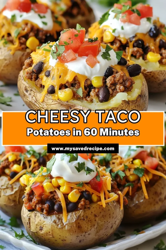 Indulge in these Cheesy Taco Potatoes for a delightful twist on baked potatoes! This loaded baked potatoes recipe features ground beef, taco seasoning, black beans, and corn, all stuffed into perfectly baked russet potatoes. Enjoy Mexican stuffed potatoes topped with cheese, diced tomatoes, and a touch of sour cream. Perfect for a family dinner or a fun gathering, this ground beef potato bake will become a favorite. Save this recipe for your next meal! #CheesyTacoPotatoes #LoadedBakedPotatoes #TacoSeasoningPotatoes #MexicanStuffedPotatoes