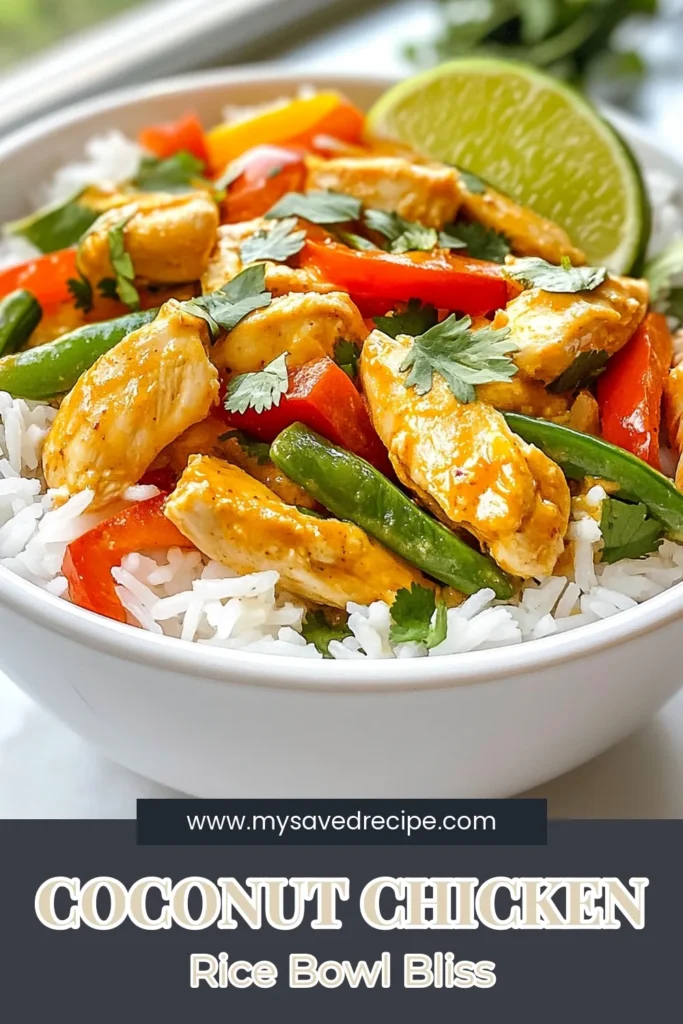 Looking for a quick and delicious dinner? Try this Minute Coconut Chicken Rice Bowl! Packed with flavor from coconut milk and tender chicken, this healthy rice bowl recipe is perfect for busy nights. Featuring jasmine rice, fresh veggies, and savory spices, it’s a delightful fusion. Make this Coconut Chicken Rice Bowl tonight and enjoy a satisfying meal in just 30 minutes! Save this pin and bring this quick chicken dinner to your table. #CoconutChickenRiceBowl #HealthyRecipes #QuickDinner #JasmineRiceRecipe