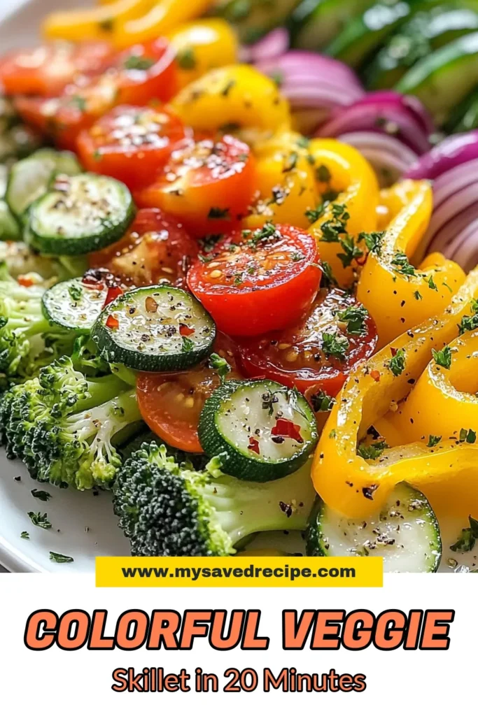 Discover this vibrant Rainbow Veggie recipe that's perfect for a healthy vegetable dish! This quick vegetable stir-fry features a colorful veggie medley, including bell peppers, zucchini, broccoli, and cherry tomatoes, sautéed to perfection. It's an easy vegetarian sautéed vegetables recipe you'll love! Enjoy this nutritious dish in just 20 minutes. Save this delicious recipe for a fun and healthy meal today! #HealthyEating #VegetarianRecipes #VeggieLovers #QuickAndEasyCooking