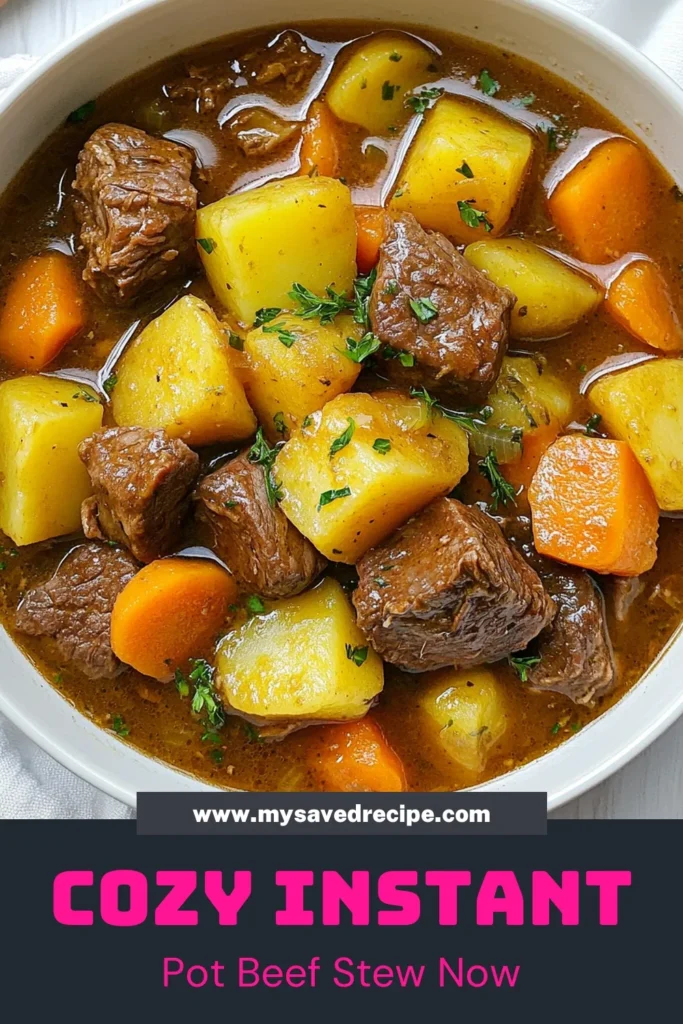 Warm up with this Instant Pot beef stew cozy style, the perfect hearty beef stew recipe for chilly days. This easy beef stew Instant Pot dish combines tender beef, carrots, and potatoes for maximum comfort. With simple ingredients and a quick pressure cooker beef stew method, you’ll have a delicious meal in no time. Try this cozy beef stew recipe today! Save it for your next cooking adventure! #InstantPotBeefStew #CozyBeefStewRecipe #EasyBeefStew #HeartyBeefStewRecipe