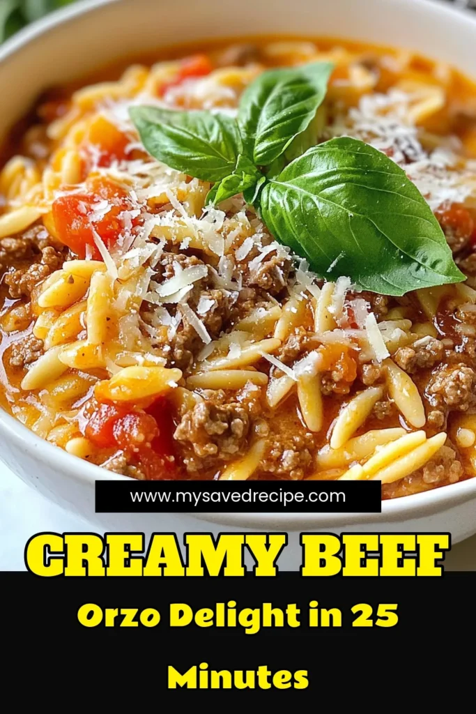 Discover this delicious beef orzo recipe featuring a creamy tomato sauce that transforms your weeknight meals. This ground beef orzo is not only quick to prepare but packed with flavor, making it an ideal easy weeknight dinner. Elevate your Italian orzo recipes with this comforting dish that everyone will love. Try it today and enjoy a hearty meal in just 25 minutes! Save this recipe for your next dinner. #BeefOrzoRecipe #TomatoCreamSaucePasta #EasyWeeknightDinner #ItalianOrzoRecipes