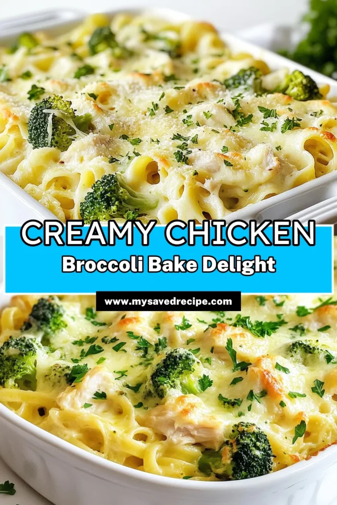 Indulge in this Creamy Chicken Broccoli Alfredo Bake, the ultimate comfort food chicken recipe! This easy Alfredo pasta recipe features tender shredded chicken, vibrant broccoli, and fettuccine pasta, all smothered in rich alfredo sauce and topped with melty cheese. Perfect for family dinners, this Chicken Broccoli Alfredo Bake is sure to become a favorite. Try it today and save for later! #ComfortFood #AlfredoPasta #EasyRecipes #ChickenRecipes