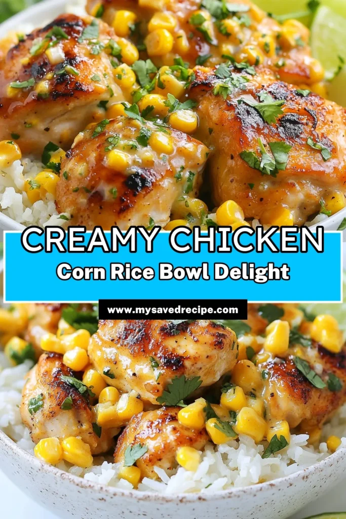 Discover the ultimate weeknight meal with these Creamy Street Corn Chicken Rice Bowls! This easy dinner recipe combines tender chicken with sweet corn in a rich, creamy sauce. Perfect for busy nights, this chicken and corn bowl is bursting with flavor. Add a hint of cilantro and lime for freshness. Try this delicious street corn chicken recipe today and elevate your dinner game! Save this recipe for your next culinary adventure! #CreamyChickenRiceBowls #EasyDinnerRecipes #ChickenAndCornBowl #CilantroLimeChickenBowl