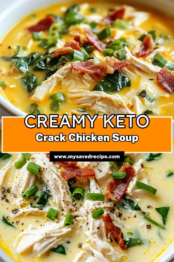 Discover the deliciousness of this Keto Crack Chicken Soup, a must-try for anyone seeking a creamy chicken soup that’s both satisfying and low in carbs. Perfect as a keto-friendly meal, this Crack Chicken recipe combines tender chicken, cream cheese, cheddar, and crispy bacon for a delightful twist. Ideal for meal prep, this low-carb soup is rich in flavor and easy to make. Try it today and save for later! #KetoChickenSoup #CrackChickenRecipe #LowCarbSoup #KetoFriendlyMeals
