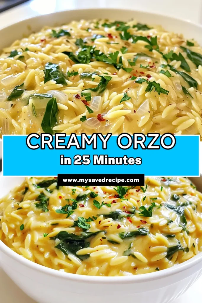 Indulge in the creamy goodness of Creamy Garlic Orzo Delight! This delightful dish combines tender orzo pasta with savory garlic, rich cream, and fresh spinach for a meal that's bursting with flavor. Perfect for a quick dinner, it's easy to make in just 25 minutes! Click through to discover the full recipe and enjoy a comforting bowl tonight. #GarlicOrzo #PastaRecipes #EasyMeals #ComfortFood