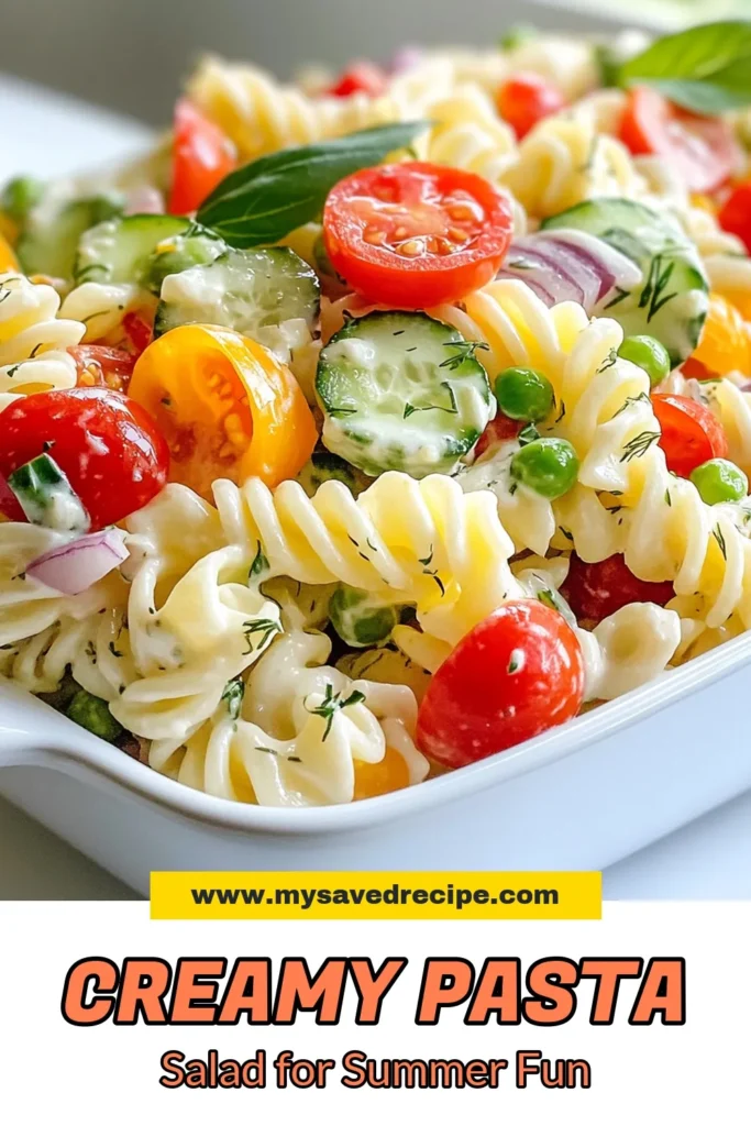Dive into this delicious Creamy Summer Pasta Salad that’s perfect for warm days! This Easy Cold Pasta Salad features fusilli pasta, fresh veggies, and a creamy dressing made with Greek yogurt and cream cheese. It’s a Healthy Pasta Salad Recipe that everyone will love. Perfect for picnics or potlucks, this Summer Pasta Salad Recipe is a must-try! Save this recipe now and enjoy a flavorful dish. #PastaSalad #SummerRecipes #HealthyEating #EasyRecipes