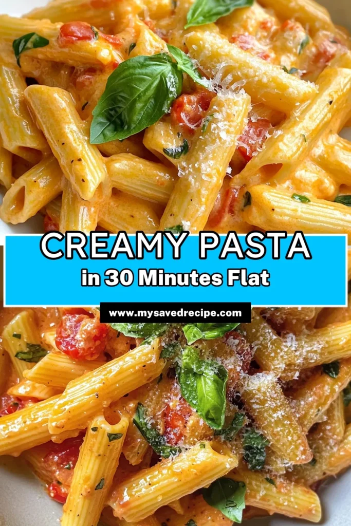 Try this delicious Vodka-Free Pasta Rosa, an easy penne pasta recipe that's perfect for busy weeknights! Featuring a creamy tomato basil pasta sauce made with heavy cream, crushed tomatoes, and aromatic herbs, this heavy cream pasta dish will satisfy your cravings without the alcohol. Ready in just 30 minutes, it's one of those quick Italian pasta recipes you’ll want to save. Click to discover the full recipe! #PastaRosa #QuickDinner #CreamyPasta #TomatoBasilPasta