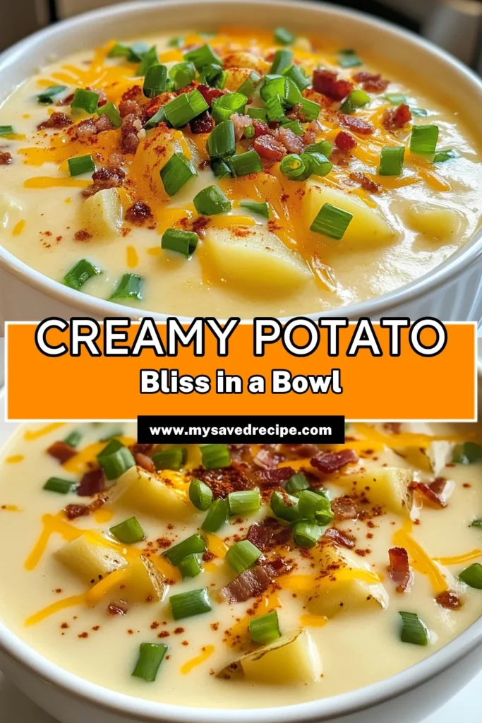 Warm up with this creamy baked potato soup that's perfect for any day! This loaded potato soup recipe combines tender russet potatoes, sharp cheddar cheese, and a rich blend of flavors to create the ultimate comfort food soup recipe. Quick to make and utterly delicious, your family will love this cheddar potato soup! Don't miss out—save this recipe today! #BakedPotatoSoup #ComfortFood #PotatoSoup #SoupRecipes