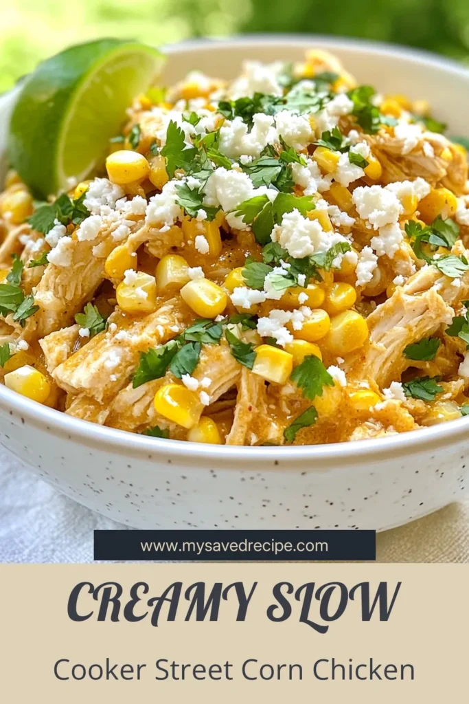 Discover the perfect blend of flavors with this Slow Cooker Street Corn Chicken recipe! Easy to make and packed with deliciousness, it's one of the best slow cooker chicken recipes you'll find. Enjoy creamy chicken with corn paired with the bold taste of a Mexican street corn recipe. Perfect for easy chicken dinners, this dish is a family favorite. Save this recipe for your next weeknight meal! #SlowCookerChicken #StreetCornChicken #EasyChickenDinners #MexicanStreetCorn
