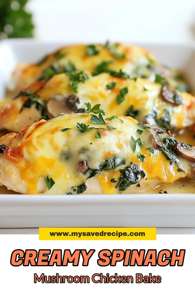 Looking for a hearty and nutritious meal? Try this Spinach Mushroom Chicken Bake! This creamy chicken recipe features tender chicken breasts topped with a delicious spinach and mushroom mixture, making it an easy chicken bake that's perfect for a healthy chicken dinner. Cheesy chicken casserole lovers will swoon over the gooey mozzarella and Parmesan. Save this recipe for a tasty weeknight dinner! #SpinachMushroomChickenBake #HealthyDinner #EasyRecipes #CheesyCasserole