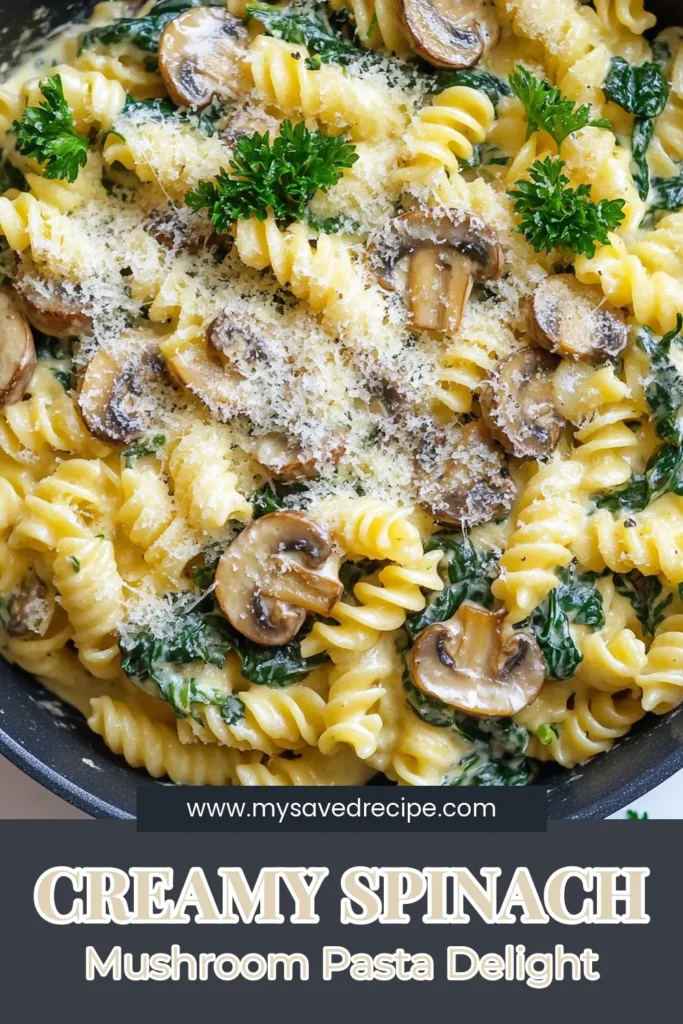 Indulge in this deliciously easy creamy pasta recipe featuring creamy Parmesan goodness with flavorful mushrooms and fresh spinach. This Mushroom Spinach Pasta is a delightful vegetarian dish perfect for busy weeknights. Ready in just 25 minutes, it’s the ultimate skillet pasta recipe that you’ll want to make over and over again. Try it today and enjoy a satisfying meal! Save this recipe for your next dinner! #PastaRecipe #VegetarianDinner #EasyRecipes #CreamyPasta