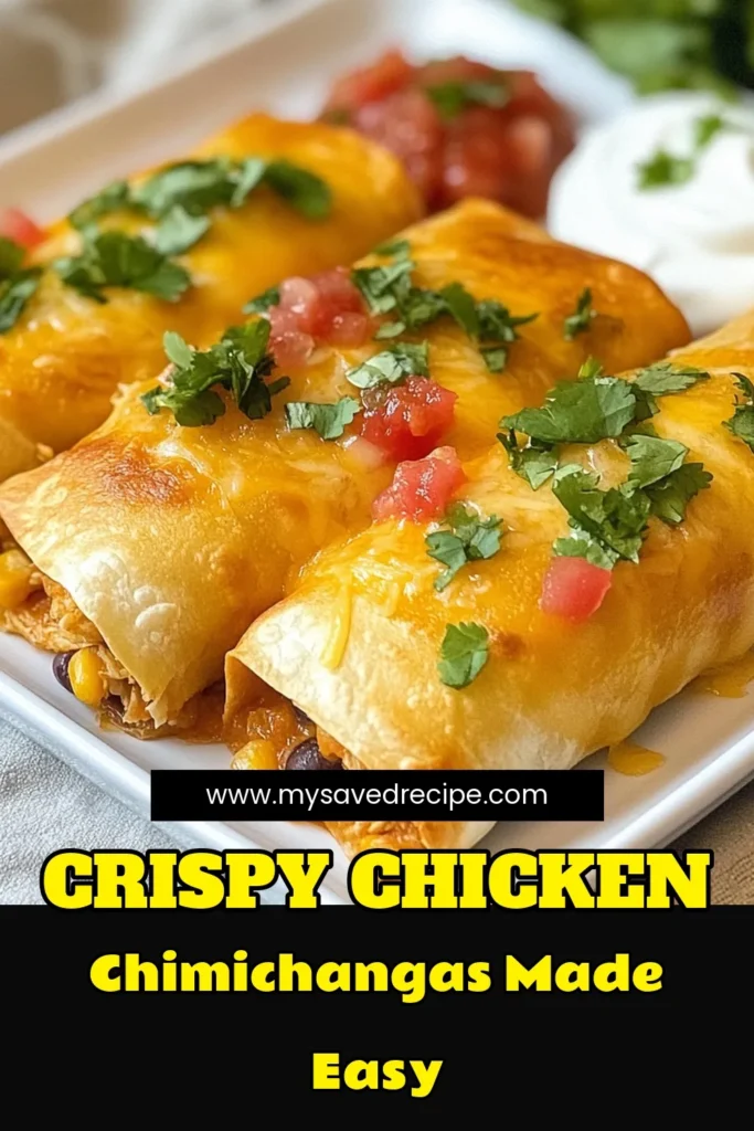 Enjoy the delicious crunch of crispy baked chicken chimichangas with this easy chimichangas recipe! Filled with a savory mixture of shredded chicken, black beans, corn, and cheese, these oven baked chicken chimichangas are perfect for a quick dinner. Serve with salsa and sour cream for added flavor. Don't miss out on this tasty chicken chimichanga recipe—save it now for your next meal! #Chimichangas #BakedRecipes #MexicanFood #ChickenDinner