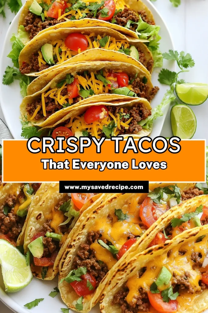 Spice up your homemade taco night with these crispy baked ground beef tacos! This easy ground beef taco recipe combines flavorful ingredients for the perfect oven-baked tacos. With just 35 minutes of prep time, you’ll have a delicious crispy taco feast that your family will love. Try this crispy taco recipe for a quick weeknight dinner or casual gathering. Save this recipe for your next taco night! #BakedGroundBeefTacos #CrispyTacoRecipe #EasyGroundBeefTacos #OvenBakedTacos