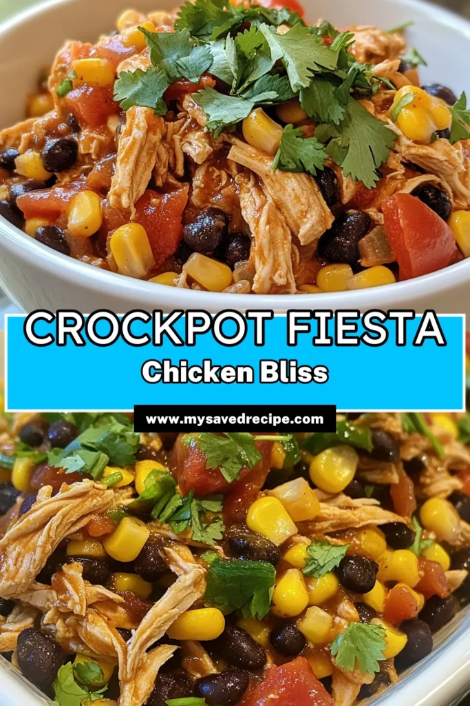 Discover the deliciousness of Fiesta Crockpot Chicken! This easy crockpot chicken recipe combines tender chicken breasts with black beans, corn, and spices for a flavorful meal. Perfect for slow cooker chicken tacos or a healthy chicken dinner, it's a must-try Mexican chicken crockpot recipe. Enjoy with tortilla chips or warm tortillas. Save this recipe for a tasty weeknight dinner! #FiestaCrockpotChicken #CrockpotRecipes #HealthyDinner #SlowCookerTacos
