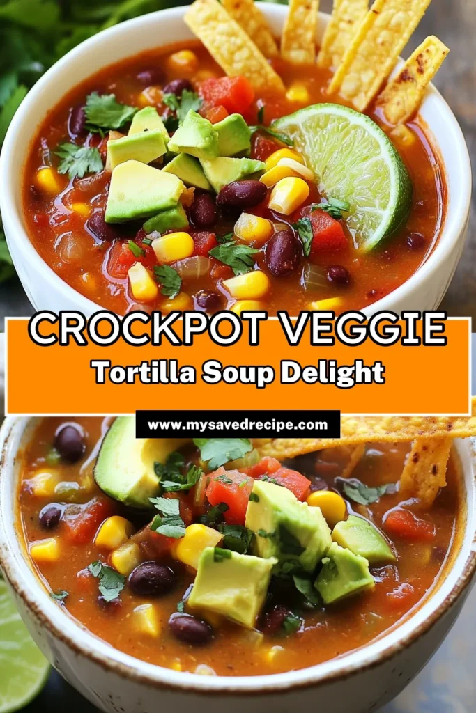 Discover how to make this delicious Crockpot Vegetarian Tortilla Soup, the ultimate easy vegetarian soup recipe! Packed with black beans, fresh veggies, and topped with creamy avocado, this healthy crockpot soup is perfect for busy days. Just combine ingredients and let your crockpot do the work. You’ll love the rich flavors and simplicity. Try this comforting vegetarian soup today! Save this recipe for later! #CrockpotRecipes #VegetarianSoup #HealthyEating #SoupSeason