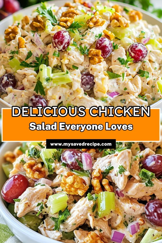 Try this crowd-pleasing chicken salad recipe that combines tender chicken, crunchy celery, sweet grapes, and toasted walnuts, all tossed in a healthy Greek yogurt dressing. Perfect for potlucks and easy to make, this easy chicken salad is a delicious way to enjoy a nutritious meal. Refresh your summer menu with this healthy chicken salad that everyone will love. Save this recipe for your next gathering! #ChickenSaladRecipe #HealthyEating #EasyRecipes #CrowdPleasing