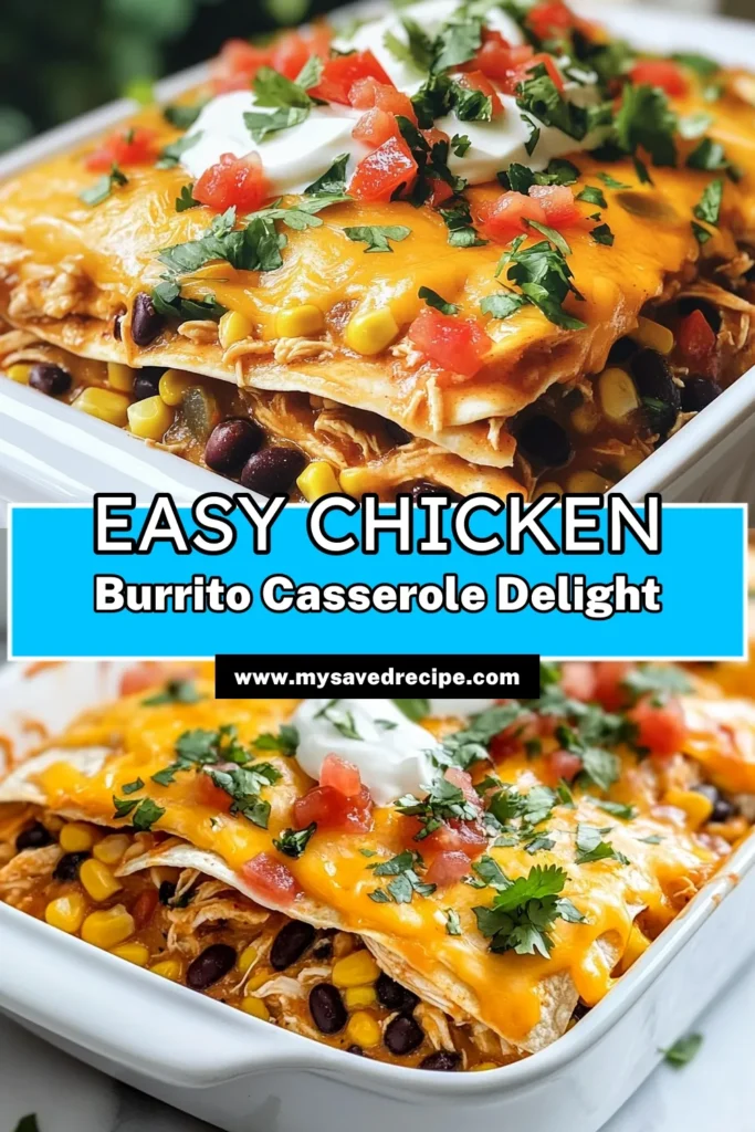 Discover the deliciousness of Chicken Burrito Casserole, an easy chicken casserole recipe that combines the best of Tex-Mex flavors! This healthy burrito bake is perfect for busy weeknights and can easily feed the whole family. Enjoy cheesy chicken tortilla casserole goodness in one dish! Don't miss out on this one-pot chicken and rice casserole that's ready in under an hour. Save the recipe for your next meal! #CasseroleRecipe #HealthyMeals #EasyRecipes #DinnerIdeas