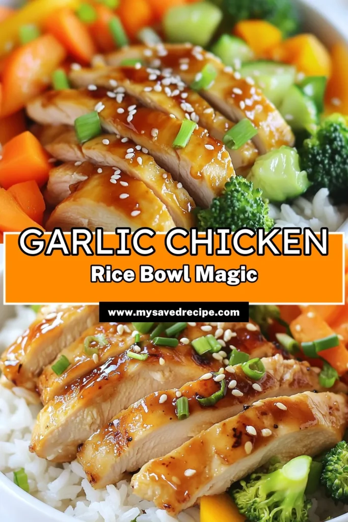 Savor the flavors of this Garlic Chicken Rice Bowl, a deliciously healthy chicken dinner that combines tender marinated chicken with fluffy jasmine rice. This quick chicken recipe is perfect for busy weeknights and features vibrant stir-fried vegetables for added nutrition. Elevate your dinner game with this easy garlic jasmine rice recipe that everyone will love! Save this recipe for a tasty meal tonight! #GarlicChickenRiceBowl #HealthyDinner #QuickRecipes #JasmineRiceRecipe