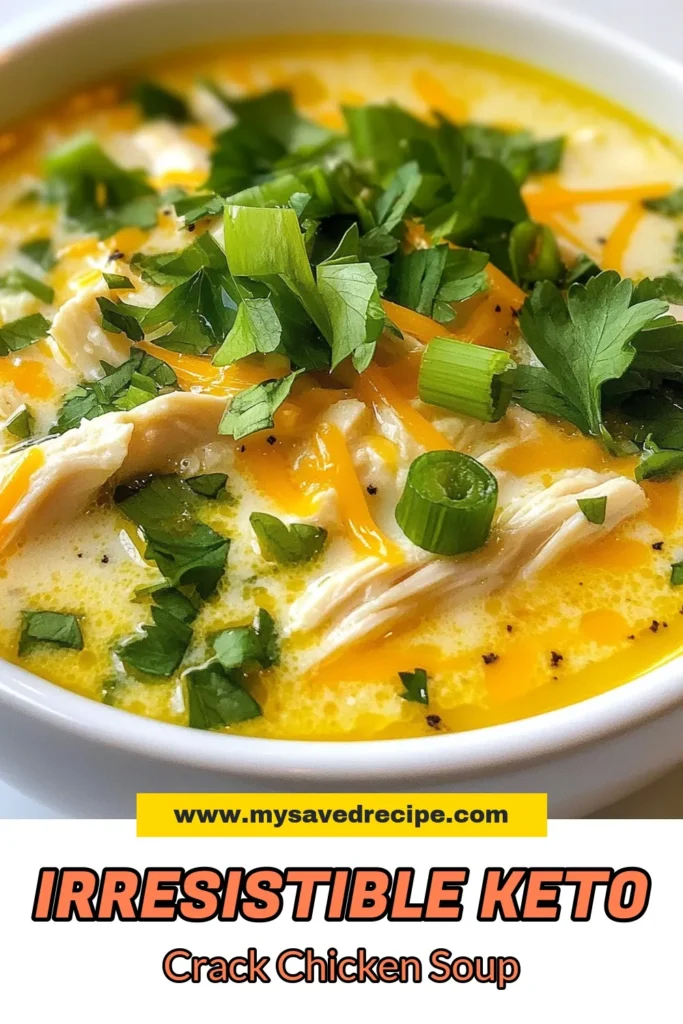 Craving a delicious low carb chicken soup? Try this Keto Crack Chicken Soup, a creamy chicken soup recipe that's perfect for your keto diet. Packed with flavors, it combines tender chicken, rich cream cheese, and cheddar for an easy chicken soup recipe that's comforting and satisfying. Ideal for a quick weeknight dinner! Save this keto-friendly soup for later and enjoy a warm bowl today. #KetoRecipes #LowCarb #ChickenSoup #KetoFriendly